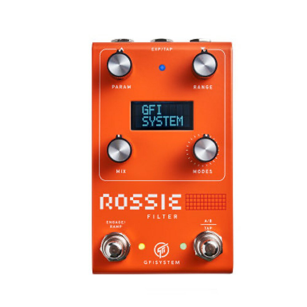 GFI SYSTEM ROSSIE (ロッシー) フィルター FILTER ギターエフェクターROSSIE（ロッシー）は、3種類のフィルター・アルゴリズムを搭載したマルチ・フィルターです。スラップの時に効果的なエンベロープ・フィルターや、ワウ・ペダルのように使える他、特殊なフィルタリング効果で飛び道具のようなサウンドまで作る事ができます。・3種類のフィルター・アルゴリズム・フットスイッチで呼び出せる2つのプリセット。・操作性の高い4つのボタンエンコーダー。・LCDスクリーン。・モノラル入出力。・エクスプレッション・ペダル ＆ TAPテンポ入力。・スイッチを踏んでいる間だけオンになるモメンタリー機能にも対応。--------------------------------------------------3種類のフィルター・アルゴリズム・ ENVELOP FILTER（エンベロープ・フィルター）ピッキングの強弱に反応するフィルター。オートワウの効果が得られます。・ STEP FILTER（ステップ・フィルター）最大8ステップのフィルターリングが、ステップ再生されます。フィルターを使用したアルペジオのような効果が得られます。・ MANUAL FILTER（マニュアル・フィルター）フィルターのシェイプ（バンドパスフィルター）を設定します。エクスプレッション・ペダルで操作すると、ワウ・ペダルのように使用できます。フィルター全てのフィルター・アルゴリズム内の、4種類のフィルターがコントロールできます。各フィルターのスイープ幅や周波数も調整できます。・ローパス・ハイパス・バンドパス・ピーキングミックスMIXコントロールで、ドライ信号とウェット信号のバランスを調整できます。原音の音程感を残しつつ、必要なだけエフェクトの効果をプラスする事が可能です。--------------------------------------------------製品仕様スペシフィケーション・Input impedance : 1 MOhm.・Output impedance : 1K Ohm.・DAC / ADC resolution : 24 bits.・重量 : 600g・寸法 : 12 (L) x 7.2 (W) x 5.5 (H) cm・電源 : 9VDC / 110mA センターマイナス （電源アダプター別売）