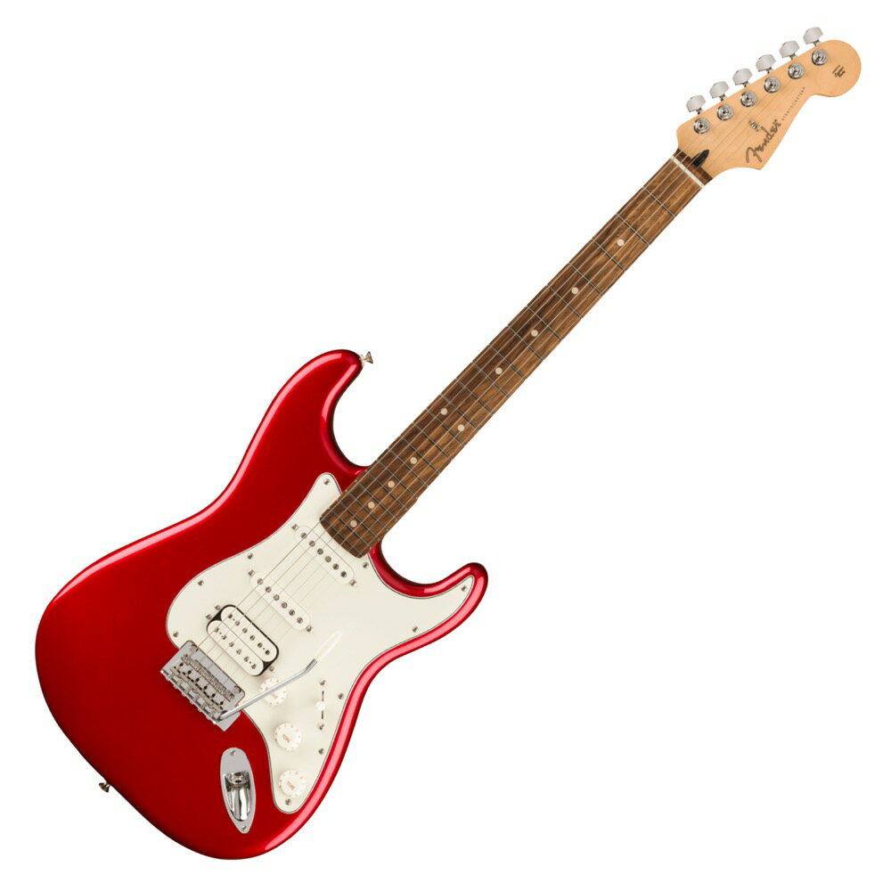 Fender フェンダー Player Stratocaster HSS PF Candy Apple Red エレキギターStratocasterの印象的なサウンドは、フェンダーサウンドの基礎になっています。鳴りの良いハイエンド、パンチの効いたミッド、力強いローエンドと言ったクラシックなサウンドに、歯切れの良いクリアなトーン。このフレキシブルなPlayer Stratocaster HSSは、フェンダーならではのフィーリングとスタイルを持つギターです。あらゆるスタイルに対応し、どんな音楽的ビジョンも叶えてくれるPlayer Stratocaster HSSは、オリジナルなサウンドを作り出すためのパーフェクトなプラットフォームと言えます。【スペック】Generalシリーズ：Playerオリエンテーション：Right-Handカラー：Candy Apple Red原産国：MXNeckネック：Mapleネックフィニッシュ：Satin Urethane Finish on Back of Neck with Gloss Urethane Headstock Faceネックシェイプ：Modern "C"フィンガーボードラジアス：9.5" (241 mm)FINGERBOARD MATERIAL：Pau Ferroポジションインレイ：White Dotサイドドットフレット数：22トラスロッド：Standardトラスロッドナット：3/16" Hex Adjustmentナット：Synthetic Boneナット幅：1.650" (42 mm)ナットの素材：Synthetic Boneボディボディ：Alderボディフィニッシュ：Gloss Polyesterボディシェイプ：Stratocasterボディ素材：AlderHardwareブリッジ：2-Point Synchronized Tremolo with Bent Steel SaddlesBRIDGE MOUNTING：2-Point Modernピックガード：3-Ply ParchmentPICKUP COVERS：Parchmentコントロールノブ：Parchment PlasticSWITCH TIP：Parchmentハードウェアフィニッシュ：Nickel/Chromeチューニングマシーン：Standard Cast/SealedSTRING TREES：Dual-Wingストリング：Fender USA 250L Nickel Plated Steel (.009-.042 Gauges), PN 0730250403TREMOLO ARM：Standard Tremolo ArmNECK PLATE：4-Bolt with "F" LogoSTRAP BUTTONS：StandardElectronicsブリッジピックアップ：Player Series Alnico 2 Humbuckingミドルピックアップ：Player Series Alnico 5 Strat Single-Coilネックピックアップ：Player Series Alnico 5 Strat Single-Coilピックアップコンフィギュレーション：HSSコントロール：Master Volume, Tone 1. (Neck/Middle Pickups), Tone 2. (Bridge Pickup)SWITCHING：5-Position Blade: Postion 1. Bridge Humbucking Pickup; Position 2. Middle Pickup and Inner Coil of Humbucker; Position 3. Middle Pickup; Position 4. Neck and Middle Pickup; Position 5. Neck Pickupケース/ギグバッグ:ソフトケース