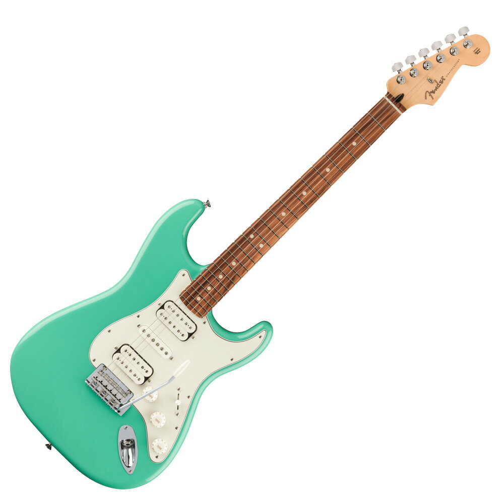 Fender フェンダー Player Stratocaster HSH PF Sea Foam Green エレキギターStratocasterの印象的なサウンドは、フェンダーサウンドの基礎になっています。鳴りの良いハイエンド、パンチの効いたミッド、力強いローエンドと言ったクラシックなサウンドに、歯切れの良いクリアなトーン。ファットなサウンドを持つPlayer Stratocaster HSHは、フェンダーならではのフィーリングとスタイルを持つギターです。あらゆるスタイルに対応し、どんな音楽的ビジョンも叶えてくれるPlayer Stratocaster HSHは、オリジナルなサウンドを作り出すためのパーフェクトなプラットフォームと言えます。【スペック】Generalシリーズ：Playerオリエンテーション：Right-Handカラー：Sea Foam Green原産国：MXNeckネック：Mapleネックフィニッシュ：Satin Urethane Finish on Back of Neck with Gloss Urethane Headstock Faceネックシェイプ：Modern "C"フィンガーボードラジアス：9.5" (241 mm)FINGERBOARD MATERIAL：Pau Ferroポジションインレイ：White Dotサイドドットフレット数：22トラスロッド：Standardトラスロッドナット：3/16" Hex Adjustmentナット：Synthetic Boneナット幅：1.650" (42 mm)ナットの素材：Synthetic Boneボディボディ：Alderボディフィニッシュ：Gloss Polyesterボディシェイプ：Stratocasterボディ素材：AlderHardwareブリッジ：2-Point Synchronized Tremolo with Bent Steel SaddlesBRIDGE MOUNTING：2-Point Modernピックガード：3-Ply BlackPICKUP COVERS：Parchmentコントロールノブ：Parchment PlasticSWITCH TIP：Parchmentハードウェアフィニッシュ：Nickel/Chromeチューニングマシーン：Standard Cast/SealedSTRING TREES：Dual-Wingストリング：Fender USA 250L Nickel Plated Steel (.009-.042 Gauges), PN 0730250403TREMOLO ARM：Standard Tremolo ArmNECK PLATE：4-Bolt with "F" LogoSTRAP BUTTONS：StandardElectronicsブリッジピックアップ：Player Series Alnico 2 Humbuckingミドルピックアップ：Player Series Alnico 5 Strat Single-Coilネックピックアップ：Player Series Alnico 2 Humbuckingピックアップコンフィギュレーション：HSHコントロール：Master Volume, Tone 1. (Neck/Middle Pickups), Tone 2. (Bridge Pickup)SWITCHING：5-Position Blade: Position 1. Bridge Pickup, Pos 2. Inside Coil Bridge Pickup/Middle Pickup, Pos 3. Middle Pickup, Pos 4. Middle Pickup/Outside Coil Neck Pickup, Pos 5. Neck Pickupケース/ギグバッグ:ソフトケース