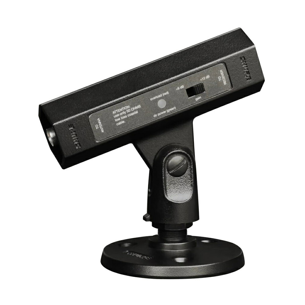 SHURE UA834WB ワイヤレスシステム アンテナブースター 470〜900MHz帯対応UA834は受信機とアンテナの間のケーブル長を延長しワイヤレス設置の柔軟性を高めます。アンテナをさらにステージ近くに設置したり、送信機との見通し線がよくなる壁や天井へのアンテナ設置も可能になります。【特徴】■ アンテナケーブルの引き回しによる損失を補償し、受信機から離れた場所へのアンテナの設置が可能。■ ゲインは、ケーブル長に応じて6dB(7.5m以下)または12dB(7.5m以上)を選択。■ 付属のマウンティングフランジ以外に、マイクスタンドへの取付も可能。■ 2台までの直列接続に対応。■ RFオーバーロードLEDを搭載。■ Shureワイヤレスシステムと互換。Shure UA845およびUA844アンテナ分配システムとの使用も可能。【仕様】● 形式：インラインアンテナアンプ● 周波数帯域：470〜900MHz● ゲイン： ・ゲイン切換スイッチ+6dB設定：6.0dB±2.0dB ・ゲイン切換スイッチ+12dB設定：12dB±2.0dB● コネクター：BNCメス型 ×2● インピーダンス：50Ω● 最大RF入力 レベル： +5dBm● RFオーバーロードLED閾値：-5dBm±2dBm● 電源：DC12V, 0.60〜0.72W （同軸ケーブルに重畳して供給）● 動作温度範囲：-7℃〜38℃● 寸法：幅112×高84×奥行32mm (マウンティングフランジ除く)● 質量：280g (マウンティングフランジ除く)、420g (マウンティングフランジ含む)● 付属品：マウンティングフランジ