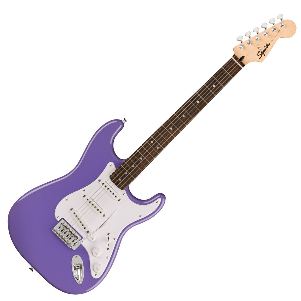 Squier スクワイヤー スクワイア Sonic Stratocaster LRL UVT エレキギター ストラトキャスターSquier Sonic Stratocaster なら、時間を飛び越えるようなスピードで、どんな音楽でもすぐにギターを始めることができます。象徴的なフェンダースタイル、そして刺激的なトーンをあらゆるプレーヤーにお届けします。この Strat は、薄く軽量なボディに、スリムで魅力的な「C」シェイプネックが相まって、快適な演奏性をもたらします。3基のSquier シングルコイルピックアップはクリスタルのようにクリアで多彩なトーンを奏でます。その他、表現力豊かなビブラートを奏でるトレモロブリッジ、スムーズで正確なチューニングが可能なシールドギアチューニングマシン、耐久性のあるクロムメッキハードウェアなど、魅力的な特徴を数多く備えています。●Features・薄く軽量なボディ設計・Squier Single-Coilピックアップを搭載・6サドル式トレモロブリッジ・シールドギアチューニングマシン・クロムハードウェア【スペック】・プロダクトネーム：Squier Sonic Stratocaster, Laurel Fingerboard, White Pickguard, Ultraviolet・モデル番号：0373150517・シリーズ：Squier Sonic・オリエンテーション：Right-Hand・カラー：Ultraviolet・原産国：ID・ネック：Bolt-On・ネックフィニッシュ：Satin Urethane・ネックシェイプ："C" Shape・ネック：Bolt-On・フィンガーボードラジアス：9.5" (241 mm)・フィンガーボードの素材：Indian Laurel・ポジションインレイ：Pearloid Dot・フレット数：21・トラスロッド：Single-Action・トラスロッドナット：4 mm Hex・ナット：Synthetic Bone・ナット幅：1.650" (42 mm)・ナットの素材：Synthetic Bone・ボディ：Poplar・ボディフィニッシュ：Gloss Polyurethane・ボディシェイプ：Stratocaster・ボディ素材：Poplar・ブリッジ：6-Saddle Vintage-Style Synchronized Tremolo with Block Saddles・ピックガード：1-Ply White・コントロールノブ：White Plastic・Switch Tip：White・ハードウェアフィニッシュ：Chrome・チューニングマシーン：Die-Cast Sealed・ストリング：Nickel Plated Steel (.009-.042 Gauges)・ネックプレート：4-Bolt Squier・ストラップボタン：Vintage-Style・ブリッジピックアップ：Ceramic Single-Coil・ミドルピックアップ：Ceramic Single-Coil・ネックピックアップ：Ceramic Single-Coil・ピックアップコンフィギュレーション：SSS・コントロール：Master Volume, Tone 1. (Neck/Middle Pickups), Tone 2. (Bridge Pickup)・スウィッチ：5-Position Blade: Position 1. Bridge Pickup, Position 2. Bridge and Middle Pickup, Position 3. Middle Pickup, Position 4. Middle and Neck Pickup, Position 5. Neck Pickup・フレットサイズ：Narrow Tall・スケール：25.5" (64.77 cm)・トラスロッドレンチ：4 mm Hex (Allen)・スタイル：3 Single-Coil