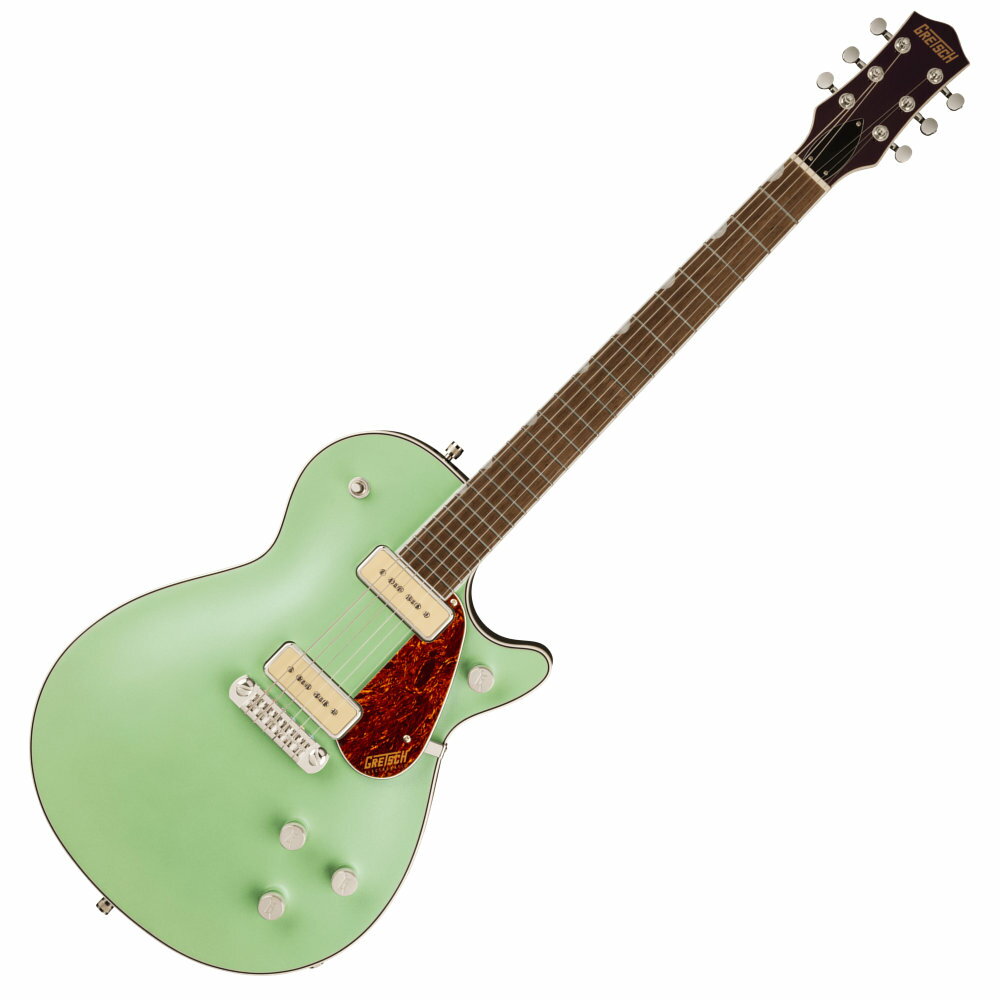 GRETSCH G5210-P90 ELECTROMATIC JET TWO 90 SINGLE-CUT WITH WRAPAROUND TAILPIECE BDWYElectromatic Jetは、無駄を一切排除した、完璧でピュア、そしてパワフルなGretschギターです。大胆でダイナミック、そして明瞭なグレッチ本来のサウンド、洗練されたスタイリング、そして快適な演奏性を備えた、ワンランク上の楽器を求めるプレイヤーに最適な楽器です。G5210-P90 Electromatic Jet Two 90 Single-Cut with Wraparound Tailpieceは、Jetのパワーと機能性をそのままに、お求めやすい驚くべき価格でご提供します。主な特徴：・力強いサウンドと優れた音響バランスを実現するメイプルトップのチェンバードマホガニーボディ・低めにセッティングされたThin “U”マホガニーネック・12インチラジアスローレル指板、22本のミディアムジャンボフレットとパーロイドNeo-Classicサムネイルインレイ・新開発のP-90E Single-Coilピックアップを搭載・トレブルブリード回路付きマスターボリューム、マスタートーン、各ピックアップのボリュームコントロール・調整可能なラップアラウンドテイルピース・ニッケルハードウェア製品ハイライト：【メイプルトップのチェンバードマホガニーボディ】チェンバードマホガニーボディにメイプルトップを備え、豊かなローミッドと、滑らかで存在感のあるハイエンドを実現。【新開発のP-90Eピックアップ】P-90E Single-Coilピックアップが、ワイドでバランスのとれた透明感のあるトーンを生み出し、厚みのあるアグレッシブなオーバードライブから澄み渡るクリーントーンまで、優れた明瞭度とトーンバランスを実現。【多彩なコントロール】各ピックアップのボリュームコントロール、マスタートーン、トレブルブリード回路付きマスターボリュームとを備え、直感的なサウンド設計が可能です。Body Material: MahoganyBody Finish: GlossNeck: Mahogany, Thin “U”Neck Finish: Foto Flame (593), Gloss (546, 548, 570)Fingerboard: Laurel, 12” (305 mm)Frets: 22, Medium JumboPosition Inlays: Pearloid Neo-ClassicTM Thumbnail (Laurel)Nut (Material/Width): Synthetic Bone, 1.6875” (42.86 mm)Tuning Machines: Die-Cast SealedScale Length: 24.6” (625 mm)Bridge: Adjustable Wrap-AroundPickups: P-90E Single-Coil (Bridge), (Middle), P-90E Single-Coil (Neck)Pickup Switching: 3-Position Toggle: Position 1. Bridge Pickup, Position 2. Bridge And Neck Pickups, Position3. Neck PickupControls: Volume 1. (Neck Pickup), Volume 2. (Bridge Pickup), Master Volume, Master ToneControl Knobs: G-ArrowHardware Finish: NickelStrings: Nickel Plated Steel (.010-.046 Gauges)Case/Gig Bag: Optional Case (p/n 099-6474-000); Gig Bag (p/n 099-6460-000)