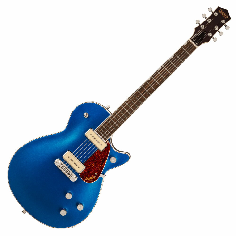 GRETSCH G5210-P90 ELECTROMATIC JET TWO 90 SINGLE-CUT WITH WRAPAROUND TAILPIECE FRLNElectromatic Jetは、無駄を一切排除した、完璧でピュア、そしてパワフルなGretschギターです。大胆でダイナミック、そして明瞭なグレッチ本来のサウンド、洗練されたスタイリング、そして快適な演奏性を備えた、ワンランク上の楽器を求めるプレイヤーに最適な楽器です。G5210-P90 Electromatic Jet Two 90 Single-Cut with Wraparound Tailpieceは、Jetのパワーと機能性をそのままに、お求めやすい驚くべき価格でご提供します。主な特徴：・力強いサウンドと優れた音響バランスを実現するメイプルトップのチェンバードマホガニーボディ・低めにセッティングされたThin “U”マホガニーネック・12インチラジアスローレル指板、22本のミディアムジャンボフレットとパーロイドNeo-Classicサムネイルインレイ・新開発のP-90E Single-Coilピックアップを搭載・トレブルブリード回路付きマスターボリューム、マスタートーン、各ピックアップのボリュームコントロール・調整可能なラップアラウンドテイルピース・ニッケルハードウェア製品ハイライト：【メイプルトップのチェンバードマホガニーボディ】チェンバードマホガニーボディにメイプルトップを備え、豊かなローミッドと、滑らかで存在感のあるハイエンドを実現。【新開発のP-90Eピックアップ】P-90E Single-Coilピックアップが、ワイドでバランスのとれた透明感のあるトーンを生み出し、厚みのあるアグレッシブなオーバードライブから澄み渡るクリーントーンまで、優れた明瞭度とトーンバランスを実現。【多彩なコントロール】各ピックアップのボリュームコントロール、マスタートーン、トレブルブリード回路付きマスターボリュームとを備え、直感的なサウンド設計が可能です。Body Material: MahoganyBody Finish: GlossNeck: Mahogany, Thin “U”Neck Finish: Foto Flame (593), Gloss (546, 548, 570)Fingerboard: Laurel, 12” (305 mm)Frets: 22, Medium JumboPosition Inlays: Pearloid Neo-ClassicTM Thumbnail (Laurel)Nut (Material/Width): Synthetic Bone, 1.6875” (42.86 mm)Tuning Machines: Die-Cast SealedScale Length: 24.6” (625 mm)Bridge: Adjustable Wrap-AroundPickups: P-90E Single-Coil (Bridge), (Middle), P-90E Single-Coil (Neck)Pickup Switching: 3-Position Toggle: Position 1. Bridge Pickup, Position 2. Bridge And Neck Pickups, Position3. Neck PickupControls: Volume 1. (Neck Pickup), Volume 2. (Bridge Pickup), Master Volume, Master ToneControl Knobs: G-ArrowHardware Finish: NickelStrings: Nickel Plated Steel (.010-.046 Gauges)Case/Gig Bag: Optional Case (p/n 099-6474-000); Gig Bag (p/n 099-6460-000)