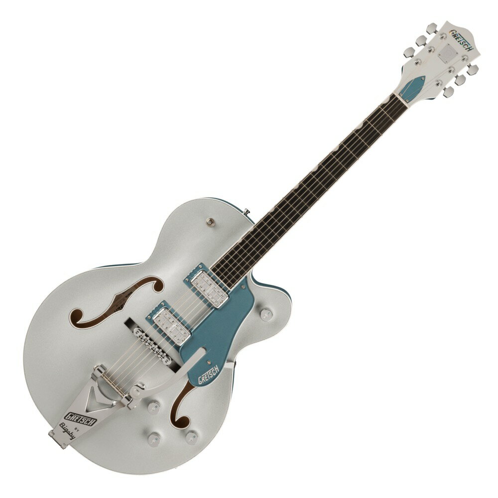 GRETSCH グレッチ G6118T-140 LTD 140th Anniversary エレキギター2023年、Gretschブランドは創業年から”ダブルプラチナ”となる140周年という大きな節目を迎えます。140年にわたる確かなサウンドを祝して開発されたLimited Edition G6118T-140 は、インスピレーションに満ちたグレッチの歴史を称え、次世代のサウンドスケープを作り出すプレイヤーに優れたパワーとトーンを提供します。主な特徴：・ソリッドアディロンダックレッドスプルーストップ、メイプルバック＆サイド・MLブレイシング・22本のミディアムジャンボフレットと、パーロイドNeo-Classic サムネイルインレイを備えた、12インチラジアスエボニー指板 ・FT-67 Filter Tronハムバッカー・エボニーベースのAdjusto-Maticブリッジ・ストリングスルー式のBigsby B6CPテイルピース・Gotohロッキングチューナー・140周年記念ヘッドプレート・クロムハードウェア・ニトロセルロースラッカーフィニッシュ・Gretsch 16インチデラックスホロウボディハードシェルケース付属製品ハイライト：【MLブレイシングのアディロンダックレッドスプルーストップ】16インチ幅のホロウボディにソリッドアディロンダックレッドスプル ースをトッピング、バック＆サイドにはラミネートメイプルを採用しています。内部はMLブレイシングで補強されています。【フラッグシップFT-67 Filter Tronピックアップ】FT-67 Filter Tronハムバッカーは、ヴィンテージGretschヴォイシングを再現しつつ、現代の演奏スタイルに合わせたトーンが得られるように設計されています。このパワフルなピックアップは、オープンで煌めくトップエンド、艶のあるミッドレンジ、力強いローエンド、バランスの取れたハーモニクスを提供し、バンドアンサンブルで他の楽器とシームレスにブレンドする音色を実現します。【多彩なコントロール】各ピックアップのボリュームコントロール、マスターNo-Loadトーン、トレブルブリード回路付きマスターボリュームとを備え、直感的なサウンド設計が可能です。【140周年記念仕様】G6118T-140は、Stone Platinumのボディバック＆サイドにPure Platinumのボディトップを重ねたフィニッシュで、ピックガードとピックアップベゼル、G-Arrowコントロールノブ、シルバーバインディング、140周年記念ヘッドプレートが付いたマッチングヘッドストックといった特別な仕様でまとめ上げられています。See lessFEATURESソリッドアディロンダックレッドスプルーストップ、メイプルバック＆サイドMLブレイシング22本のミディアムジャンボフレットと、パーロイドNeo-Classic サムネイルインレイを備えた、12インチラジアスエボニー指板FT-67 Filter TronハムバッカーエボニーベースのAdjusto-Maticブリッジストリングスルー式のBigsby B6CPテイルピースGotohロッキングチューナー140周年記念ヘッドプレートクロムハードウェアニトロセルロースラッカーフィニッシュGretsch 16インチデラックスホロウボディハードシェルケース付属【SPEC】Generalシリーズ：Professional Collectionオリエンテーション：Right-Handカラー：Two-Tone Pure Platinum/Stone Platinum原産国：JPNeckヘッドストック：バインディングネック：Mapleネックフィニッシュ：Gloss Nitrocellulose Lacquerネックシェイプ：Standard "U"ネック：Set-Neckフィンガーボードラジアス：12" (305 mm)フィンガーボードの素材：Ebonyポジションインレイ：Pearloid Neo-Classic Thumbnailサイドドットフレット数：22ナット：Boneナット幅：1.6875" (42.86 mm)ナットの素材：Boneボディボディ：Laminated Mapleボディフィニッシュ：Gloss Nitrocellulose Lacquerボディシェイプ：Anniversaryボディトップ：Solid Adirondack Red Spruceボディバインディング：White with Black PurflingボディバックAr：ched Laminated MapleBODY STYLE：Gretsch Hollow Body Guitarsボディ素材：Laminated MapleCUTAWAY：Single Cutawayブレイシング：ML Bracingウェイスト：9.5" (241mm)SOUND HOLE：F-Holes, BoundHardwareブリッジ：Adjusto-Matic with Ebony Baseブリッジカバー/テイルピース：Bigsby B6CP String-ThruBRIDGE MOUNTING：Pinnedピックガード：Stone Platinum Plexi w/ Silver Gretsch Logoピックアップカバー：Chromeコントロールノブ：Jeweled ArrowSWITCH TIP：Chromeハードウェアフィニッシュ：Chromeチューニングマシーン：Gotoh Lockingストリング：Nickel Plated Steel (.011-.049 Gauges)ストラップボタン：Grover Strap LocksElectronicsブリッジピックアップ：FT-67 Filter’Tronネックピックアップ：FT-67 Filter’Tronピックアップコンフィギュレーション：Filter'Tron / Filter'Tronコントロール：Volume 1. (Neck Pickup), Volume 2. (Bridge Pickup), Master Volume, Master Toneスウィッチ：3-Position Toggle: Position 1. Bridge Pickup, Position 2. Bridge and Neck Pickups, Position 3. Neck Pickupケース/ギグバッグ:Included: 099-6411-000 G6241 Deluxe Hardshell Case