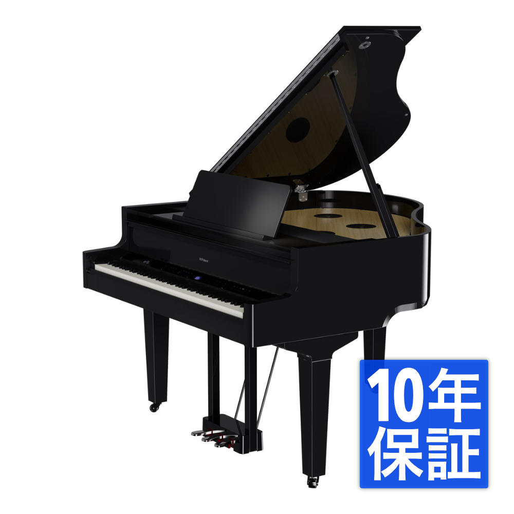 【組立設置無料サービス中】 ROLAND GP-9-PES Digital Piano ブラック デジタルグランドピアノ 電子ピアノご注文からお届けまでの流れ （1）お客様からのご注文→（2）chuya-onlineより納品可能日のご案内→（3）納品希望日をお申し付けください→（4）配送業者様からお客様へ納品日確認の連絡→（5）納品＆組み立て設置メーカー指定の専門業者による組立、設置ですので安心＆楽々!!※本製品は安心の専門業者による配送/組み立て設置無料対象商品です。下記の点にご注意ください。・お支払い方法には代金引換がお選び頂けません（クレジットカード/銀行振込/郵便振替のみ）。・一部離島地域等で設置配送サービスがご提供できない事がございます。・同梱不可商品となります。他の商品を合わせてご購入の場合はお手数ですが別々にご注文手続きをお願いいたします。本製品はメーカー10年保証の対象商品です。令和6年3月29日以降にご購入のお客様は、購入後Roland Backstageサイトからユーザー登録を行うことで保証期間が購入から10年間に延長されます。保証書と購入日のわかる書類を併せて保管いただきますようお願いします。また10年保証は日本国内の楽器販売店にて新品でご購入いただいた製品(中古品で入手された製品は対象外)で、日本国内で使用された場合のみが対象となります。保証内容はメーカー保証規定に準拠し、取り扱い説明書に従った通常使用の範囲内となります。進化した現代のデジタル・グランドピアノGP-9は、最高峰のピアノの弾き心地を目指して開発された、ローランドの最新技術が詰まったプレミアムなデジタル・グランドピアノです。エレガントな曲線と音の響きを考慮し、細部にまでこだわったデザインによる、洗練されたアコースティック・グランドピアノらしいフォルム。内蔵の音、鍵盤タッチ、スピーカー・システムにおいてもアコースティック・グランドピアノさながらの弾き心地を提供します。調律不要のため長く安心して使うことができ、また練習が楽しくなる内蔵コンテンツやBluetooth機能など、現代のライフスタイルにマッチするデジタルならではの便利な機能も充実しています。優雅なキャビネット・デザインGP-9は、なだらかな曲線や直線、黒塗/白塗鏡面艶出し塗装仕上げにより、伝統的かつ優雅なデザインを実現しています。また、アコースティック・グランドピアノと同じように、大屋根の開閉によって音の響きを調整することができるほか、ピアノを弾かないときは屋根を閉じてフルフラットにすることもできます。操作パネルはタッチスイッチ式を採用し、わかりやすいアイコンで直感的に操作できます。さらに、パネルのバックライトをオフにすれば、アコースティック・ピアノを弾く感覚で演奏に集中できます。ピアノ・リアリティ・テクノロジーローランドは、音源、鍵盤、ペダル、スピーカーなど、グランドピアノの音やタッチを実現する多くの要素や、それらの複雑な相互作用について長年研究してきました。GP-9は、この長年の研究から生まれた技術の結晶である「ピアノ・リアリティ・テクノロジー」を採用。それぞれの部分がシームレスに連携するようつくり込むことで、すばらしい表現力で本格的なピアノ演奏を楽しむことができます。表現力豊かな音ピアノ・リアリティ・モデリング・コンサート音源は、独自の最新テクノロジーにより、アコースティック・グランドピアノの音をつくるすべてのパーツや要素のふるまいを再現することで、生きたピアノ音を創り出し、まるでコンサート・グランドピアノを弾いているかのような響きを実現します。さらに、スタジオやコンサート・ホール、大聖堂といった、演奏する空間の音響特性をモデリングしており、あたかもその場所で弾いているような響きを感じて演奏できます。また、最大同時発音数が無制限なので、音数が多く、ダンパーを多用する曲でも、豊かな音や余韻まで、余すところなく思いのままの演奏表現をかなえます。グランドピアノさながらの鍵盤タッチピアノ・リアリティ・ハイブリッド・コンサート鍵盤は、ハンマー・アクション、グランドピアノ特有のクリック感を再現したエスケープメント機構を備えた、木材と樹脂によるハイブリッド構造の鍵盤です。アコースティック・グランドピアノ演奏時に指先で感じる自然な振動を再現した鍵盤振動機能も備えています。鍵盤の表面を吸湿性のある独自素材の象牙調・黒檀調とすることで、高級感のある見た目に加え、指なじみがよく優れた演奏性を実現しています。また、新しいセンシング技術により、鍵盤を押してからセンサーが反応するまでの時間を高速化することで、弾き方によって異なる音の違いをより忠実に反映します。また、高性能なダンパー／ソフト／ソステヌートの3本ペダルを装備。ダンパー・ペダルはアコースティック・グランドピアノ同様の踏み込み時の荷重変化や連続検出を再現し、ハーフ・ペダル時の微妙な余韻の響きを表現可能。さらに、センシング技術を活かしたダンパー・モデリングを採用することで、ダンパー・ノイズのほか、ペダルを速く踏み込んだり、戻す際の物理的なノイズも再現。ペダリング時のノイズをコントロールするより高度な練習にも対応します。奏者を包み込むサウンドGP-9は、キャビネットのデザインやサイズに合わせた独自の「ピアノ・リアリティ・プロジェクション・コンサート・サウンドシステム」を採用。音源からアンプまでの回路をフルデジタル化し、音声信号を劣化させることなくクリアでノイズレスなサウンドを実現しています。また、ピアノの各部から聴こえる音を7.1ch スピーカーを使い分けて鳴らすことで、アコースティック・グランドピアノ特有の動きのある音声を再現しています。豊かで力強い音やアンビエンスの響き等を鳴らす各スピーカーに加え、演奏者に近い中央位置にスピーカーを追加することにより、中音域の音が忠実に再現され、演奏する鍵盤位置に合わせて低音域から高音域まで左右に流れる音の動きがよりリアルに感じられます。自分好みの音やタッチ感にカスタマイズGP-9には、世界一流のグランドピアノの音が搭載されており、手軽にいろいろなピアノ音を楽しむことができます。特に上級者の方はピアノ・デザイナー機能を使って、音や鍵盤タッチを自分好みにカスタマイズすることもできます。88鍵チューニングや音の明るさの調整、また鍵盤タッチの重さやキャビネットによる共鳴音の度合いなど、細部にわたる調整が可能です。ピアノ・デザイナー機能は、アプリの「ピアノ・デザイナー」を使ってわかりやすく調節することもできます。モバイル端末とのワイヤレス接続Bluetooth機能を使ってモバイル端末とワイヤレスで接続することで、ピアノの楽しみをさらに広げることができます。Bluetoothオーディオでピアノ本体の上質なスピーカーでお気に入りの曲を再生して楽しんだり、曲と一緒にセッションのような演奏を楽しむことができます。また、Bluetooth MIDIを使用して、音楽制作アプリで作曲することもできます。 さらに、USBコンピューター端子とUSBメモリー端子も装備。ピアノをパソコンやUSBメモリーと接続することで音楽の楽しみ方が広がり、自分の演奏をさまざまな形で共有することも可能です。オリジナル無料アプリ「Roland Piano App」GP-9は、オリジナル無料アプリ「Roland Piano App」に対応しています。スマートフォンやタブレット上でピアノの操作ができるリモコン機能では、音色の選択やメトロノームの設定、録音機能など、さまざまな機能をスマホやタブレット上の見やすい画面で操作することができます。内蔵曲やRoland Cloud上に追加される楽譜リストから選んで譜面を表示すれば、ピアノを買ってすぐに練習を始められます。そのほか、目標設定ができるタイムライン、音当てゲーム、伴奏機能など、ピアノのレッスンに役立つ楽しい機能が充実しています。One Week Masterでは、自分のレベルやペースに合わせて、1週間程度で新しい曲の演奏を学ぶこともできます。デジタルならではの機能GP-9は、アコースティック・グランドピアノよりもはるかに軽量なため、簡単に移動することができ、調律の必要もありません。音量調節も簡単にできて、ヘッドホンを接続すれば、夜間など好きな時間に演奏することが可能。また、メトロノームはリズム・パターンも備え、日々の練習で楽しくリズム感を養うことができます。ツイン・ピアノでは、鍵盤を2つの同じ音域に分けることで、家族や友人と一緒に演奏を楽しめます。