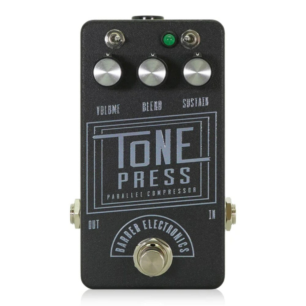 Barber Electronics Tone Press V4 Black コンプレッサー ギターエフェクターBarber Electronics Tone Press V4は、接続してすぐにプレイできるシンプルなコンプレッションペダルです。クラシックな最高のコンプレッションと昔ながらのレコーディングテクニックを組み合わせ、革新的なコンプレッサーが生まれました。多くのクラシックギターコンプレッサーを研究し、多くのコンポーネントを確認しました。ヴィンテージデザインを持つ人気のクラシックコンプレッサーはギターの位相が逆になり、音符の先頭でアタックが潰れることがあります。それを回避するためにAttackコントロールが用いられることがありますが、調整が難しく、真の解決策とは言えません。ソリューションは並列回路でした。ニューヨークで生まれたレコーディングテクニックから生まれたこの発想を、Baeber Electronics独自の連続ブレンド回路で使用し、ディスクリートクラスA FETミキサーと組み合わせてギターシグナルの位相を補正し、クラシックなコンプレッサーと連続的にブレンドできるようにしました。その結果、ギタープレイヤーが望んだナチュラルなサステインとレゾナンスを備え、アタックを保つトーンが生まれました。このペダルの制御に、スタジオ工学は必要ありません。Tone Press V4のBLENDコントロールは100％ドライから100%ウェットまで調整できます。最高のパラレルコンプレッションでは50％以上のドライブレンドと高いサステイン設定が行われることがあります。また、2つのトグルスイッチで速いプレイに対応し、音色に高域を加えることができます。●コントロール・左上のトグルスイッチ：Speedスイッチです。左側ではFastセッティングで、速いプレイに合わせたレスポンスとなります。・右上のトグルスイッチ：Brillianceスイッチです。左側ではノーマルEQレスポンスとなり、フラットに近いトーンです。右側ではトップエンドを強調し、美しいトーンを作ります。・VOLUME：音量を調整します。・BLEND：コンプレッサーとクリーントーンをブレンドします。・SUSTAIN：コンプレッサーの強さを調整します。Tone Press V4はセンターマイナスDC9Vアダプターで動作します。消費電流は10mAです。【Barber Electronics】Barber Electronicsは、長年にわたり独自の設計で多くのエフェクターを制作 しています。明瞭で幅広いトーン、柔軟な機能を持ち、ミュージシャンのた めにDavid Barberによって制作されています。Barber Electronicsのエフェク ターは全て手作りですがブティックではありません。種類：コンプレッサーアダプター：9Vセンターマイナス電池駆動：-コントロール：VOLUME、BLEND、SUSTAIN、スイッチ