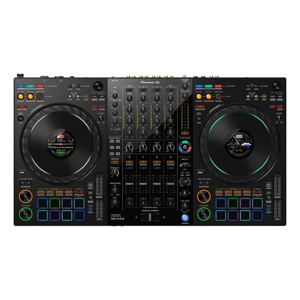 Pioneer DJ パイオニアDJ DDJ-FLX10 DJコントローラーDDJ-FLX10はDJがダンスフロアで重視するビートとボーカルに着目し、クイックなライブマッシュアップなどの演奏を可能にする新機能を搭載しており、これまで以上にクリエイティブで革新的なパフォーマンスを実現します。主な特徴革新的なTRACK SEPARATION機能TRACK SEPARATION機能を使用すれば、普段のDJプレイと同じように楽曲をロードするだけで、音楽を構成するVOCAL、DRUMS、INSTのパートごとの操作が可能になります。パートごとにボタンが色分けされているので、常に何が演奏されているかを視覚的に把握することができ、従来のDJ機器では実現できなかった革新的なパフォーマンスを実現します。普段利用している楽曲ライブラリを使って、想像力次第で無限にクリエイティブな演奏を生み出すことが可能です。・ACTIVE PART ＆ PART ISOパートごとのミュートや音量コントロールにより、新しいミックスやマッシュアップを実現。・FX PART SELECT特定のパートだけをエフェクトで加工した、リミックスパフォーマンスを実現。・PART INSTANT DOUBLES特定のパートだけを異なるデッキに分離してスクラッチするなどのパフォーマンスを実現。表示情報のカスタマイズを可能にする進化したON JOG DISPLAYDJコントローラー「DDJ-1000」から進化したON JOG DISPLAYでは、表示する情報を全4種類から選択できます。新機能MIX POINT LINKの操作情報、rekordboxボーカル位置解析情報、PERFORMANCE PADSのステータスなど、演奏に必要な情報を手元で確認することができます。さらに、波形は当社フラッグシップマルチプレイヤー「CDJ-3000」同様に、3Band波形（rekordbox使用時のみ）で表示できます。・DECK INFO MODE：全体波形を含むデッキの情報を表示します。（Serato DJ Pro使用時は、Serato DJ Proのバーチャルデッキを表示します。）・WAVEFORM MODE：2デッキ分の拡大波形を表示します。・ARTWORK DISPLAY：保存されている楽曲のアートワークを表示します。・DJ LOGO DISPLAY：PC/Mac用のIMAGE TRANSFER TOOLを用いて、お好みの画像を表示します。楽曲をシームレスかつスムースにつなげる新たなMIX POINT LINK機能新たに搭載したrekordboxのMIX POINT LINK機能は、ミックス中の楽曲展開をシームレスかつスムースにつなぐことを可能にします。例えば、現在流れている楽曲のサビが終わるタイミングで次の楽曲のサビが始まる、というように、ミックスされている楽曲が切り替わるポイントをリンクさせ、次の楽曲の再生開始を予約することができます。これにより、狙ったタイミングでPLAYボタンを押す手間が省かれ、空いた時間をマッシュアップやエフェクトなどを使用したクリエイティブな操作に使うことができます。手軽にダイナミックな照明演出を可能にするDMX端子の搭載本機は、照明のコントロールに用いるDMX端子をDJコントローラーに搭載したことにより、お手持ちの照明機材と直接つなぐだけでオーディエンスを魅了する照明演出を実現できます。rekordboxのLIGHTING機能と連携することで、楽曲の展開に合わせて、自動的に照明の色や抑揚を制御することができるだけでなく、お好みで照明の色やムードをカスタマイズすることもできます。進化した4センサー方式MAGVEL FADERの搭載当社DJコントローラーとしては初となる4センサー方式MAGVEL FADERを搭載しました。DDJ-1000の2センサー方式を改良し、繊細で微細なクロスフェーダーの操作であっても、リニアに音量が追従することで思い通りの音楽表現を可能にします。DJソフトウェアrekordboxとSerato DJ Proへの対応rekordboxとSerato DJ Proに対応しているため、最新版のソフトウェアをインストールしたPC/Macと本機を接続するだけで、すぐに演奏が始められます。また、各DJソフトウェアのDVS機能にも対応しています。Serato DJ ProでDVS機能を使用するためには、別途Serato DJ ExpansionsもしくはSerato DJ Suiteを購入する必要があります。聴覚に加え、視覚でもパート演奏の内容をわかりやすくオーディエンスに伝えられる”MULTICOLOR JOG RING”MULTICOLOR JOG RINGを搭載しました。TRACK SEPARATION機能のインジケータとしての役割だけでなく、JOG RINGの色はお好みでカスタマイズすることも可能です。その他の特徴USB Type-CPC/MacとDJコントローラーのUSB Type-C端子をケーブル1本で直接接続できます。PERFORMANCE PADS搭載HOT CUES, PAD FX, BEAT JUMP, SAMPLER, KEYBOARD, BEAT LOOP や KEY SHIFTをコントロールすることができます。Pitch'n time DJバウチャー同梱Serato DJ社の Expansion Packのバウチャーコードをアクティベートすれば、クリエイティブなプレイを可能にする様々な機能を無料で利用することができます。Firmware Update Manager本ツールをご利用いただくと、PC/Macと対象製品をUSB接続することで、最新のファームウェアが自動で通知され、ダウンロードできます。■主な特長対応ソフトウエア：rekordbox/Serato DJ ProDVS Control：rekordbox (Core plan以上)/Serato DVS（有償アップグレード）システム要件：Serato DJ Proのシステム要件はserato.comをご参照ください。付属品：電源コード/ACアダプター/USB Type-Cケーブル/Seratoバウチャー（Pitch 'n Time DJ）/クイックスタートガイド/使用上のご注意/保証書■主な仕様再生周波数帯域：20 - 20000 Hz幅：716 mm高さ：73.4 mm奥行き：400.3 mm本体質量：6.7 kgサウンドカード：24 bit/44.1 kHzS/N比：110 dB全高調波歪率：0.002 %以下 (USB)消費電流：DC 12 V, 3 000 mA■パフォーマンス・コントロールチャンネル数：4DECKコントロール：4ジョグサイズ (最大外形寸法)：206 mmBEAT FX：Low Cut Echo/Echo/MULTI TAP DELAY/Spiral/Reverb/Trans/Enigma Jet/Flanger/Phaser/Stretch/Slip Roll/Roll/MOBIUS (SAW)/MOBIUS (TRIANGLE)Sound Color FX：Space/Dub Echo/Crush/Pitch/Noise/Filter/Sampler：16スロットx 4バンクHot Cues：16rekordbox パッドモード：Hot Cue/Pad FX 1/Beat Jump/Sampler/Keyboard/Pad FX 2/Beat Loop/Key ShiftSerato パッドモード：Hot Cue/Pad FX/Beat Jump/Sampler/Pitch Play/Roll/Auto Loop/Key Shift■端子入力端子：2 LINE (RCA)/2 PHONO/LINE (RCA)/1 MIC (XLR ＆ 1/4 inch TRS Jack)/1 MIC (1/4 inch TRS Jack)出力端子：1 MASTER (XLR)/1 MASTER (RCA)/1 BOOTH (1/4 inch TRS Jack)/1 PHONES (1/4 inch stereo phone Jack)/3.5 mm stereo mini jack x 1DMX：1 XLR connector (3pins)USB：2 USB C端子