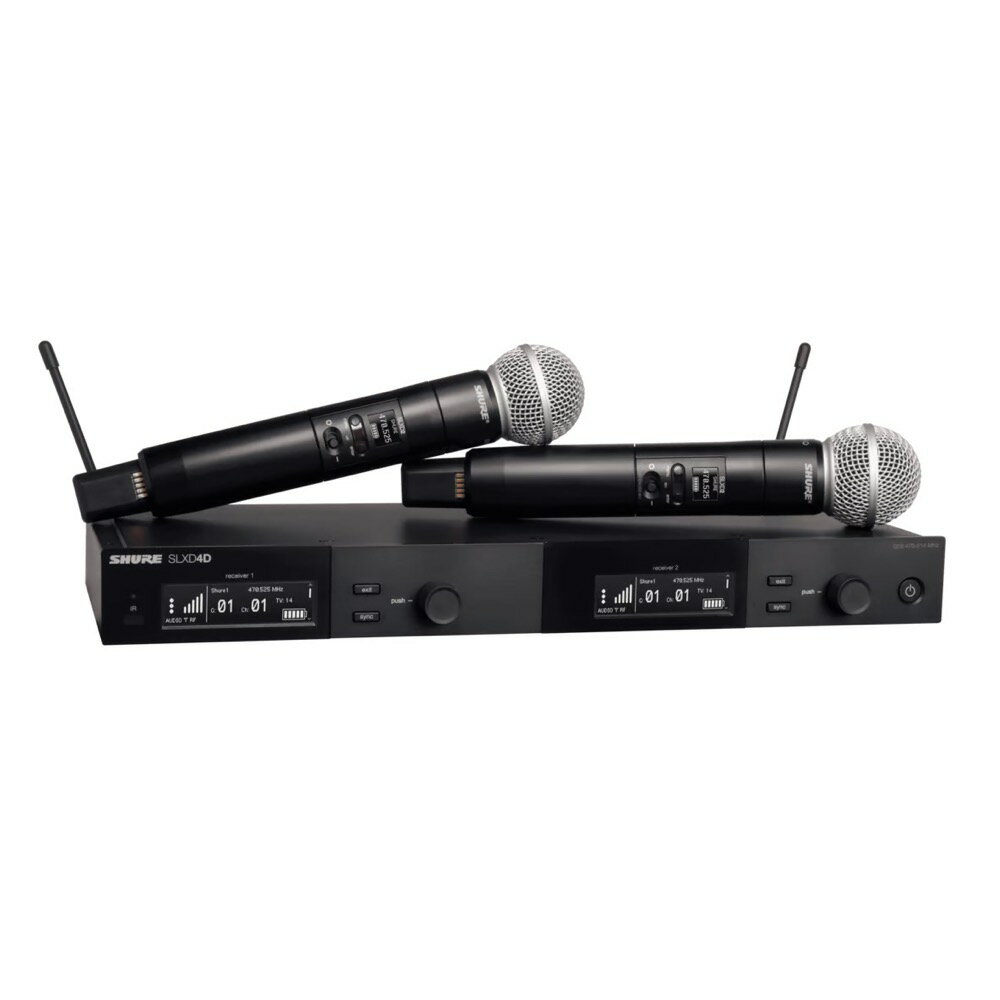 SHURE シュア SLXD24DJ/SM58-JB ボーカル用デュアルワイヤレスシステム B帯 ハンドヘルド型送信機 デュアル受信機SM58カーディオイド・ダイナミック・マイクロホン・カプセルを搭載したSLXD2ハンドヘルド型送信機2台が付属するSLXD24D/SM58ワイヤレスシステムは、クリアなデジタルオーディオと頼れるRF安定性で、会議からライブシーンまでワンランク上のパフォーマンスをサポートします。SLXD24D/SM58ワイヤレスシステムは、24ビットのクリアなデジタルオーディオと頼れるRF性能を備え、会議からライブシーンにいたるまで、あらゆる用途であなたと聴き手をつなぎます。B帯で最大同時使用10ch、ストレスのない簡単なセットアップと選べる充電オプションで、ワンランク上のパフォーマンスをサポートします。SLXD4Dデュアル受信機と2台のSLXD2/SM58ハンドヘルド型送信機に加え、アンテナ、ラックマウントキット、および単3形アルカリ乾電池4本が付属しています。【SLXD4DJ=-JBデュアル受信機の仕様】● 受信チャンネル数：B帯(806〜810MHz)30チャンネルのうち任意の2チャンネル● 受信周波数：JB：806.125〜809.750MHz● 周波数間隔：125kHz間隔● RF感度：-97dBm 10-5 BER時● アンテナ入力端子：BNC型×2 / インピーダンス50Ω● ゲイン調整範囲：-18dB〜＋42dB (1dBステップ)● 音声出力端子： ・XLR：バランス(XLR3ピン、オス)×2 ・1/4インチ (6.35mm)：バランス(TRS、フォーンジャック)×2● 最大出力レベル： ・XLR：+15dBV (ライン)、-15dBV (マイク) ・1/4インチ(6.35mm)：+15dBV（バランス）、+9dBV（アンバランス）● 出力インピーダンス： ・XLR：400Ω、アンバランス200Ω（ライン）、150Ω（マイク） ・1/4インチ(6.35mm)：1.3kΩ、アンバランス670Ω● 周波数特性：20Hz〜20kHz (±1dB) *システム全体の帯域幅はマイクロホンタイプにより変動● ダイナミックレンジ：118dB、Aウェイト、標準● 全高調波歪率：＜0.02％● システムレイテンシー：3.2ms● ネットワークインターフェース：シングルポートイーサネット 10/100Mbps、RJ-45×1● 電源：DC15V/600mA、付属ACアダプター AC100V、50/60Hz● 動作温度範囲：-18℃〜50℃● 寸法：幅393×高42×奥行152mm (突起部除く)● 質量：1451g (除アンテナ)【SLXD2/SM58=-JBハンドヘルド型送信機の仕様】● 送信周波数：806.125〜809.750MHz、B帯30チャンネルのうち任意の1チャンネル● 周波数間隔：125kHz間隔● 電波形式：F1D、F1E● 送信出力：1mW、10mW● アンテナ形式：内蔵型シングルバンドヘリカル● 周波数特性：20Hz〜20kHz (±1dB) *システム全体の帯域幅はマイクロホンタイプにより変動● マイクロホン指向特性：カーディオイド● 送信機最大入力レベル：8.2dBV (7.27Vpp)● オフセットゲイン調整範囲：0dB〜＋21dB (3dBステップ)● 電源：単3形アルカリ乾電池×2、または専用リチウムイオン充電池SB903×1● 電池寿命 (10mW出力時)：約8時間(アルカリ乾電池)、約8時間(SB903)*使用環境によって異なる● 動作温度範囲：-18℃〜50℃● 寸法：Φ51×253mm● 質量：329g (除電池)【システム構成】・SLXD4DJ=-JB：デュアル受信機・SLXD2/SM58=-JB：マイクカートリッジ付きハンドヘルド型送信機 ×2・WA371：マイクホルダー ×2・3/8"-5/8"変換ネジ ×2・単3形アルカリ乾電池・1/4波長アンテナ ×2・BNC変換コネクター ×2・約55cm同軸ケーブル ×2・ACアダプター・ジッパー付きバッグ（黒） ×2・ラックマウント金具（短） ×2・ハードウェアキット・クイック・スタート・ガイド・ゴム脚