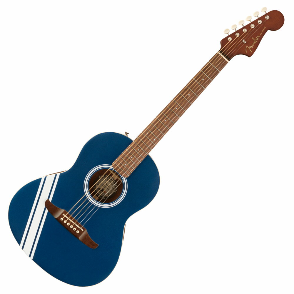 Fender フェンダー Limited Edition Sonoran Mini Competition Stripe LPB アコースティックギターSonoran Miniはコンパクトなサイズの中にスケール感とパンチのあるサウンドを詰め込んでいます。スプルースまたはマホガニートップにマホガニーバック＆サイドを採用したこのギターは、24.1インチスケールでありながら、フルサイズギターのようなトーンを実現します。Californiaシリーズの他のモデルと同様に、Sonoran Miniはフェンダーエレクトリックギターのレガシーにインスパイアされた6連ペグ仕様のStratocasterヘッドストックをフィーチャーしています。また、ウォルナット材の指板とブリッジ、Nuboneナットとサドルを採用するなど、プレミアムな仕様となっています。小さめの楽器を探しているプレイヤーや、旅行に気軽に持っていけるギターを探している方にも、Sonoran Miniはお勧めです。スペックヘッドストック:Stratocasterネック:Natoネックフィニッシュ:Satin Urethaneネックシェイプ:”C” Shapeフィンガーボードラジアス:15.75” (400 mm)フィンガーボードの素材:Walnutポジションインレイ:White Dotフレット数:18トラスロッド:Dual-Actionナット:Nu-Boneナット幅:1.69” (43 mm)ナットの素材:Nu-Boneボディ:Spruce Top with Mahogany Back and Sidesボディフィニッシュ:Satin Polyurethaneボディシェイプ:Sonoran Miniボディトップ:Spruceボディバインディング:Multipleボディバック:Mahoganyボディサイド:Mahoganyボディ素材:Spruce Top with Mahogany Back and Sidesブレイシング:Scalloped Xロゼット:2-Ring B/W/Bブリッジ:WalnutBRIDGE PINS:White with Black Dotsピックガード:Noneハードウェアフィニッシュ:Nickelチューニングマシーン:Vintage-Style with Aged White Plastic Buttonsストリング:Fender Dura-Tone 880L Coated 80/20 (.012-.052 Gauges), PN 0730880303ストラップボタン:Factory Mounted Forward Strap Button with Internal Block Reinforcementコントロール:NA
