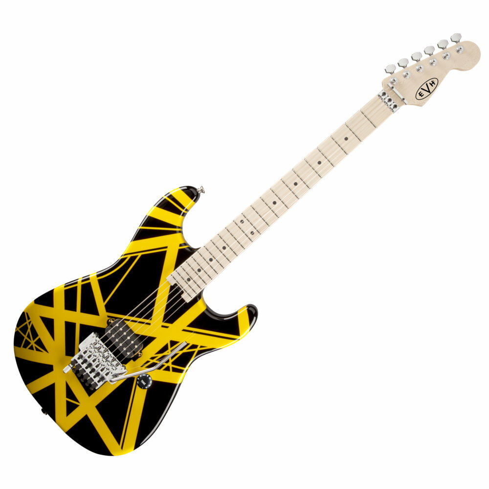 EVH Striped Series Black with Yellow Stripes エレキギターEVH Striped Seriesは、Stratocasterスタイルのバスウッドボディに、エディ・ヴァン・ハレンのアイコニックなストライプのグラフィックが施されています。グラファイト強化メイプル・ネックは手作業でオイルフィニッシュされており、サムホイールトラスロッドによる調整が可能。コンパウンドラジアスのメイプル指板（12インチ〜16インチ）に22本のジャンボフレットとブラックドットインレイ、ダイレクトマウントのWolfgangハムバッカーを搭載しています。Whiteのシングルヴォリュームコントロール、シングルプライのBlackピックガード（White with Black Strioesモデルのみ）、Floyd Roseロックナット、EVHブランディングされたFloyd RoseロックトレモロとEVH D-Tuna、EVHダイキャストチューナー、クロームハードケース、ヴィンテージスタイルストラップピン、EVHネックプレートをフィーチャーしています。【spec】Neckヘッドストック:Licensed Fender Stratocasterネック:Quartersawn Mapleネックフィニッシュ:Hand-Rubbed Satin Urethaneネックシェイプ:EVH Modified ”C” Backshapeネック:Bolt-On with Graphite Reinforcementネックの太さ:.790” at 3rd Fret & .810” at 12th Fretフィンガーボードラジアス:12”-16” Compound Radius (304.8 mm to 406.4 mm)フィンガーボードの素材:Mapleポジションインレイ:Black Dotフレット数:22トラスロッドナット:Heel-Mount Truss Rod Adjustment Wheelナット:Floyd Rose R3 Lockingナット幅:1.6875” (42.86 mm)ナットの素材:Floyd Rose R3 Lockingボディボディ:Basswoodボディフィニッシュ:Gloss Urethaneボディシェイプ:Otherボディ素材:BasswoodHardwareブリッジ:EVH-Branded Floyd Rose Locking Tremolo with EVH D-TunaTREMOLO BLOCK:Brassピックアップカバー:Blackコントロールノブ:Black Stratocaster-Style Skirt (Labeled ”Tone”)ハードウェアフィニッシュ:Chromeチューニングマシーン:EVH-Branded GotohSTRING TREES:Floyd Rose Retainer Barストリング:EVH Nickel Plated Steel (.009-.042 Gauges)トレモロアーム:Floyd Rose 1000 Series Lockingネックプレート:4-Bolt Standardストラップボタン:OversizedElectronicsブリッジピックアップ：EVH Wolfgang Humbuckingピックアップコンフィギュレーション:Hコントロール:Volume (500K EVH Bourns Low Friction Pot) with Treble Bleed Circuitスウィッチ:None