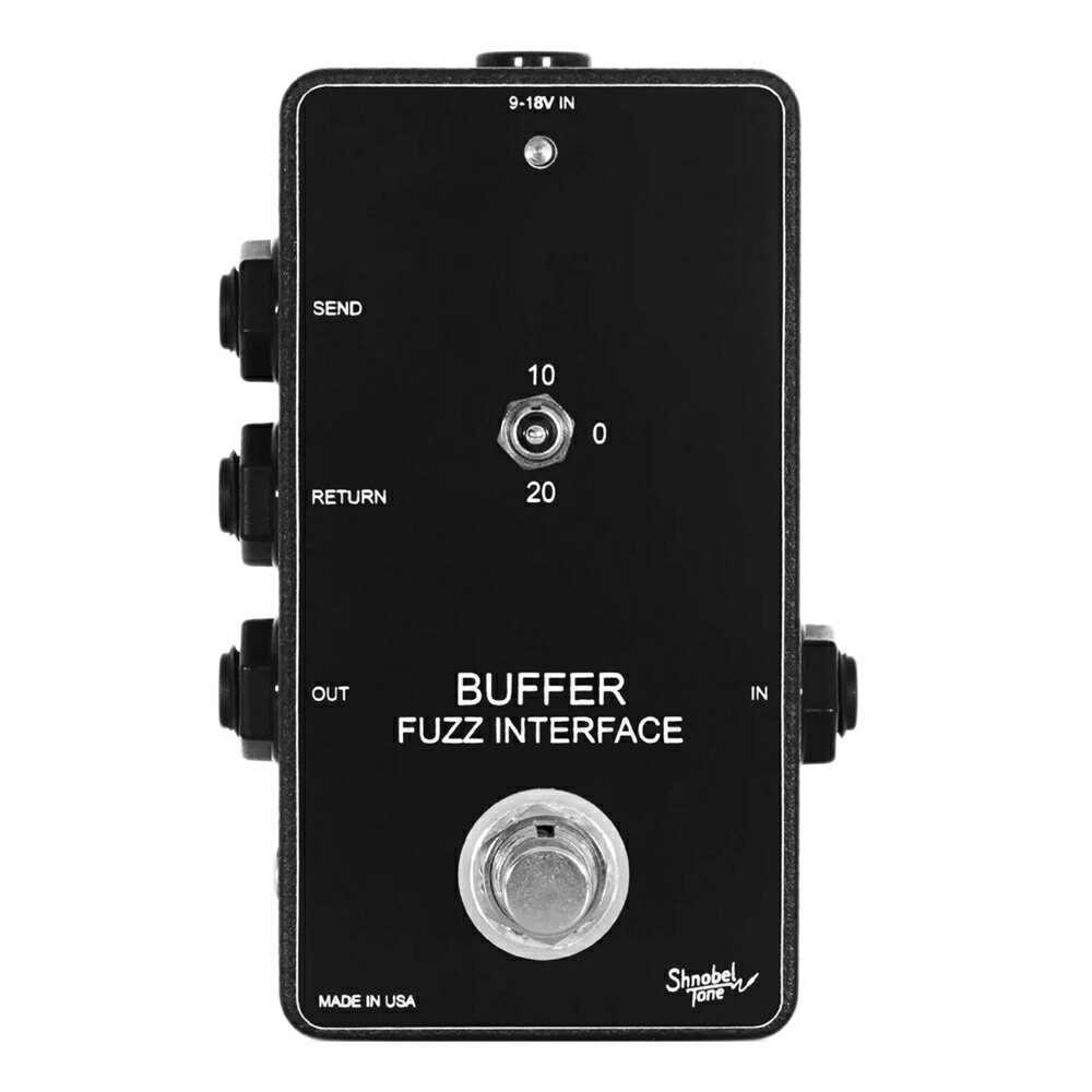 Shnobel Tone シュノベルトーン Buffer Fuzz Interface バッファー ギターエフェクター Shnobel Tone Buffer / Fuzz Interfaceは、インピーダンスに敏感なヴィンテージスタイルのファズペダルをペダルボードに設置するために設計されたバッファペダルです。ファズペダル（またはバッファを通したくないペダル）を接続するためのインテリジェントなエフェクトループを備えています。さらに10/0/20スイッチで、エフェクトループの後に接続されたケーブルの長さをエミュレートすることができます。特にゲルマニウムトランジスタを使用したヴィンテージファズフェイスタイプのペダルはインピーダンスとファズの後ろのケーブルの長さに敏感です。そのサウンドをエミュレートすることで、それぞれの理想に近いファズサウンドへと近づけることができます。Buffer / Fuzz InterfaceをOFFにすると、エフェクトループがカットされ、インプットシグナルは高品質なクラスAバッファへと送られます。少し高域にきらめきが加わるバッファで、ギターの豊かなハーモニクスがより立体的な音像となります。●コントロールスイッチ：ケーブルの長さをエミュレートします。0はOFFです。フットスイッチ：バッファードバイパススイッチングです。Buffer Input Impedance: 5 Mega OhmBuffer Output Impedance: 150 OhmsBuffer / Fuzz Interfaceは、スタンダードなセンターマイナスDC9-18Vアダプターで駆動します。消費電流は5mAです。電池はお使いになれません。【Shnobel Tone】Shnobel Toneは2015年、“ベスト”を求めるギタリストのためのツールを制作するためにローマン・ベロノシュコによって設立されました。ローマンは世界的に人気のYoutubeチャンネル“shnobel”の運営も行っており、機材への的確な評価と高いプレイスキルでもよく知られています。種類：バッファ、その他アダプター：9-18Vセンターマイナス電池駆動：-コントロール：10/0/20