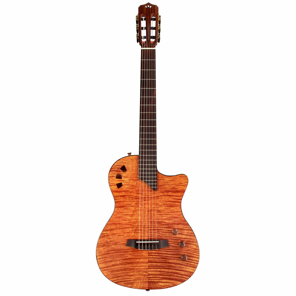 Cordoba コルドバ STAGE GUITAR Natural Amber エレクトリッククラシックギターあらゆるステージに対応する、真のナイロン・ストリング・トーン。STAGE GUITARは、ナイロンギターのデザインに革命を起こすべく、何年もかけて製作されました。ソリッド・スプルース・トップに薄いフレームマップル・ベニアとカスタム・デザインのスプルース・ブレーシング・パターンを備えています。人間工学に基づいて設計された新しいボディシェイプは、ソリッドマホガニーから削り出され、豊かな音響特性を維持しながら、ステージに適した41mmのボディ厚を実現しています。Cordobaの特徴であるフュージョン・ネックは、400Rの指板と48mmのナット幅で、あらゆるタイプのプレイヤーに快適で素早い演奏体験を提供します。エッジバースト・トップとフルグロス・ポリウレタン・フィニッシュが、このギターの印象的なビジュアルを作り上げています。Fishmanと共同開発したSTAGEピックアップシステムStage Pickup Systemと、軽量化とレゾナンスを向上させるソリッド・フルチャンバーボディによりしっかりとしたトーンの土台を形成しています。ボリューム、EQ、Body Blendノブを装備し、好みのアコースティック・トーンに調整することが可能です。Fishmanと共同開発したPickup Systemは、Cordobaの本格的なアコースティック・ナイロン弦のトーンを生み出し、そのサウンドとフィーリングは革命的なものとなっています。人間工学に基づくステージに適したシェイプと定評のあるフュージョン・ネックCordoba独自のFusion Neckは、48mmのナット幅と400Rフレットボードにより、従来のナイロン弦ギターよりわずかに薄く、スチール弦ギターに近い演奏性を実現しています。スチール弦ギターを弾く方や手の小さな方でも、ナイロン弦ギターの世界へ容易に移行することができます。ステージ映えするボディシェイプ、41mmのボディ厚。人間工学に基づいた演奏しやすいボディシェイプ。細部まで丁寧に削り込まれたコンターで快適な演奏性。深いカッタウェイはハイフレットへのアクセスが容易で、ステージ上での10フレットを超えるソロ演奏に最適です。マホガニー製フルチェンバードボディによる軽量化と高音質化マホガニー製フルチェンバードボディは、軽量化、共鳴の強化、トップの自由な振動を実現し、自然なアコースティックトーンと弾きやすさを提供します。計算されてアーチ状に配置されたサウンドホールは、ギターの振動を助け、自然なナイロン弦の音色を実現します。リサイクル・ナイロンギグバッグ付属付属のギグバッグは、持ち運びに便利なパッド入りのハンドルとストラップがバッグの側面と前面に配置されています。Cordobaの環境への影響を最小限に抑えるという目標のために、新しいデザインのギグバッグは、耐久性のあるリサイクル・ナイロンから作られています。このナイロン生地は、マイクロプラスチックや廃棄された漁網など、回収された廃棄物をブレンドしたものです。スペック【ボディスペック】トップ材:ソリッドスプルース w/フレイムメイプルベニアバック&サイド材:チェンバードマホガニー全長:985mm上部ボディ厚:41mm下部ボディ厚:41mm下部ボディ幅:357mm上部ボディ幅:272mmボディ全長:455mm【ネックスペック】ネックシェイプ:Cシェイプネック材:マホガニーヘッドプレート:パーフェローネックジョイント:セットネックスケール:650mmナット幅:48mmナット材:Boneフィンガーボード材:パーフェローフレット数:22チューニングマシン:Cordoba Black and Gold with Black Buttonsハードウエアフィニッシュ:Goldトラスロッド:デュアルアクショントラスロッドレンチタイプ:4mm 六角【その他スペック】ブリッジ材:パーフェローサドル材:Boneピックアップシステム:Fishman Stage Pickup Systemコントロール:マスターボリューム、EQ、ボディブレンドストラップピン:ゴールドリサイクル・ナイロンギグバッグ付属