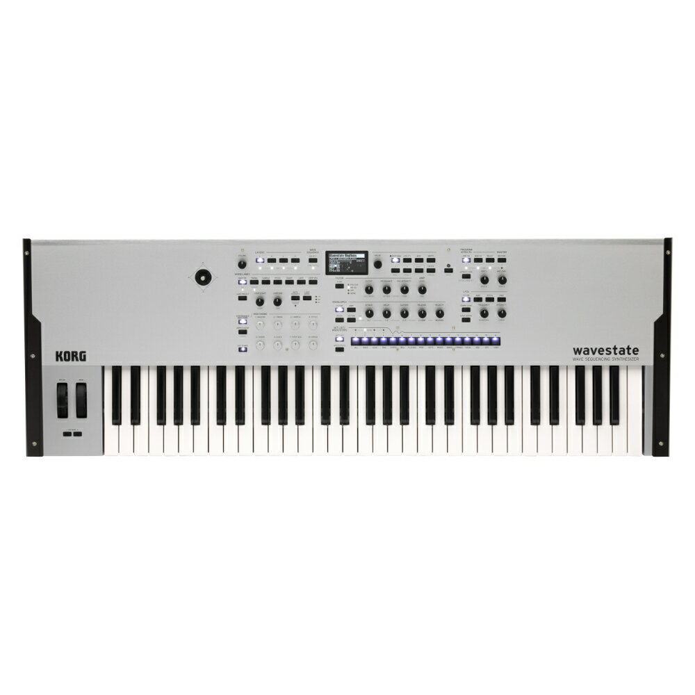 KORG コルグ wavestate SE Platinum WAVE SEQUENCING SYNTHESIZER シンセサイザー 61鍵盤仕様 専用ハードケース付き 限定カラー WAVESTATE-SE Pwavestate SEの特別限定バージョン。限定カラーモデル、wavestate SE Platinumです。アフター・タッチ付き61鍵盤搭載、ハードケース付属などwavestate SEの特徴はそのままに、この特別なモデルだけに与えられるプレミアムなシルバーのアルミ・パネル、ステンレス製サイド・パネルによって、ステージやスタジオでの圧倒的な存在感を生み出します。またオリジナル・ステッカー、KORG R&Dのロゴ入りTシャツも付属。オーガニックで感動的、そしてとてつもなくパワフル。wavestate SEは、コルグの名機 WAVESTATION を強力に進化させ、ウェーブ・シーケンスを新たな次元に引き上げたモデルです。カリフォルニアで設計され、日本で製造されたwavestate SEは、金属製の筐体にアフタータッチ付きのプレミアムな61音キーボードを搭載しています。wavestate SEは新しい時代のミュージシャン、作曲家、プロデューサーのために作られ、数百ものダイナミックなサウンド、操作パネルのノブによる広範なコントロール、120音の最大発音数を備え、新しいレベルの創造性を刺激します。＜特徴＞■ アフター・タッチ付き 61鍵ナチュラル・タッチ・キーボード搭載■ 数百ものアップデートされたプログラム■ 金属製の高級感ある外観デザイン■ 専用ハード・ケースが付属■ プレミアムな日本製■ ウェーブ・シーケンシング2.0■ わかりやすいコントロールによる広範なモジュレーション■ 数ギガバイトの大容量サンプル内蔵し、さらに4GBまでインポート可能■ MS-20やPolysixなど、モデリング・フィルター搭載■ ステレオ120ボイス■ 4レイヤー＋ベクター・コントロール■ 最大14系統のエフェクトを同時使用可能■ セット・リスト機能とスムーズ・サウンド・トランジション機能■ ランダム機能■ 無料のエディター/ライブラリアンとSample Builderソフトウェア■ コルグR&D（カリフォルニア）が開発【アフター・タッチ付き、61鍵盤を搭載】プロフェッショナル・キーボード・プレイヤーのためのwavestate。コルグが誇る61鍵ナチュラル・タッチ鍵盤を搭載し、コルグのハイエンド・ワークステーションと同様の優れた操作感を実現。アフタータッチによって、進化するwavestate独自のサウンドを指先でコントロールすることができます。もちろん、プリセット・プログラムもアフタータッチ対応へとアップデートし、新しいパフォーマンス・プログラムも追加しています。【金属製の高級感ある外観デザイン】美しさと、力強さ。wavestate SEのエレガントな金属製の筐体は、単にゴージャスなだけでなく、過酷なツアーにも耐えられるよう設計されています。プレミアムなシルバーのアルミ・パネル、ステンレス製サイド・パネルによって、ステージやスタジオでの圧倒的な存在感を生み出します。【専用ハード・ケース付属】wavestate SEは、ケーブルやペダルを収納できる専用ハードケースが付属しています。リハーサルに持ち込むときも、ワールド・ツアーに参加するときも、大切な楽器を守ってくれるので、安心して旅をすることができます。＜仕様＞● 鍵盤：61鍵 （ナチュラル タッチ鍵盤、ベロシティおよびリリース ベロシティ、アフタータッチ対応）● 音源システム：Wave Sequencing 2.0● 最大同時発音数：120 ステレオ ボイス● サウンド：・261パフォーマンス、799 プログラム、1,042 ウェーブ シーケンス ユーザーパフォーマンスを数万保存可能● 構成：・パフォーマンス：4レイヤー、リバーブ、EQ すべての編集は、パフォーマンス、DAWスタイルで保存されます（個別のプログラム、ウェーブ シーケンスなどとして保存できますが、必須ではありません）・レイヤー：プログラム、アルペジエーター、キーおよびベロシティ ゾーン・プログラム：ウェーブシーケンス、フィルター、アンプ、プリFX、MOD FX、ディレイ● フィルター：2-pole LPF、2-pole HPF、2-pole BPF、2-pole Band Reject、4-pole LPF、4-pole HPF、4-pole BPF、4-pole Band Reject、Multi Filter、MS-20 LPF、MS-20 HPF、Polysix● モジュレーション：・コントローラー：Mod Wheel、Pitch Wheel、Vector Joystick X / Y、8x Program / Performance Mod Knobs・その他のソース：3x Envelopes、Vector Envelope、3x LFO、2x Mod Processors、2x Key Track、Step Sequencer Lane、Step Pulse、Tempo、Program / Performance Note Count、Program / Performance Voice Count、Poly Legato、Velocity、Exponential Velocity、Release Velocity、Gate / Gate + Damper、Note-On Trigger / Note-On Trigger + Damper、Note Number、Aftertouch / Poly Aftertouch（external MIDI only）、MIDI CC +/-、MIDI CC +・デスティネーション：個々の波形シーケンスステップのパラメーターを含む、ほとんどのパラメーターを変調できます。ウェーブシーケンスの長さに応じて、プログラムごとに1,000を超える潜在的な変調ターゲットが存在する可能性があります。● エフェクト：・Pre FX：デシメータ、グラフィックEQ、ギターアンプ、モダンコンプレッサー、パラメトリックEQ、レッドコンプレッサー、リングモジュレーター、トレモロ、ウェーブシェイパー・Mod FX：ブラックコーラス/フランジャー、ブラックフェーズ、CX-3ビブラートコーラス、EPコーラス、ハーモニックコーラス、モダンコーラス、モダンフェイザー、オレンジフェーズ、Polysixアンサンブル、スモールフェーズ、トーキングモジュレーター、ビンテージコーラス、ビンテージフランジャー、ビンテージ/カスタム ワウ、VOXワウ・ディレイ：L / C / Rディレイ、マルチバンドModディレイ、リバース ディレイ、ステレオ/クロス ディレイ、テープエコー・リバーブ：アーリー リフレクションズ、Overb・Perfoemance EQ：4バンド パラメトリックEQ● 入出力：・ヘッドフォン（6.3mmステレオ フォーン ジャック）・オーディオ出力L/MONO 、 R （6.3 mm TRS フォーン端子、インピーダンス バランス）・DAMPER（6.3 mmフォーン端子）・MIDI IN/OUT・USB B端子● 電源：ACアダプター（DC12V、2500mA）● 消費電力：5 W● 外形寸法（W× D × H)：1,014 × 344 × 110 mm● 質量：8.6kg● 付属品：ACアダプター KA-390VI、ハードケース、オリジナルTシャツ/ステッカー(Platinumのみ)