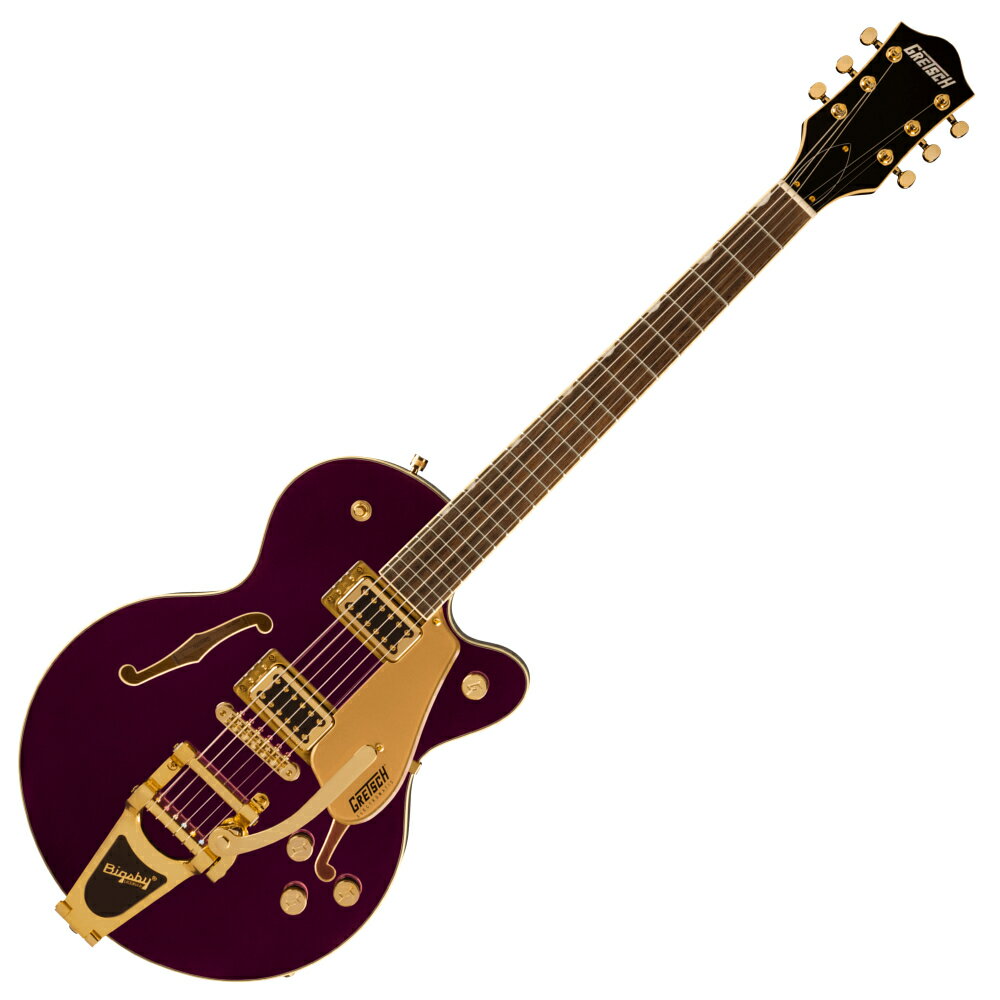 GRETSCH グレッチ G5655TG Center Block Single-Cut with Bigsby Amethyst エレキギターElectromatic Center Block Jr.ギターは、大音量のピュアでパワフルなGretchサウンドを実現するために設計されています。Gretschならではのサウンド、スタイリング、プレイアビリティを追求したこれらの新モデルは、数十年にわたりグレッチを特徴付けてきた、大胆不敵でオーセンティックなサウンドを提供します。それは、名誉あるサウンドそのものであり、誇りをもって演奏されるべきものです。G5655TG Electromatic Center Block Jr.Single-Cut with Bigsby and Gold Hardwareは、ダイナミックなレゾナンス、ハイゲインパワー、軽量な快適性を実現するチェンバードスプルースセンターブロックを備えたコンパクトばボディが特徴です。12インチラジアスのローレル指板には22本のミディアムジャンボフレットとNeoClassicサムネイルインレイを採用し、優れた演奏性を実現します。Black Top Broad'Tronハムバッカーを2基搭載し、大胆でダイナミック、かつ明瞭度の高いサウンドとパンチの効いたサウンドを実現します。Aspen Green、Azure Metallic、Black Gold、Cadillac Green、Orange Stainの5種類の美しいフィニッシュと、ゴールドピックガードやBigsby B70ヴィブラートテイルピース、アンカー付きAdjusto-Maticブリッジ、Gアローノブなどのハードウェアが、ステージを魅了するスタイルを誇ります。【主な特徴】やや小さめの14インチシングルカッタウェイメイプルボディにチェンバードスプルースのセンターブロックを採用。低めにセットされたメイプルネックは、楽な姿勢で演奏が可能12インチラジアスローレル指板、22本のミディアムジャンボフレット、パーロイドNeo-ClassicサムネイルインレイBlack Top Broad'Tronハムバッカーを2基搭載Treble Bleed回路付きマスターボリューム、マスタートーン、各ピックアップコントロールBigsby B70ヴィブラートテイルピースアンカー付きAdjusto-MaticブリッジGraph Tech NuBoneナットゴールドハードウェア●Generalシリーズ : Electromaticオリエンテーション : Right-Handカラー : Amethyst原産国 : CNPLATFORM : Electromatic Center Block●Neckネック : Mapleネックフィニッシュ : Glossネックシェイプ : Thin "U"ネック : Set-Neckフィンガーボードラジアス : 12" (305 mm)フィンガーボードの素材 : Laurelポジションインレイ : Pearloid Neo-Classic Thumbnailフレット数 : 22ナット : Graph Tech NuBoneナット幅 : 1.6875" (42.86 mm)ナットの素材 : Graph Tech NuBone●Bodyボディ : Laminated Mapleボディフィニッシュ : Glossボディシェイプ : Electromatic Center Blockボディトップ : Laminated Mapleボディバインディング : Aged White with B/AW/B Purflingボディバック : Laminated MapleBODY STYLE : Gretsch Center Block Guitarsボディ素材 : Laminated Mapleブレイシング : Center Blockウェイスト : 8.625" (219.08 mm)●Hardwareブリッジ : Anchored Adjusto-Maticブリッジカバー/テイルピース : Bigsby B70BRIDGE MOUNTING : Anchoredピックガード : Gold Plexi with Black Gretsch and Electromatic Logosピックアップカバー : Goldコントロールノブ : G-ArrowSWITCH TIP : Goldハードウェアフィニッシュ : Goldチューニングマシーン : Die-Castストリング : Nickel Plated Steel (.010-.046 Gauges)ネックプレート : NA●Electronicsブリッジピックアップ : Black Top Broad’Tronミドルピックアップ : N/Aネックピックアップ : Black Top Broad'Tronピックアップコンフィギュレーション : HHコントロール : Volume 1. (Neck Pickup), Volume 2. (Bridge Pickup), Master Volume, Master Toneスウィッチ : 3-Position Toggle: Position 1. Bridge Pickup, Position 2. Bridge And Neck Pickups, Position 3. Neck PickupSPECIAL ELECTRONICS : N/AMeasurements寸法 : 5.90x15.20x46.10 INBODY DEPTH : 1.75" (44.45 mm)フレットサイズ : Medium Jumboスケール : 24.6" (625 mm)