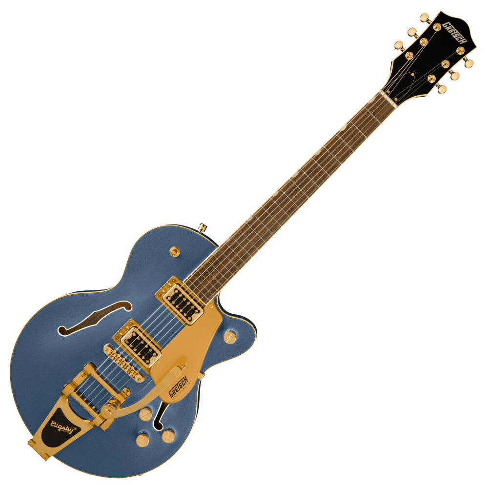 GRETSCH グレッチ G5655TG Center Block Jr Single-Cut with Bigsby Cerulean Smoke エレキギターElectromatic Center Block Jr.ギターは、大音量のピュアでパワフルなGretchサウンドを実現するために設計されています。Gretschならではのサウンド、スタイリング、プレイアビリティを追求したこれらの新モデルは、数十年にわたりグレッチを特徴付けてきた、大胆不敵でオーセンティックなサウンドを提供します。それは、名誉あるサウンドそのものであり、誇りをもって演奏されるべきものです。G5655TG Electromatic Center Block Jr.Single-Cut with Bigsby and Gold Hardwareは、ダイナミックなレゾナンス、ハイゲインパワー、軽量な快適性を実現するチェンバードスプルースセンターブロックを備えたコンパクトばボディが特徴です。12インチラジアスのローレル指板には22本のミディアムジャンボフレットとNeoClassicサムネイルインレイを採用し、優れた演奏性を実現します。Black Top Broad'Tronハムバッカーを2基搭載し、大胆でダイナミック、かつ明瞭度の高いサウンドとパンチの効いたサウンドを実現します。Aspen Green、Azure Metallic、Black Gold、Cadillac Green、Orange Stainの5種類の美しいフィニッシュと、ゴールドピックガードやBigsby B70ヴィブラートテイルピース、アンカー付きAdjusto-Maticブリッジ、Gアローノブなどのハードウェアが、ステージを魅了するスタイルを誇ります。【主な特徴】やや小さめの14インチシングルカッタウェイメイプルボディにチェンバードスプルースのセンターブロックを採用。低めにセットされたメイプルネックは、楽な姿勢で演奏が可能12インチラジアスローレル指板、22本のミディアムジャンボフレット、パーロイドNeo-ClassicサムネイルインレイBlack Top Broad'Tronハムバッカーを2基搭載Treble Bleed回路付きマスターボリューム、マスタートーン、各ピックアップコントロールBigsby B70ヴィブラートテイルピースアンカー付きAdjusto-MaticブリッジGraph Tech NuBoneナットゴールドハードウェア●Generalシリーズ : Electromaticオリエンテーション : Right-Handカラー : Cerulean Smoke原産国 : CNPLATFORM : Electromatic Center Block●Neckネック : Mapleネックフィニッシュ : Glossネックシェイプ : Thin "U"ネック : Set-Neckフィンガーボードラジアス : 12" (305 mm)フィンガーボードの素材 : Laurelポジションインレイ : Pearloid Neo-Classic Thumbnailフレット数 : 22ナット : Graph Tech NuBoneナット幅 : 1.6875" (42.86 mm)ナットの素材 : Graph Tech NuBone●Bodyボディ : Laminated Mapleボディフィニッシュ : Glossボディシェイプ : Electromatic Center Blockボディトップ : Laminated Mapleボディバインディング : Aged White with B/AW/B Purflingボディバック : Laminated MapleBODY STYLE : Gretsch Center Block Guitarsボディ素材 : Laminated Mapleブレイシング : Center Blockウェイスト : 8.625" (219.08 mm)●Hardwareブリッジ : Anchored Adjusto-Maticブリッジカバー/テイルピース : Bigsby B70BRIDGE MOUNTING : Anchoredピックガード : Gold Plexi with Black Gretsch and Electromatic Logosピックアップカバー : Goldコントロールノブ : G-ArrowSWITCH TIP : Goldハードウェアフィニッシュ : Goldチューニングマシーン : Die-Castストリング : Nickel Plated Steel (.010-.046 Gauges)ネックプレート : NA●Electronicsブリッジピックアップ : Black Top Broad’Tronミドルピックアップ : N/Aネックピックアップ : Black Top Broad'Tronピックアップコンフィギュレーション : HHコントロール : Volume 1. (Neck Pickup), Volume 2. (Bridge Pickup), Master Volume, Master Toneスウィッチ : 3-Position Toggle: Position 1. Bridge Pickup, Position 2. Bridge And Neck Pickups, Position 3. Neck PickupSPECIAL ELECTRONICS : N/A●Measurements寸法 : 5.90x15.40x46.10 INBODY DEPTH : 1.75" (44.45 mm)フレットサイズ : Medium Jumboスケール : 24.6" (625 mm)