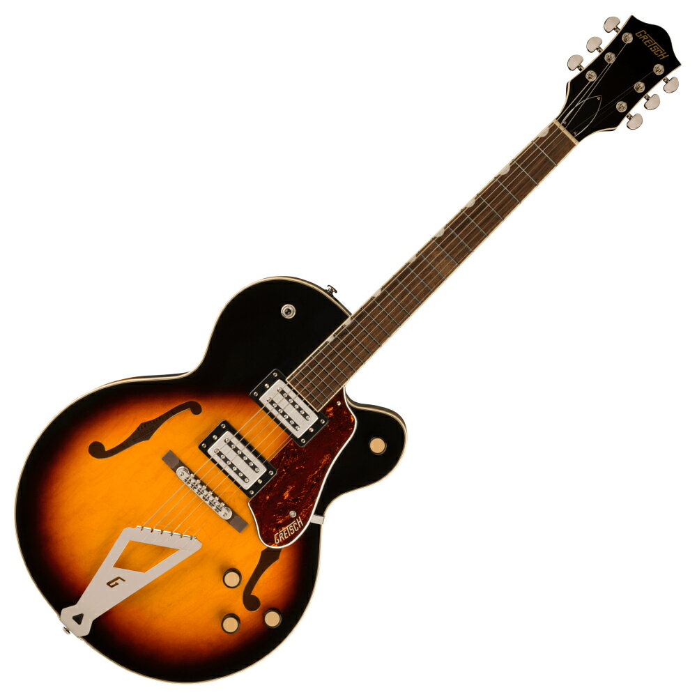 GRETSCH グレッチ G2420 Streamliner Hollow Body with Chromatic II Aged Brooklyn Burst エレキギターリフレッシュされたStreamliner Collectionは、グレッチギターの輝かしい過去の要素を再訪し、エキサイティングな新機能と驚くことで、優れたパフォーマンス、サウンド、スタイルを驚くべき価値で提供します。G2420 Streamliner Hollow Body Single-Cut with Chromatic II Tailpieceは、高次元のサウンドとパフォーマンスを求める現代の興味のために設計されています。G2420はモダンなサウンド、最新のエレクトロニクス、正真正銘のエレガントなスタイリングをフィーチャーし、「That Great Gretsch Sound!」を体現する、大胆なプレイヤーの欲求を満たすギターです。新開発のBroad'Tron BT-3Sハムバッカーを搭載フルホロウ構造のアーチドメイプルボディは、豊かな響きと深いレゾナンス、スケール感のあるビッグボディサウンドを実現ソフト「C」シェイプのナトーネック12インチラジアスローレル指板、パーロイドNeo Classicサムネイルインレイ、22本のミディアムジャンボフレットを採用ボーンナットマスターボリューム、マスタートーン、各ピックアップのボリュームコントロールにより、柔軟なトーン設計が可能ですマスターボリュームにPush/Pullコイルスプリット機能を内蔵ラジオノブコントロール固定式ローレルベース付きAdjusto-Maticブリッジクロマチック IIテイルピース3枚べっ甲柄ピックガードニッケルハードウェア【ハイライト】アーチドメイプルホロウボディG2420 Streamliner Hollow Body Single-Cut with Chromatic II Tailpieceは、豊かな響きと深いレゾナンス、スケール感のあるビッグボディサウンドを実現するパラレルトーンバーを備えたフルホロウ構造のアーチドメイプルボディを採用しています。新開発のBroad'Tron BT-3SピックアップG2420は、新開発のBroad'Tron BT-3Sピックアップを搭載しています。アルニコ5とアルニコ2を組み合わせたマグネットを採用し、力強い中音域、タイトでふくよかなローエンド、スムーズでクリアなハイエンドがバランスよく得られ、音楽的な響きを放つピックアップです。コイルスプリットによる多彩なコントロールStreamlinerの強力なサウンドは、ネックとブリッジピックアップのボリュームコントロール、マスタートーンコントロール、マスターボリュームコントロール、3ウェイピックアップスイッチングという伝統的なレイアウトコントロールによって引き出されます。マスターボリュームコントロールにPush/Pullpotを内蔵することでコイルスプリットが可能になり、シングルコイルサウンドに一応可能です。 かなり強力なサウンドパレットに迫るトーンオプションが得られます。●Generalシリーズ : Streamlinerオリエンテーション : Right-Handカラー : Aged Brooklyn Burst原産国 : ID●Neckネック : Natoネックフィニッシュ : Glossネックシェイプ : Soft "C"ネック : Set-Neckフィンガーボードラジアス : 12" (305 mm)フィンガーボードの素材 : Laurelポジションインレイ : Pearloid Neo-Classic Thumbnailフレット数 : 22ナット : Boneナット幅 : 1.6875" (42.86 mm)ナットの素材 : Bone●Bodyボディ : Laminated Mapleボディフィニッシュ : Glossボディシェイプ : Streamliner Hollow Bodyボディトップ : Arched Laminated Mapleボディバインディング : Aged White with B/W/B Purflingボディバック : Arched Laminated MapleBODY STYLE : Gretsch Hollow Body Guitarsボディ素材 : Laminated MapleCUTAWAY : Single Cutawayブレイシング : Trestle Blockウェイスト : 9.75" (248 mm)SOUND HOLE : F-Holes●Hardwareブリッジ : Adjusto-Maticブリッジカバー/テイルピース : Bigsby B60BRIDGE MOUNTING : Securedピックガード : 3-Ply Tortoiseshell(ベッコウ柄) with Gold Gretsch Logoピックアップカバー : Nickelコントロールノブ : Gretsch Radio KnobSWITCH TIP : Blackハードウェアフィニッシュ : : NickelチューニングマシーンDie-Cast Sealedストリング : Nickel Plated Steel (.010-.046 Gauges)ストラップボタン : Standard Strap Button●Electronicsブリッジピックアップ : Broad'Tron BT-3Sネックピックアップ : Broad'Tron BT-3Sピックアップコンフィギュレーション : Broad'Tron / Broad'Tronコントロール : Volume 1. (Neck Pickup), Volume 2. (Bridge Pickup), Master Tone, Master Volume with Push/Pull for Coil Splitスウィッチ : 3-Position Toggle: Position 1. Bridge Pickup, Position 2. Bridge And Neck Pickups, Position 3. Neck PickupAUXILIARY SWITCHING : Push/Pull Pot (for Coil Split)●Measurements寸法5.70x17.80x46.10 INアッパーバウト11.625" (295 mm)ローワーバウト16" (406 mm)BODY DEPTH2.75" (70 mm)フレットサイズMedium Jumboスケール24.75" (629 mm)