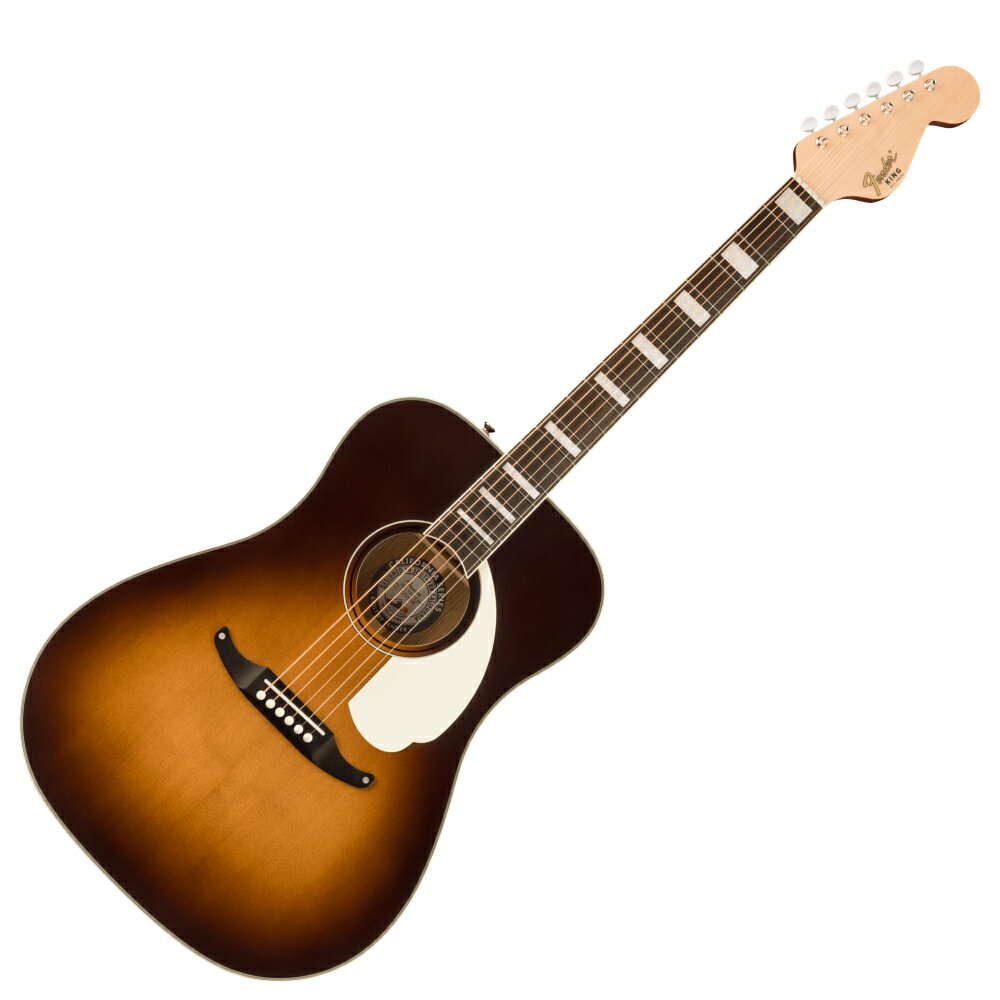 Fender フェンダー KING VINTAGE MJVE W/C Mojave エレアコ アコースティックギター1960年代初頭の南カリフォルニアでは、大胆不敵でクリエイティビティに溢れる文化が台頭していました。レオ・フェンダーは、周りのアーティストたちの革新的なスピリットを取り入れた斬新なアコースティック楽器をデザインすることを使命としていました。伝説のルシアー、ロジャー・ロスマイスルとのコラボレーションにより、レオは、紛れもないヘッドストックシェイプ、演奏しやすいネックシェイプ、過激なスタイリングなど、フェンダーをロックンロール革命の象徴たらしめたアイデンティティを取り入れたユニークなアコースティックモデルを発表したのです。現在のFender California Vintageモデルは、60年代のフェンダーアコースティックの起源をそのまま引き継ぎ、レトロなビジュアルを持ちながら、21世紀のパフォーマンスと豊かで洗練されたアコースティックトーンを備えています。革新的なPerformance-Xブレーシングパターンを採用したFender California Vintage Kingのドレッドノートボディは、ソリッドシトカスプルーストップとソリッドオバンコールバック＆サイドの軽量設計で、優れたディテール、透明度、バランスで重厚で低音の効いたサウンドを生み出します。ネックには人間工学に基づいたモダンな"V"シェイプを採用し、サスティンを最適化する25.5インチのスケール長、ティルトバック式6インラインヘッドストック、メイプルヘッドキャップなど、フェンダーのエレキギターDNAから生まれた独特のルックスを備えています。オバンコール指板にはバインディングとパーロイドブロックインレイが施され、スムーズで正確なチューニングを可能にするヴィンテージスタイルのチューニングマシン、優れたハーモニクスを生み出すボーンナットとサドルなどのディテールも特徴です。プレイヤーのために設計されたFishman Sonitone Plusプリアンプシステムは、シームレスなサウンドホールマウントコントロールを備え、アンダーサドルピエゾと内部ボディトランスデューサーのサウンドをブレンドし、アンプや録音機器に接続した際にギター本来のサウンドを忠実に再現することが可能です。ヴィンテージスタイルのハードシェルケースが付属します。大胆で目を引くユニークなCalifornia Seriesアコースティックギターは、快適な演奏性、優れたサウンド、際立ったスタイリングを備え、他のプレイヤーとは一線を画すユニークな演奏を目指す人たちのために作られています。FEATURES時代に忠実なKingドレッドノートボディシェイプソリッドシトカスプルーストップ、ソリッドオバンコールバック＆サイド人間工学に基づいたModern “V”ネックシェイプとティルトバック6インラインヘッドストックFishman Sonitone Plusエレクトロニクス、アンダーサドルピエゾ＆インターナルボディトランスデューサー25.5インチスケールヴィンテージスタイルのハードシェルケース付属●Generalシリーズ：Californiaオリエンテーション：Right-Handカラー：Mojave原産国：CN●Neckヘッドストック：Tilt-back Vintage Kingネック：Okoumeネックフィニッシュ：Satin Urethaneネックシェイプ：Modern "V"フィンガーボードラジアス：16" (406.4 mm)フィンガーボードの素材：Ovangkolポジションインレイ：Pearloid Blockフレット数：20トラスロッド：Modern Heel Adjustトラスロッドナット：4 mm Hexナット：Boneナット幅：1.69" (43 mm)ナットの素材：Bone●Bodyボディ：Solid Spruce Top with Ovangkol Back and Sidesボディフィニッシュ：Gloss Polyボディシェイプ：King Dreadnoughtボディトップ：Solid Sitka Spruceボディバインディング：Aged Whiteボディバック：Solid Ovangkolボディサイド：Solid Ovangkolボディ素材：Solid Spruce Top with Ovangkol Back and SidesCUTAWAY：Noブレイシング：Performance "X"ロゼット：2-Ring B/W/BPURFLING：Black/White/Black/White●Hardwareブリッジ：Vintage VikingBRIDGE PINS：Whiteピックガード：1-Ply Aged Whiteハードウェアフィニッシュ：Nickelチューニングマシーン：Vintage-Style with Aged White Buttonsストリング：Fender 60L Phosphor Bronze (.012-.052 Gauges), PN 0730060403ストラップボタン：Vintage-Style●Electronicsコントロール：Volume, Blend (Body Pickup, Piezo)SPECIAL ELECTRONICS：Fender/Fishman Sonitone Plus Soundhole Pickup System●Measurementsフレットサイズ：2mmスケール：25.5" (64.77 cm)●Accessoriesトラスロッドレンチ：4 mm Hex (Allen)