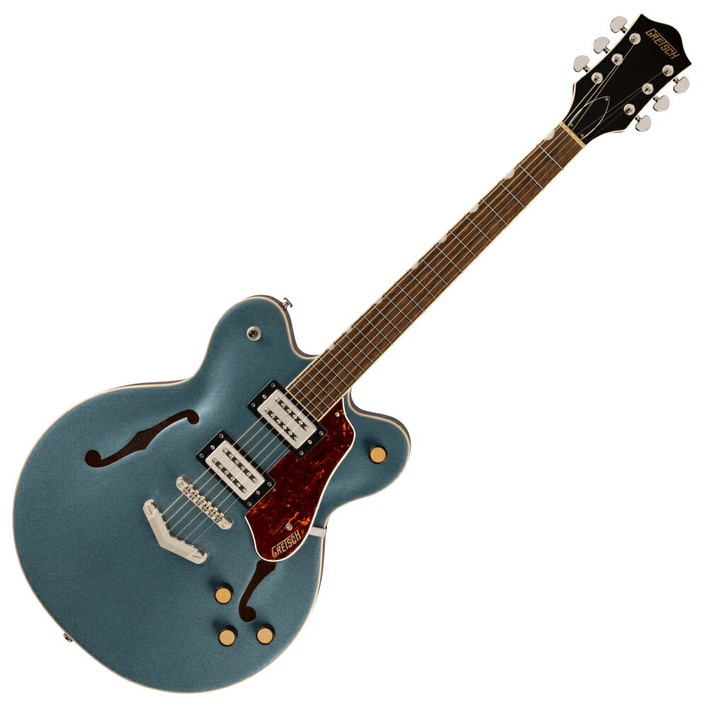 GRETSCH グレッチ G2622 Streamliner Center Block Double-Cut with V-Stoptail Gunmetal エレキギターリフレッシュされたStreamliner Collectionは、Gretschギターの輝かしい過去の要素を再訪し、エキサイティングな新機能と組み合わせることで、優れたパフォーマンス、サウンド、スタイルを驚くべき価値で提供します。G2622 Streamliner Center Block Double-Cut with V-Stoptailは、パワフルなサウンドとGretschならではのスタイリングをよりコンパクトなサイズに収め、現代に甦らせました。G2622は、グレッチに期待されるすべての要素を保ちつつ、楽器にワンランク上のパフォーマンス、スタイル、そしてより大きな音量感を求めるギタリストのために設計されています。【主な特徴】新開発のBroad'Tron BT-3Sハムバッカーを搭載ダブルカッタウェイの16インチアーチドメイプルボディ、チャンバードセンターブロックを採用Soft "C"シェイプのナトーネック12インチラジアスローレル指板、パーロイドNeo Classicサムネイルインレイ、22本のミディアムジャンボフレットを採用ボーンナットマスターボリューム、マスタートーン、各ピックアップのボリュームコントロールにより、柔軟なトーン設計が可能マスターボリュームにPush/Pullコイルスプリット機能を内蔵ラジオコントロールノブアンカー付きAdjusto-MaticブリッジGretsch V-Stopテイルピース3-plyべっ甲柄ピックガードニッケルハードウェア●Generalシリーズ : Streamlinerオリエンテーション : Right-Handカラー : Gunmetal原産国 : ID●Neckネック : Natoネックフィニッシュ : Glossネックシェイプ : Soft "C"ネック : Set-Neckフィンガーボードラジアス : 12" (305 mm)フィンガーボードの素材 : Laurelポジションインレイ : Pearloid Neo-Classic Thumbnailフレット数 : 22ナット : Boneナット幅 : 1.6875" (42.86 mm)ナットの素材 : Bone●Bodyボディ : Laminated Mapleボディフィニッシ : ュGlossボディシェイプ : Center Blockボディトップ : Arched Laminated Mapleボディバインディング : Aged White with B/W/B Purflingボディバック : Arched Laminated MapleBODY STYLE : Gretsch Center Block Guitarsボディ素材 : Laminated MapleCUTAWAY : Double Cutawayブレイシング : Center Blockウェイスト : 9.75" (248 mm)SOUND HOLE : F-Holes●Hardwareブリッジ : Adjusto-Maticブリッジカバー/テイルピース : V-StoptailBRIDGE MOUNTING : Anchoredピックガード : 3-Ply Tortoiseshell(ベッコウ柄)ピックアップカバー : Nickelコントロールノブ : Gretsch Radio KnobSWITCH TIP : Blackハードウェアフィニッシュ : Nickelチューニングマシーン : Die-Cast Sealedストリング : Nickel Plated Steel (.010-.046 Gauges)ストラップボタン : Standard Strap Button●Electronicsブリッジピックアップ : Broad'Tron BT-3Sネックピックアップ : Broad'Tron BT-3Sピックアップコンフィギュレーション : Broad'Tron / Broad'Tronコントロール : Volume 1. (Neck Pickup), Volume 2. (Bridge Pickup), Master Tone, Master Volume with Push/Pull for Coil Splitスウィッチ : 3-Position Toggle: Position 1. Bridge Pickup, Position 2. Bridge And Neck Pickups, Position 3. Neck PickupAUXILIARY SWITCHING : Push/Pull Pot (for Coil Split)●Measurements寸法 : 5.50x17.90x46.50 INアッパーバウト : 11.5" (292 mm)ローワーバウト : 16" (406 mm)BODY DEPTH : 1.75" (44.45 mm)フレットサイズ : Medium Jumboスケール : 24.75" (629 mm)