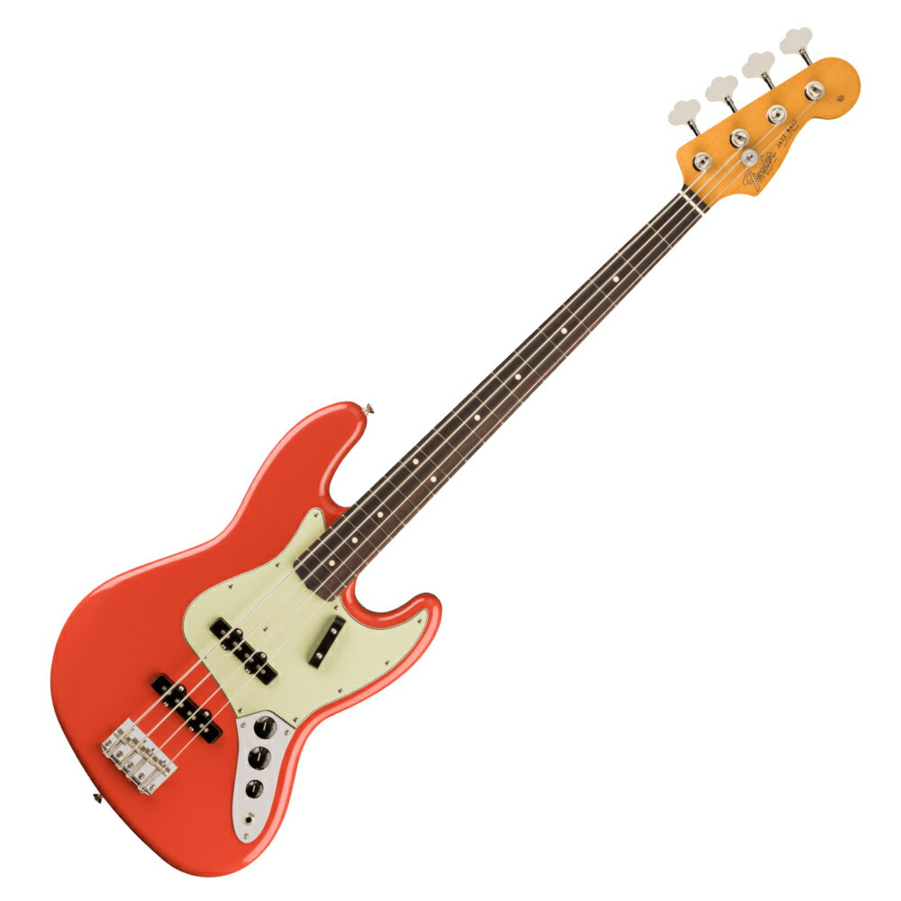 Fender フェンダー Vintera II 60s Jazz Bass RW FRD エレキベース ジャズベースVintera II 60s Jazz Bassは、60年代のタイムレスなサウンドを現代に蘇らせ、フェンダーならではのアイコニックなルックス、インスピレーション、比類ないトーンを提供します。Vintera II 60s Jazz Bassは、アルダーボディにローズウッド指板のメイプルネックを採用し、パンチと透明感に溢れたクラシックなフェンダートーンを実現します。60年代初期の"C"シェイプネックは、直感的で魅力的なプレイアビリティを提供する60年代モデルのネックプロファイルをベースに設計されており、7.25インチラジアス指板とヴィンテージトールフレットにより、大胆なベンディングや繊細なビブラートが可能で、ヴィンテージの快適さが得られます。ヴィンテージスタイルの60年代初期のシングルコイルピックアップは、温かでダイナミック、パワフルなフェンダーサウンドを提供します。ヴィンテージスタイルの4サドル式ブリッジとチューニングマシンは、クラシックなルックスに加え、イントネーションとチューニングの安定性を向上させます。Vintera II 60s Jazz Bassのクラシックなヴィンテージフィールと比類なきフェンダーサウンドで、あなたにしかできない、新たな音楽の歴史を刻み始めましょう。【FEATURES】■ アルダーボディ■ 7.25インチラジアスのローズウッド指板、ヴィンテージトールフレット■ 60年代初期の"C"ネックシェイプ■ ヴィンテージスタイルMid-'60sピックアップ■ ヴィンテージスタイルチューニングマシン■ ヴィンテージスタイル4スレデッドスチールサドル式ブリッジ【スペック】・プロダクトネーム：Vintera II '60s Jazz Bass, Rosewood Fingerboard, Fiesta Red・モデル番号：0149230340・シリーズ：Vintera II・オリエンテーション：Right-Hand・カラー：Fiesta Red・原産国：MX・ヘッドストック：Jazz Bass・ネック：4-Bolt Standard・ネックフィニッシュ：Gloss Urethane・ネックシェイプ：Early '60s "C"・ネック：4-Bolt Standard・フィンガーボードラジアス：7.25" (184.1 mm)・フィンガーボードの素材：Slab Rosewood・ポジションインレイ：White Dot・サイドドット：・フレット数：20・トラスロッド：Vintage-Style Butt Adjust・トラスロッドナット：Vintage-Style Butt Adjust・ナット：Synthetic Bone・ナット幅：1.5" (38.1 mm)・ナットの素材：Synthetic Bone・ボディ：Alder・ボディフィニッシュ：Gloss Polyester・ボディシェイプ：Jazz Bass・ボディ素材：Alder・ブリッジ：4-Saddle Vintage-Style with Threaded Steel Saddles・Bridge Mounting：5-Screw Vintage-Style・ピックガード：3-Ply Mint Green・ピックアップカバー：Black・コントロールノブ：Black Plastic・ハードウェアフィニッシュ：Nickel/Chrome・チューニングマシーン：Vintage-Style Open-Back・String Trees：Vintage-Style Disc・ストリング：Fender USA 7250M Nickel Plated Steel (.045-.105 Gauges), PN 0737250406・ネックプレート：4-Bolt Vintage-Style・ストラップボタン：Vintage-Style・ブリッジピックアップ：Vintage-Style '60s Single-Coil Jazz Bass・ミドルピックアップ：Vintage-Style '60s Single-Coil Jazz Bass・ピックアップコンフィギュレーション：SS・コントロール：Volume 1. (Middle Pickup), Volume 2. (Bridge Pickup), Tone・スウィッチ：None・フレットサイズ：Vintage Tall・スケール：34" (86.36 cm)・ギグバック付き