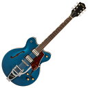 GRETSCH グレッチ G2622T Streamliner Center Block Double-Cut with Bigsby Dark Denim エレキギターリフレッシュされたStreamliner Collectionは、Gretschギターの輝かしい過去の要素を再訪し、エキサイティングな新機能と組み合わせることで、優れたパフォーマンス、サウンド、スタイルを驚くべき価値で提供します。G2622T Streamliner Center Block Double-Cut with Bigsbyは、パワフルなサウンドとGretschならではのスタイリングをよりコンパクトなサイズに収め、現代に甦らせました。G2622Tは、グレッチに期待されるすべての要素を保ちつつ、楽器にワンランク上のパフォーマンス、スタイル、そしてより大きな音量感を求めるギタリストのために設計されています。【主な特徴】新開発のBroad'Tron BT-3Sハムバッカーを搭載ダブルカッタウェイの16インチアーチドメイプルボディ、チャンバードセンターブロックを採用Soft "C"シェイプのナトーネック12インチラジアスローレル指板、パーロイドNeo Classicサムネイルインレイ、22本のミディアムジャンボフレットを採用ボーンナットマスターボリューム、マスタートーン、各ピックアップのボリュームコントロールにより、柔軟なトーン設計が可能マスターボリュームにPush/Pullコイルスプリット機能を内蔵ラジオコントロールノブアンカー付きAdjusto-MaticブリッジBigsby B70ヴィブラートテイルピース3-plyべっ甲柄ピックガードニッケルハードウェア●Generalシリーズ : Streamlinerオリエンテーション : Right-Handカラー : Dark Denim原産国 : ID●Neckネック : Natoネックフィニッシュ : Glossネックシェイプ : Soft "C"ネック : Set-Neckフィンガーボードラジアス : 12" (305 mm)フィンガーボードの素材 : Laurelポジションインレイ : Pearloid Neo-Classic Thumbnailフレット数 : 22ナット : Boneナット幅 : 1.6875" (42.86 mm)ナットの素材 : Bone●Bodyボディ : Laminated Mapleボディフィニッシュ : Glossボディシェイプ : Center Blockボディトップ : Arched Laminated Mapleボディバインディング : Aged White with B/W/B Purflingボディバック : Arched Laminated MapleBODY STYLE : Gretsch Center Block Guitarsボディ素材 : Laminated MapleCUTAWAY : Double Cutawayブレイシング : Center Blockウェイスト : 9.75" (248 mm)SOUND HOLE : F-Holes●Hardwareブリッジ : Adjusto-Maticブリッジカバー/テイルピース : Bigsby B70BRIDGE MOUNTING : Anchoredピックガード : 3-Ply Tortoiseshell(ベッコウ柄)ピックアップカバー : Nickelコントロールノブ : Gretsch Radio KnobSWITCH TIP : Blackハードウェアフィニッシュ : Nickelチューニングマシーン : Die-Cast Sealedストリング : Nickel Plated Steel (.010-.046 Gauges)ストラップボタン : Standard Strap Button●Electronicsブリッジピックアップ : Broad'Tron BT-3Sネックピックアップ : Broad'Tron BT-3Sピックアップコンフィギュレーション : Broad'Tron / Broad'Tronコントロール : : Volume 1. (Neck Pickup), Volume 2. (Bridge Pickup), Master Tone, Master Volume with Push/Pull for Coil Splitスウィッチ3-Position Toggle: Position 1. Bridge Pickup, Position 2. Bridge And Neck Pickups, Position 3. Neck PickupAUXILIARY SWITCHIN : GPush/Pull Pot (for Coil Split)●Measurements寸法 : 5.60x18.00x46.30 INアッパーバウト : 11.5" (292 mm)ローワーバウト : 16" (406 mm)BODY DEPTH : 1.75" (44.45 mm)フレットサイズ : Medium Jumboスケール : 24.75" (629 mm)