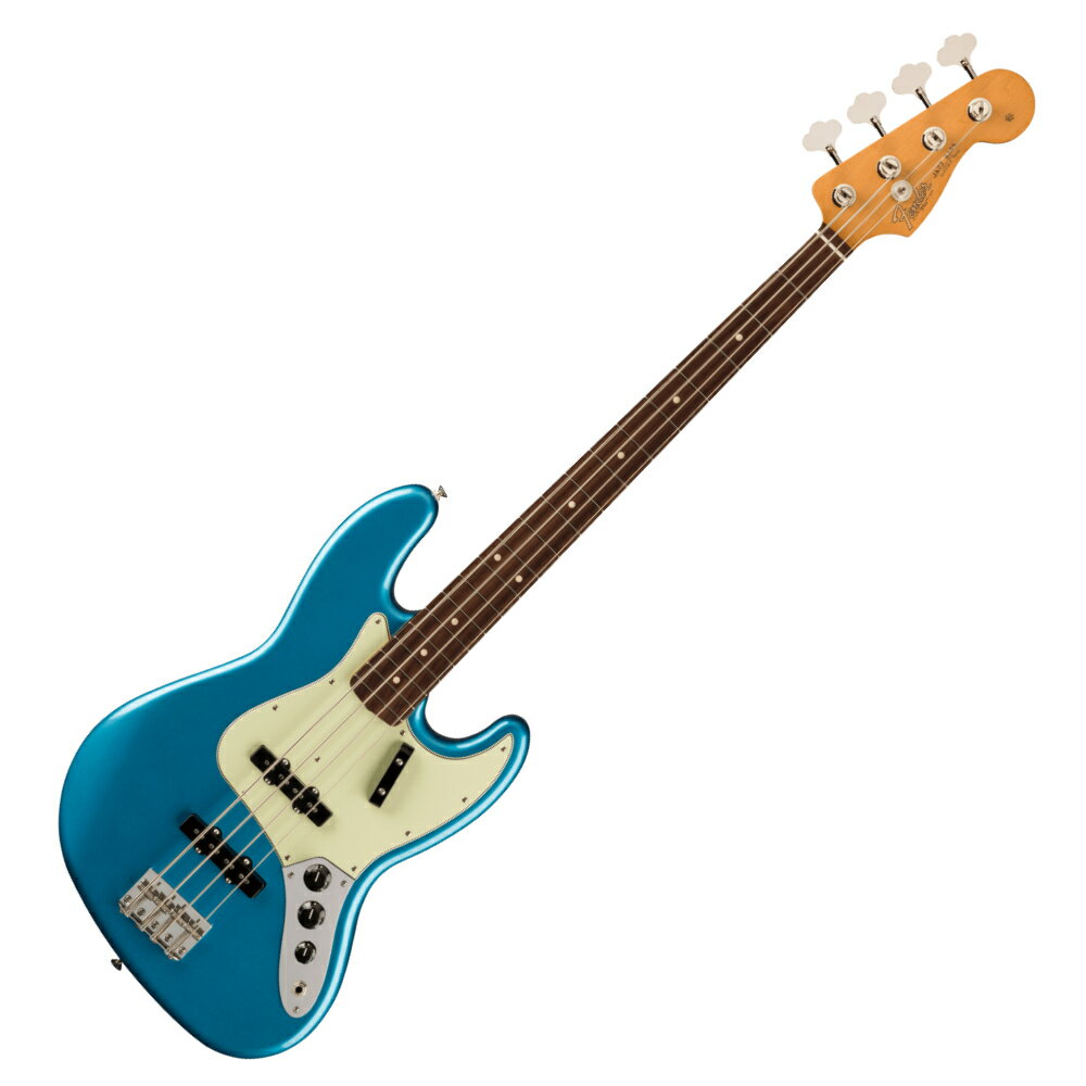 Fender フェンダー Vintera II 60s Jazz Bass RW LPB エレキベース ジャズベースVintera II 60s Jazz Bassは、60年代のタイムレスなサウンドを現代に蘇らせ、フェンダーならではのアイコニックなルックス、インスピレーション、比類ないトーンを提供します。Vintera II 60s Jazz Bassは、アルダーボディにローズウッド指板のメイプルネックを採用し、パンチと透明感に溢れたクラシックなフェンダートーンを実現します。60年代初期の"C"シェイプネックは、直感的で魅力的なプレイアビリティを提供する60年代モデルのネックプロファイルをベースに設計されており、7.25インチラジアス指板とヴィンテージトールフレットにより、大胆なベンディングや繊細なビブラートが可能で、ヴィンテージの快適さが得られます。ヴィンテージスタイルの60年代初期のシングルコイルピックアップは、温かでダイナミック、パワフルなフェンダーサウンドを提供します。ヴィンテージスタイルの4サドル式ブリッジとチューニングマシンは、クラシックなルックスに加え、イントネーションとチューニングの安定性を向上させます。Vintera II 60s Jazz Bassのクラシックなヴィンテージフィールと比類なきフェンダーサウンドで、あなたにしかできない、新たな音楽の歴史を刻み始めましょう。【FEATURES】■ アルダーボディ■ 7.25インチラジアスのローズウッド指板、ヴィンテージトールフレット■ 60年代初期の"C"ネックシェイプ■ ヴィンテージスタイルMid-'60sピックアップ■ ヴィンテージスタイルチューニングマシン■ ヴィンテージスタイル4スレデッドスチールサドル式ブリッジ【スペック】・プロダクトネーム：Vintera II '60s Jazz Bass, Rosewood Fingerboard, Lake Placid Blue・モデル番号：0149230302・シリーズ：Vintera II・オリエンテーション：Right-Hand・カラー：Lake Placid Blue・原産国：MX・ヘッドストック：Jazz Bass・ネック：4-Bolt Standard・ネックフィニッシュ：Gloss Urethane・ネックシェイプ：Early '60s "C"・ネック：4-Bolt Standard・フィンガーボードラジアス：7.25" (184.1 mm)・フィンガーボードの素材：Slab Rosewood・ポジションインレイ：White Dot・サイドドット：・フレット数：20・トラスロッド：Vintage-Style Butt Adjust・トラスロッドナット：Vintage-Style Butt Adjust・ナット：Synthetic Bone・ナット幅：1.5" (38.1 mm)・ナットの素材：Synthetic Bone・ボディ：Alder・ボディフィニッシュ：Gloss Polyester・ボディシェイプ：Jazz Bass・ボディ素材：Alder・ブリッジ：4-Saddle Vintage-Style with Threaded Steel Saddles・Bridge Mounting：5-Screw Vintage-Style・ピックガード：3-Ply Mint Green・ピックアップカバー：Black・コントロールノブ：Black Plastic・ハードウェアフィニッシュ：Nickel/Chrome・チューニングマシーン：Vintage-Style Open-Back・String Trees：Vintage-Style Disc・ストリング：Fender USA 7250M Nickel Plated Steel (.045-.105 Gauges), PN 0737250406・ネックプレート：4-Bolt Vintage-Style・ストラップボタン：Vintage-Style・ブリッジピックアップ：Vintage-Style '60s Single-Coil Jazz Bass・ミドルピックアップ：Vintage-Style '60s Single-Coil Jazz Bass・ピックアップコンフィギュレーション：SS・コントロール：Volume 1. (Middle Pickup), Volume 2. (Bridge Pickup), Tone・スウィッチ：None・フレットサイズ：Vintage Tall・スケール：34" (86.36 cm)・ギグバック付き