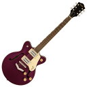 GRETSCH グレッチ G2655 Streamliner Center Block Jr. Double-Cut with V-Stoptail Burnt Orchid エレキギターリフレッシュされたStreamliner Collectionは、グレッチギターの輝かしい過去の要素を再訪し、エキサイティングな新機能と驚くことで、優れたパフォーマンス、サウンド、スタイルを驚くべき価値で提供します。G2655 Streamliner Center Block Jr. with V-Stoptailは、パワフルなサウンドとグレッチならではのスタイリングをよりコンパクトなサイズに近づけ、現代に甦りました。 G2655は、グレッチに期待されるすべての要素を取り揃えつつ、楽器ワンランク上のパフォーマンス、スタイル、そしてより大きな音量感を求めるために設計されています。新開発のBroad'Tron BT-3Sハムバッカーを搭載ダブルカッタウェイのアーチドメイプルボディにチェンバードセンターブロックを採用ソフト「C」シェイプのナトーネック12インチラジアスローレル指板、パーロイドNeo Classicサムネイルインレイ、22本のミディアムジャンボフレットを採用ボーンナットマスターボリューム、マスタートーン、各ピックアップのボリュームコントロールにより、柔軟なトーン設計が可能ですマスターボリュームにPush/Pullコイルスプリット機能を内蔵ラジオノブコントロールアンカー付きAdjusto-Maticブリッジグレッチ V-ストップテイルピース1層クリーム、または3層ブラックピックガードニッケルハードウェアBurnt Orchid、Midnight Sapphire、Abbey Aleカラーをラインナップ●Generalシリーズ : Streamlinerオリエンテーション : Right-Handカラー : Burnt Orchid原産国 : ID●Neckネック : Natoネックフィニッシュ : Glossネックシェイプ : Soft "C"ネック : Set-Neckフィンガーボードラジアス : 12" (305 mm)フィンガーボードの素材 : Laurelポジションインレイ : Pearloid Neo-Classic Thumbnailフレット数 : 22ナット : Boneナット幅 : 1.6875" (42.86 mm)ナットの素材 : Bone●Bodyボディ : Laminated Mapleボディフィニッシュ : Glossボディシェイプ : Streamliner Center Block Jr.ボディトップ : Arched Laminated Mapleボディバインディング : Aged White with B/W/B Purflingボディバック : Arched Laminated MapleBODY STYLE : Gretsch Center Block Guitarsボディ素材 : Laminated MapleCUTAWAY : Double Cutawayブレイシング : Center Blockウェイスト : 8.625" (219.08 mm)SOUND HOLE : F-Holes●Hardwareブリッジ : Adjusto-Maticブリッジカバー/テイルピース : V-StoptailBRIDGE MOUNTING : Anchoredピックガード : 1-Ply Cream with Gold Gretsch Logoピックアップカバー : Nickelコントロールノブ : Gretsch Radio KnobSWITCH TIP : Creamハードウェアフィニッシュ : Nickelチューニングマシーン : Die-Cast Sealedストリング : Nickel Plated Steel (.010-.046 Gauges)ストラップボタン : Standard Strap Button●Electronicsブリッジピックアップ : Broad'Tron BT-3Sネックピックアップ : Broad'Tron BT-3Sピックアップコンフィギュレーション : Broad'Tron / Broad'Tronコントロール : Volume 1. (Neck Pickup), Volume 2. (Bridge Pickup), Master Tone, Master Volume with Push/Pull for Coil Splitスウィッチ : 3-Position Toggle: Position 1. Bridge Pickup, Position 2. Bridge and Neck Pickups, Position 3. Neck PickupAUXILIARY SWITCHING : Push/Pull Pot (for Coil Split)●Measurements寸法 : 4.80x17.70x45.60 INアッパーバウト : 10.625" (270 mm)ローワーバウト : 13.375" (340 mm)BODY DEPTH : 1.75" (44.45 mm)フレットサイズ : Medium Jumboスケール : 24.75" (629 mm)