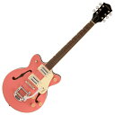 GRETSCH グレッチ G2655T Streamliner Center Block Jr. Double-Cut with Bigsby Coral エレキギターリフレッシュされたStreamliner Collectionは、Gretschギターの輝かしい過去の要素を再訪し、エキサイティングな新機能と組み合わせることで、優れたパフォーマンス、サウンド、スタイルを驚くべき価値で提供します。G2655T Streamliner Center Block Jr. Double-Cut with Bigsbyは、パワフルなサウンドとGretschならではのスタイリングをよりコンパクトなサイズに収め、現代に甦らせました。G2655Tは、グレッチに期待されるすべての要素を保ちつつ、楽器にワンランク上のパフォーマンス、スタイル、そしてより大きな音量感を求めるギタリストのために設計されています。【主な特徴】新開発のBroad'Tron BT-3Sハムバッカーを搭載ダブルカッタウェイのアーチドメイプルボディにチェンバードセンターブロックを採用Soft "C"シェイプのナトーネック12インチラジアスローレル指板、パーロイドNeo Classicサムネイルインレイ、22本のミディアムジャンボフレットを採用ボーンナットマスターボリューム、マスタートーン、各ピックアップのボリュームコントロールにより、柔軟なトーン設計が可能マスターボリュームにPush/Pullコイルスプリット機能を内蔵ラジオコントロールノブアンカー付きAdjusto-MaticブリッジBigsby B50ヴィブラートテイルピース1-plyクリームピックガードニッケルハードウェア●Generalシリーズ : Streamlinerオリエンテーション : Right-Handカラー : Coral原産国 : ID●Neckネック : Natoネックフィニッシュ : Glossネックシェイプ : Soft "C"ネック : Set-Neckフィンガーボードラジアス : 12" (305 mm)フィンガーボードの素材 : Laurelポジションインレイ : Pearloid Neo-Classic Thumbnailフレット数 : 22ナット : Boneナット幅 : 1.6875" (42.86 mm)ナットの素材 : Bone●Bodyボディ : Laminated Mapleボディフィニッシュ : Glossボディシェイプ : Streamliner Center Block Jr.ボディトップ : Arched Laminated Mapleボディバインディング : Aged Whiteボディバック : Arched Laminated MapleBODY STYLE : Gretsch Center Block Guitarsボディ素材 : Laminated MapleCUTAWA : YDouble Cutawayブレイシング : Center Blockウェイスト : 8.625" (219.08 mm)SOUND HOLE : F-Holes●Hardwareブリッジ : Adjusto-Maticブリッジカバー/テイルピース : Bigsby B50BRIDGE MOUNTING : Anchoredピックガード : 1-Ply Cream with Gold Gretsch Logoピックアップカバー : Nickelコントロールノブ : Gretsch Radio KnobSWITCH TIP : Creamハードウェアフィニッシュ : Nickelチューニングマシーン : Die-Cast Sealedストリング : Nickel Plated Steel (.010-.046 Gauges)ストラップボタン : Standard Strap Button●Electronicsブリッジピックアップ : Broad'Tron BT-3Sネックピックアップ : Broad'Tron BT-3Sピックアップコンフィギュレーション : Broad'Tron / Broad'Tronコントロール : Volume 1. (Neck Pickup), Volume 2. (Bridge Pickup), Master Tone, Master Volume with Push/Pull for Coil Splitスウィッチ : 3-Position Toggle: Position 1. Bridge Pickup, Position 2. Bridge And Neck Pickups, Position 3. Neck PickupAUXILIARY SWITCHING : Push/Pull Pot (for Coil Split)●Measurements寸法 : 5.10x17.90x45.70 INアッパーバウト : 10.625" (270 mm)ローワーバウト : 13.375" (340 mm)BODY DEPTH : 1.75" (44.45 mm)フレットサイズ : Medium Jumboスケール : 24.75" (629 mm)