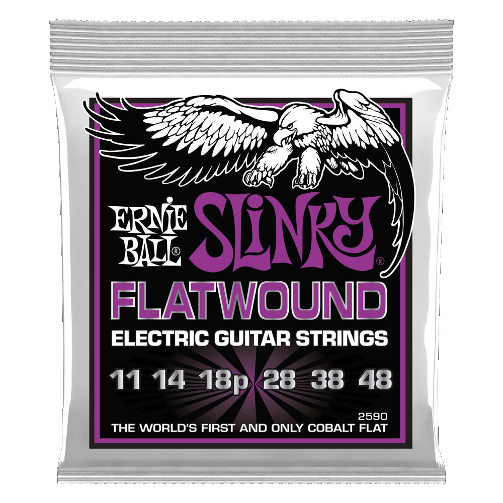 ERNIE BALL 2590 Flatwound Power Slinky 11-48（3弦プレーン） フラットワウンド エレキギター弦 パワースリンキー定番のギター・セット、アーニーボールのスリンキー・シリーズに、新たにフラットワウンド弦のラインナップが加わりました。特許取得済みのコバルト合金リボンで巻かれており、フラットワウンド弦ならではの感触で丸みのあるサウンドを奏でます。■コバルト合金リボン・ワイヤーの精密な巻線■フィンガーノイズの少ない柔軟な構造■丸みのあるサウンドとフラットなフィーリング■プレーンG弦■最高級かつフレッシュな素材を使用し、アメリカ南カリフォルニアで製造。ゲージ：パワー (.011, .014, .018p, .028, .038, .048)、