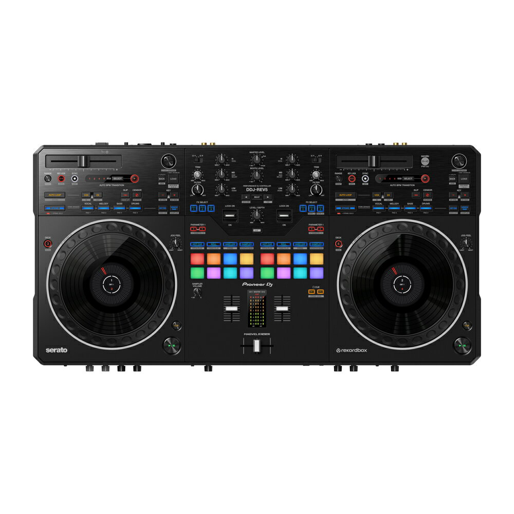 Pioneer DJ パイオニア DDJ-REV5 DJコントローラーSerato DJ Proとrekordboxに両対応 206mm大型ジョグ採用のスクラッチDJコントローラーDDJ-REV5は大型ジョグとMAGVEL FADERを搭載し、世界中のオープンフォーマットDJが慣れ親しんだレイアウトを採用しました。STEMS機能や業界初の新機能AUTO BPM TRANSITION、PIANO PLAYモードでの演奏が可能になり、Serato DJ Proとrekordboxに両対応のためライブマッシュアップやリミックスなどのDJパフォーマンスをより自由に表現することができます。主な特徴ダイナミックなスクラッチを実現する大型サイズジョグとMAGVEL FADER応答性と信頼性が高く操作性に優れた「CDJシリーズ」の大型ジョグを搭載し、中央部のディスプレイで再生位置情報を一目で把握することが可能です。また、JOG FEELを搭載しているため、好みに合わせてジョグの負荷を微調整することで、最適な操作感で演奏できます。さらに、MAGVEL FADERは、どんなに細かい動きにも対応し、スクラッチパフォーマンスを限界まで引き出します。世界中のオープンフォーマットDJに高く評価されているターンテーブル「PLXシリーズ」およびDJミキサー「DJM-Sシリーズ」のレイアウトを踏襲しています。デッキ上部に水平に配置されたTEMPO SLIDERと、PERFORMANCE PADSとLEVER FXがフェーダー近くに配置されたレイアウトにより、スクラッチとパッドやエフェクト演奏を融合させたダイナミックなパフォーマンスを可能にします。専用のSTEMSボタンによる斬新なライブマッシュアップでクリエイティブなパフォーマンスを実現Serato DJ Proが提供するSTEMS機能を使えば、VOCAL/MELODY/BASS/DRUMSの4パート（rekordboxの場合は、VOCAL/INST/DRUMS）を個々に即座に操作し、クリエイティブなライブマッシュアップやリミックスを生み出すことができます。STEMS MUTE/SOLO選択したパートだけをミュート／アクティブにすることで、マッシュアップの多彩な表現を可能にします。STEMS SEPARATE特定のパートだけを異なるデッキに分離してスクラッチしたり、STEMを選んで分離し、その部分だけにエフェクトをかけることが可能です。STEMS LEVELEQノブにSTEMS機能を割り当て、パートごとに音量調整ができます。STEMS機能によって分離されたパートを、DECK MOVE機能やDUAL DECK機能と組み合わせて使用できます。BPMに縛られない選曲を可能にする新機能AUTO BPM TRANSITION新機能のAUTO BPM TRANSITIONにより、BPMが大きく離れたさまざまなジャンルの楽曲同士をシームレスにミックスすることが可能になりました。AUTO BPM TRANSITION STARTボタンを押すだけで、あらかじめ設定された小節数で他方のデッキのBPMにスムースに遷移します。また、トランジション開始時に適用されるSTEMS、AUTO LOOP、KEY LOCKを設定でき、ビート感の無いスムースなトランジションやループを組み合わせたパワフルなトランジションを演出できます。TEMPO SLIDERの操作から解放されることで、エフェクトの操作や次の楽曲の準備など、より創造性に満ちた演奏に専念することができます。より音楽的でクリエイティブなパッド演奏が楽しめる新機能PIANO PLAYモードPITCH PLAYをよりクリエイティブにする新機能PIANO PLAYモードを搭載しました。16個のパッドをピアノの鍵盤に見立て、下段に白鍵、上段に黒鍵を配した1オクターブ分の音階が、HOT CUEを起点にPERFORMANCE PADSに配置されます。3種類のスケールモードを切り替えることができるので、音楽知識やピアノスキルが無い方でも、より気軽にPITCH PLAYを楽しめるようになりました。豊富な入出力とスムースなDJ交代を可能にする2系統のUSB Type-C端子を搭載プロフェッショナルな現場にも対応できるXLRマスターアウトを含む豊富な入出力端子を搭載し、本格的かつ多様性に富んだシステムを構築することが可能です。また、PC/Mac接続用のUSB Type-C端子を2系統搭載しており、本体の切り替えスイッチを操作するだけでDJ交代が簡単に行えます。スペック再生周波数帯域：20 - 20000 Hz幅：736 mm高さ：73.4 mm奥行き：377.2 mm本体質量：6.2 kgサウンドカード：24 bit/48 kHzS/N比：110 dB全高調波歪率：0.003 %以下 (USB)消費電流：DC 5 V, 3 000 mA入力端子：2 MIC (XLR & 1/4 inch TRS Jack, 1/4 inch TRS Jack)、1 AUX (RCA)出力端子：2 MASTER (XLR, RCA)、1 BOOTH (1/4 inch TRS Jack)、2 PHONES (1/4-inch stereo jack, 3.5-mm stereo mini-jack)USB：3 USB C端子 (PC/Mac接続 ×2, 電源供給 ×1)付属品電源コード：ACアダプターUSBケーブル (C to C)：Serato DJ Pro Expansion Pitch’n Time DJバウチャークイックスタートガイド：使用上のご注意