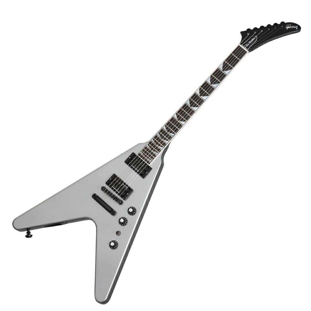 Gibson ギブソン Dave Mustaine Flying V EXP Metallic Silver エレキギター※ご購入後、15日以内に必ず同梱されるユーザー登録カードに必要事項をご記入の上、ギブソン・ジャパンへご郵送下さい。ユーザー登録したご本人に限り、メーカー規定の故障に対してのみ、無期限での保証が提供されます。メタルの象徴、Dave MustaineデザインモデルDave Mustaine（デイヴ・ムステイン）は、マルチプラチナム・セリングとグラミー賞を受賞したバンド”MEGADETH（メガデス）”の伝説的なギタリスト、ボーカリスト、そしてソングライターであり、バンドの創設者です。彼の新しいGibson Dave Mustaine Flying VTM EXP Artist Modelは、彼が求めるパワフルでヘビーなサウンドと卓越した演奏性能を持ち合わせています。25.5インチ・スケールのマホガニー・ネックは、コンパウンド・フレットボード・ラジアス（ローポジションからハイポジションにかけて、フィンガーボード・ラジアスが緩やかになる円錐形加工処理）を持つエボニー・フレットボードに24ミディアム・ジャンボ・フレットとマザー・オブ・パール “teeth” インレイ、そしてキドニー型ボタンのGrover Mini RotomaticチューナーとGraph Techナットが採用され、エクスプローラー・スタイルのヘッドストック仕様となっています。マホガニー・フライングVスタイルのボディには、Tune-0-MaticTMブリッジとストップバー・テールピースを使用し、デイブ・ムステインのシグネチャー・ピックアップであるSeymour Duncan Thrash Factorがペアで搭載されています。アンティーク・ナチュラルとメタリック・シルバーのニトロセルロース・ラッカー・フィニッシュ、ブラック・クロームのハードウェアが特長です。ハードシェル・ケースが付属しています。【Dave Mustaine Flying V EXP Specifications】・BodyBody Shape : Flying VBody Material : MahoganyFinish : Gloss Nitrocellulose Lacquer・NeckMaterial : MahoganyProfile : SlimTaper with VoluteScale Length : 25.5"Fingerboard Material : EbonyFingerboard Radius : CompoundNumber Of Frets : 24Frets : Medium JumboNut Material : Graph TechNut Width : 1.695"End of Board Width : 2.26"Inlays : Mother of Pearl TeethJoint : Glued In・HardwareFinish : Black ChromeTuner Plating : Black ChromeBridge : Nashville Tune-O-MaticTailpiece : Stop BarTuning Machines : Grover Mini Rotomatics with Kidney ButtonsTrussRod : AdjustableTruss Rod Cover : 2-ply Bell; Black and White; Dave Mustaine SignatureControl Knobs : Black Witch HatsSwitch Tip : BlackJack Plate Cover : Recessed Black ChromeStrap Buttons : 2・ElectronicsNeck Pickup : Dave Mustaine Signature Seymour Duncan Thrash Factor SetBridge Pickup : Dave Mustaine Signature Seymour Duncan Thrash Factor SetControls : 2 Volume, 1 Master Tone, Custom Dave Mustaine WiringPickup Selector : 3-way ToggleOutput Jack : 1/4"・MiscellaneousStrings Gauge : .010, .013, .017, .026, .036, .046Case : Custom Hardshell Case with Dave Mustaine SilhouetteAccessories : Gibson Accessory Kit