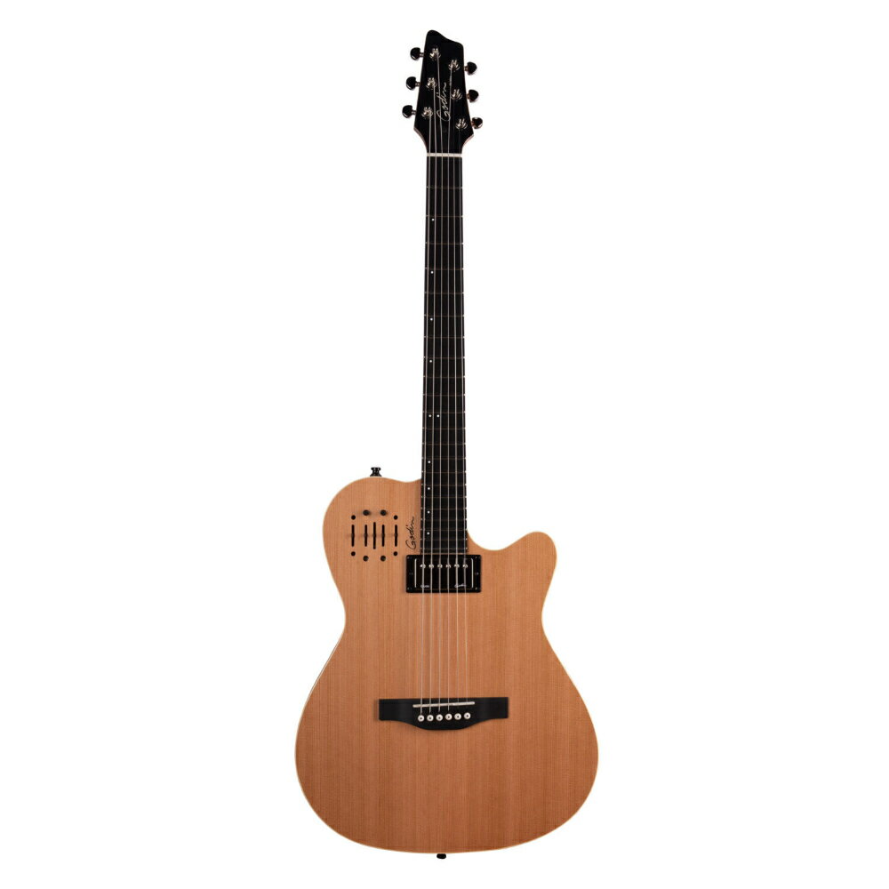 Godin ゴダン A6 ULTRA Natural SG エレガットギターA6 Ultraはエレキプレイヤーに弾きやすさとアコースティックトーンをもたらす幅1.72" (43.688 mm)のネックに.012 -.052弦を初期搭載したピエゾとマグネティックサウンドのブレンドが可能なモデルです。シルバーリーフメイプルボディにカナディアンローレンシアンバスウッドウイングのダブルチェンバードボディは軽量で薄型、ソリッドシダートップとの組み合わせはアコースティックな響きとエレキギターライクなパワフルなサウンドを持ち合わせます。ナット幅1.72" (43.688 mm)のマホガニーネックと.012 -.052弦を初期搭載し、アコギ、エレキプレイヤーの持ち替えもストレスなく行えます。また、サウンドホールを廃し、コントロール部に空気孔を配置することでバンド内でのハウリングのリスクを最小限に抑えています。フロントのGodinハムバッカーによるパワフルで太いサウンドと 、 サドル下のCustom Godin transducerの素直なアコースティックサウンドをピエゾ・ボリューム、トレブル、ミッド、ベースEQのスライダーと、エレクトリック・ハムバッカーのボリューム、トレブル、ベースの独立したコントロールによって、幅広いサウンドメイクが可能です。【A6 ULTRA Natural SGの魅力】・エレキプレイヤーに弾きやすさとアコースティックトーンをもたらす軽量で薄型なボディにナット幅1.72" (43.688 mm)のメイプルネックと.012 -.052弦を初期搭載し、アコギ、エレキプレイヤーの持ち替えもストレスなく行えます。 ・アコースティックな響きとエレキギターライクなパワフルなサウンドを両立シルバーリーフメイプルボディにカナディアンローレンシアンバスウッドウイングのダブルチェンバードボディは軽量で薄型、ソリッドシダートップとの組み合わせはアコースティックな響きとエレキギターライクなパワフルなサウンドを持ち合わせます。 ・ハウリングのリスクを最小限にサウンドホールを廃し、コントロール部に空気孔を配置することでバンド内でのハウリングのリスクを最小限に抑えています。・ハムバッカー+ピエゾフロントのGodinハムバッカーによるパワフルで太いサウンドと 、 サドル下のCustom Godin transducerの素直なアコースティックサウンドを自在にブレンドし、幅広いサウンドメイクが可能です。 ・特徴的なコントロールピエゾ・ボリューム、トレブル、ミッド、ベースEQのスライダーと、エレクトリック・ハムバッカーのボリューム、トレブル、ベースの独立したコントロールによって、幅広いサウンドメイクが可能です。【Spec】トップ材：ソリッドシダーボディ材：ダブルチェンバードシルバーリーフメイプル / カナディアンローレンシアンバスウッドウイングネック：マホガニーナット：Graphtechフィンガーボード：リッチライトフィンガーボードR：16"(406.4mm)ブリッジ：リッチライトフロントピックアップ：Custom Godin humbuckerアンダーサドルピックアップシステム：Custom Godin under-saddle transducer with top mounted pre-ampコントロール：On-Board Preampフレット数：22ナット幅：1.72" (43.688 mm)スケール：25.5" (647.7 mm)フィニッシュ：セミグロスサイズ：L1003 x W360 x D62 (ボディ厚 48.5)mmギグバッグ付属