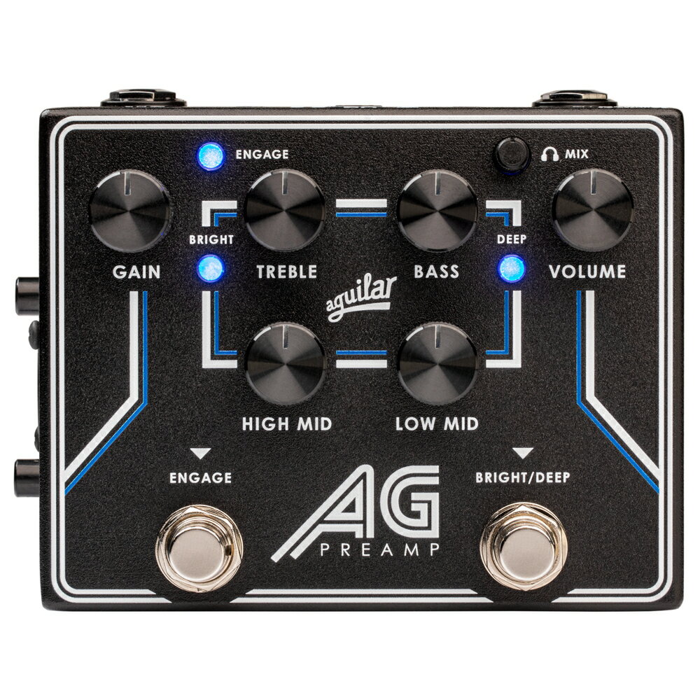 AGUILAR アギュラー AG Preamp プリアンプ DI ベースプリアンプ ダイレクトボックス・ブランド初期よりベストセラーを続けるAGアンプのプリアンプをペダル・サイズに凝縮。・フットスイッチによるスイープ可能な"Deep"と"Bright"のコントロール。・プリ/ポストとグラウンドリフトを備えたスタジオクオリティのDI。・ヘッドフォン・アウトとAUXインを搭載し、ヘッドフォン・アンプとしても使用可能。AG Preampは、AGシリーズのタイトで素早いレスポンスと幅広いサウンドを継承し、耳の肥えたベーシストも納得のペダルと言えるでしょう。パワフルな4バンドEQは、繊細にトーンを作り上げることができ、幅広い音楽ジャンルや演奏スタイルにも対応します。ウォームでパンチのあるサウンドから、ブライトでアーティキュレートなサウンドまで、比類ないコントロールとレスポンスを実現しました。フットスイッチで切り替え可能な"deep"と"bright"コントロールは、サウンドをさらに強化し、深みと存在感を加え、豊かで自然なインパクトを提供します。18Vで動作するAG Preampは、余裕のあるヘッドルームと卓越したシグナル・インテグリティを実現します。明瞭さを犠牲にしたり、不要な歪みを発生させることなく、サウンドを限界まで追い込むことができます。さらに、ヘッドフォン・アウトとAUXインを搭載しており、周囲を気にすることなく、お気に入りのトラックと合わせてセッション・プレイも可能です。■Gain : Controls input sensitivity level.■Treble : +/- 14 dB @ 4 kHz■Bass : +/- 17 dB @ 40 Hz■High Mid : +/- 14dB @ 800 Hz Low Mid - +/- 15 dB @ 300 Hz■Master : Controls output level■Engage : toggles between on/bypass (blue LED indicates on)■Bright/Deep : toggles through broadband “Deep”, “Bright”, or “Deep + Bright” (blue LED indicates on)■Headphone Volume : Controls volume of headphone mix■Power : 18v power supply■Inputs : One 1/4′′ jack, One Aux In■Outputs : One 1/4′′ jack, One XLR (nominal output - 14 dBu balanced), Headphone Out■外形寸法:120(W) x 95(D) x 55(H)mm