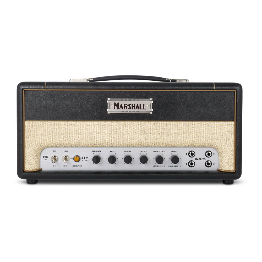 Marshall マーシャル Studio JTM ST20H 20W ギターアンプ ヘッド 真空管アンプStudio JTMStudio JTM はクラッシックな温かいサウンドを備え、低音量で真空管のドライブを得ることのできるスタジオやライブアンプとしてStudioシリーズのラインナップに加わりました。オリジナル30WのJTM45同様、Studio JTMはプリアンプに2本のECC83、パワーアンプには2本の5881、そして整流管にECC83を1本搭載、ロックの歴史が始まろうとしていたあの時期にタイムスリップさせてくれます。また JTMはMarshallのビンテージアンプ達同様の操作性と多様性を兼ね備えており、2チャンネルをリンクさせることで真空管ならではのサウンドメイクの可能性を開いてくれます。パワースイッチは一瞬で20Wか5Wの出力を選択でき、2つのインプットをどれだけラウドにプレイしたいかに合わせ選ぶことができます。DIアウトやFXループは現代の仕様として追加されました。イングランド Bletchleyの世界トップクラス工房でハンドメイドされたStudio JTM は相互繋ぎで強固に作られた筐体、手作業で溶接されたシャーシ、ポテンショメーターやチューブベース、最高級のパーツは手ハンダにて生産されています。【spec】ST20H:Studio JTM ヘッドパワー:20W with 5W パワーリダクション 真空管:プリ管:ECC83 x 2パワー管:5881 x 2phase splitter: ECC83 x 1Channels:4 インプットシングルチャンネルHigh Treble, Normal & Loudness 1, 2EQ:Treble, middle, bassl, presenceスピーカーアウトプット:5 x 1/4” jack sockets(16Ω load / 8Ω load / 4Ω load)その他アウトプット:DI output本体重量:9.25kg本体幅:500mm本体高さ:240mm本体奥行き:230mm