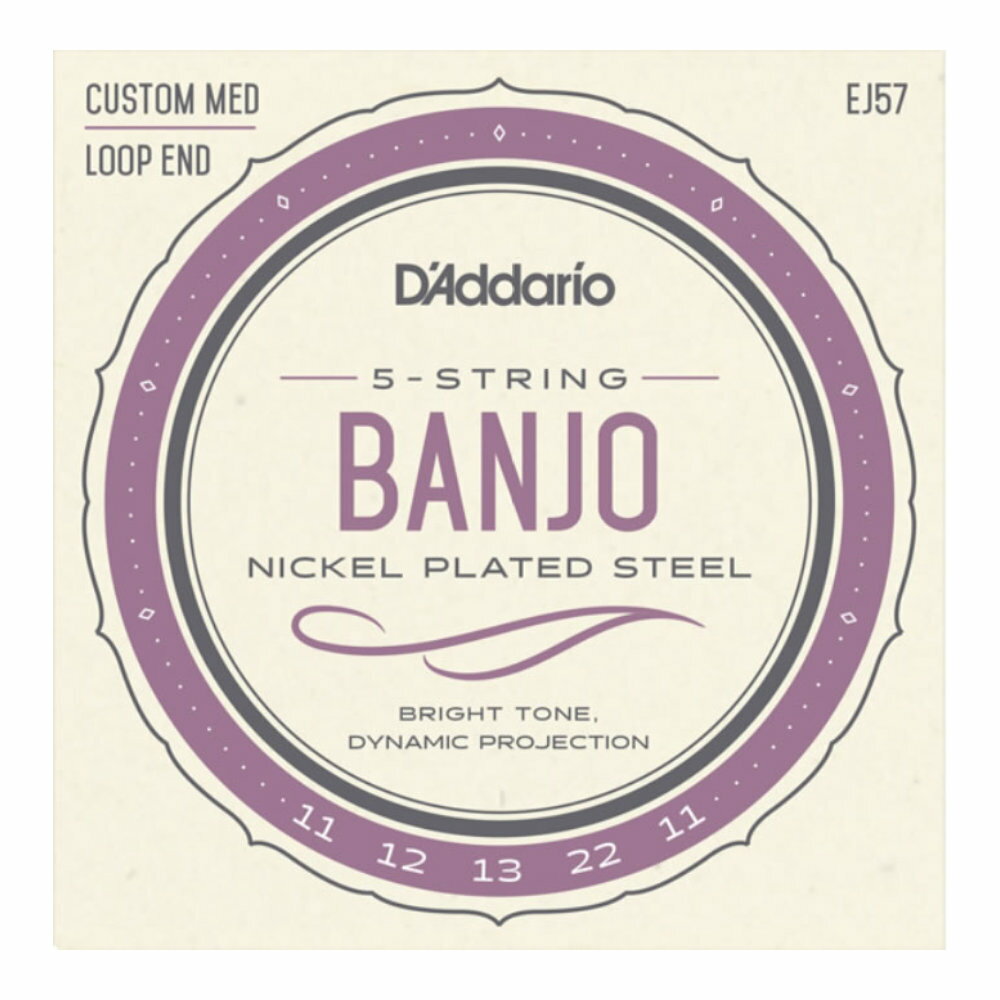 D'Addario ダダリオ EJ57 5-String Banjo Nickel Plated Custom Medium 11-22 バンジョー弦NICKEL-PLATED STEEL明るくスタンダードなトーンと快適な演奏性。ゲージ：Custom MediumD:0.011B:0.012G:0.013D:0.022G:0.011