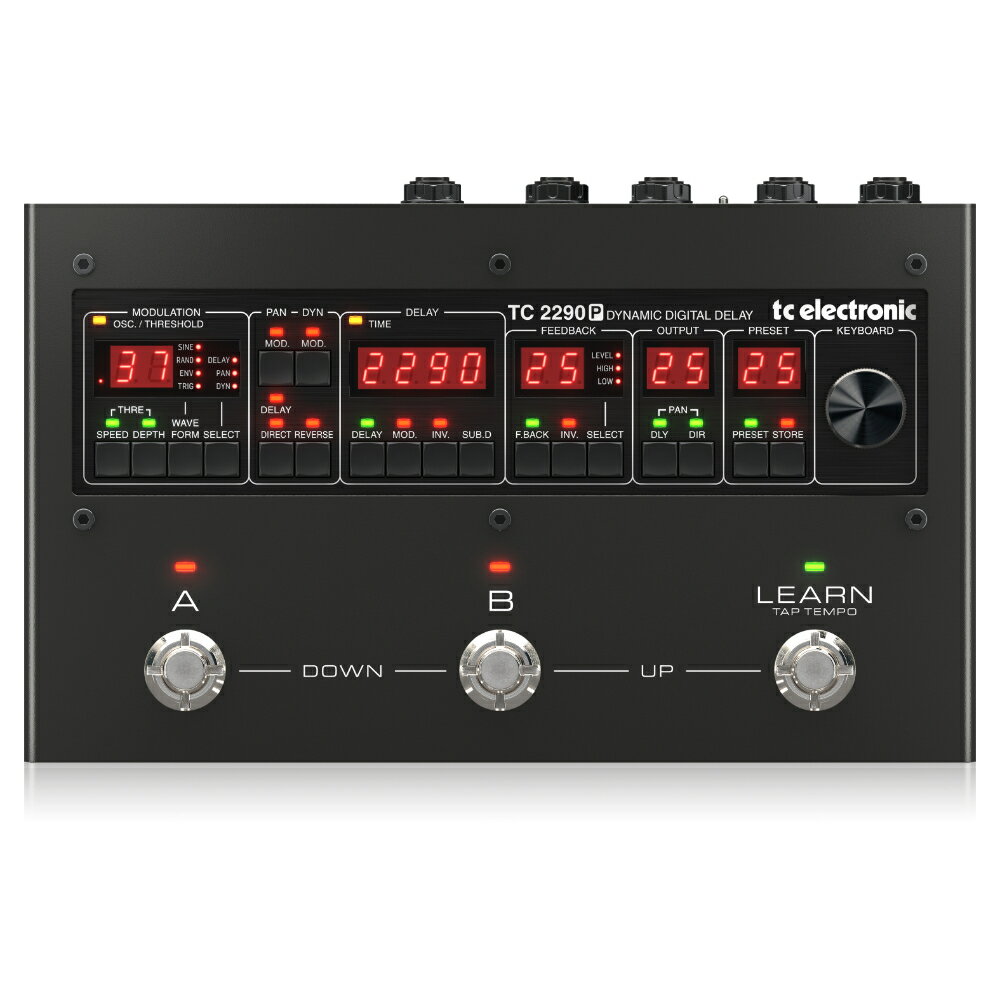 tc electronic TCエレクトロニック 2290 P DYNAMIC DIGITAL DELAY デジタルディレイ ディレイ ギターエフェクター128のプリセット、独立した”LEARN”ボタンを含む3つのフットスイッチ、サブディビジョン切り替え可能なディレイテンポ、FXインサートを搭載し、ペダルフォーマットで復活した伝説の”TC2290”ディレイペダルです。【主な特長】■ 伝説的なTC2290 DYNAMIC DIGITAL DELAYをペダルフォーマットで完璧に再現■ 幅広いモジュレーションとパン機能を備えた完璧なディレイソリューション■ レトロでクラシックなデザインを踏襲したデジタルディスプレイとパラメーターコントロールキー■ 素早いパラメーターコントロールが可能な“Quick Dial Knob”■ ディレイリピートに外部エフェクトを加えることが可能なFXインサート■ PRESET A/B、BANK UP/DOWN、“LEARN”タップテンポ用の3つのフットスイッチ■ 幅広いサブディビジョンオプション、PRESET/BANK/グローバル・コントロール、MIDIクロックシンクを搭載した完璧なタップ・テンポ機能■ 最大128プリセットの保存と呼び出しが可能■ Windows/Mac用の専用2290 Appにより、プリセットのインポート/エクスポートやMIDIのマッピングの変更/確認、トゥルーバイパス/バッファードバイパス（スピルオーバーON/OFF）の切り替えなどが可能■ オリジナルTC2290ユニットでは隠されていた特別な機能に簡単にアクセス可能■ 拡張されたフィードバックフィルターとディープモジュレーション2290 P DYNAMIC DIGITAL DELAYは、TC2290の遺志を受け継ぎ、そのサウンドと操作性、デザインをペダルフォーマットに落とし込んだディレイペダルです。TC Electronicはその名を冠するに相応しいサウンドとデザインを実現しました。TC2290のサウンドを完璧に再現することは簡単な旅ではありませんでした。なぜなら、オリジナルのTC2290を研究するために内部を開けてみると驚くことに大部分がアナログコンポーネントで設計されていたのです。実は、1980年代の後半頃、”デジタル”が流行り言葉であり、少しでも内部にデジタル機能を使えば、その製品の名称には”デジタル”を付けていたのです。そこでTC Electronicは一般的なデジタルディレイペダルの開発とはかけ離れた方法でこれらのコンポーネントを1からエミュレートし、TC2290のサウンドを再現することに決めたのです。そしてついに、TC Electronicエンジニアたちの愛情と情熱がこもった2290 P DYNAMIC DIGITAL DELAYが出来上がったのです。【仕様】・電源：スタンダード5.5 x 2.1mm DC・消費電流：9V センターマイナス 250mA （電源アダプター付属、電池駆動不可）・サイズ：54 x 233 x 137 mm（H x W x D）