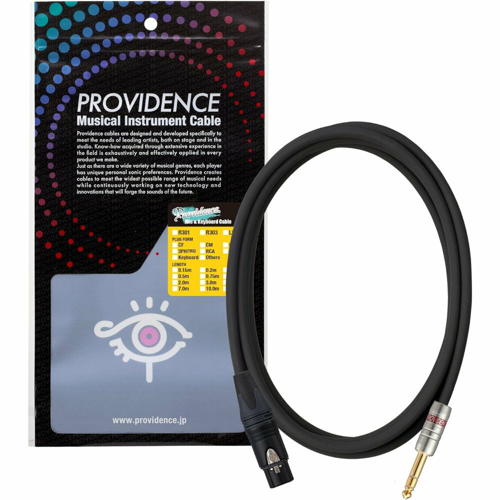 Providence プロビデンス R301 CF/3PH 0.5m マイクケーブル※画像はサンプルです。実際にお届けする商品は「0.5m」になります。デジタルレコーディングに最適な設計をしながらも人間的でウォームなサウンド。非OFC素材を使用し酸化など の劣化に強く、ダイナミックマイクでもコンデンサーマイク並に感じる広い音域を実現。R301 modelの特長Platinum LinkシリーズのR301 modelは、マイク/ライン専用に開発されたケーブルです。プロフェッショナルなデジタルレコーディングに対応した設計をしながらも人間的でウォームなサウンドを追及しました。また芯線/シールド線にプロビデンス初の非OFC素材を使用し酸化などの劣化に強い構造です。ダイナミックマイクでもコンデンサーマイク並に感じる広い音域とワンランク上に感じる使用感を実現しました。コネクターは、R301ケーブルの求めているサウンドと一番マッチしたNEUTRIK社製NC3FXX-B /NC3MXX-B を基本に、オール24金メッキ一体構造のProvidence NP-14GをはじめRCA、TRS PHONEなど豊富に取り揃えました。プロビデンス独自の実用性とアイディア●プロビデンス・ケーブルは、製品を開発する時に必ずプラグとのマッチングを何通りもテストし、求めているサウンドに一番マッチした組み合わせを採用しています。●プラグシャフトは大多数のフォーンジャック にジャストフィットするφ6.3mm。多少のことでは抜けにくく、プラグとジャックの接点が多いので音質にも好影響を与えます。 ●プロビデンス独自のL型プラグは91度のアングル(実用新 案)を持っているため、ワウペダルなどに見られるジャックとシャーシに角度のある機器への接続も容易です。R301 modelSPECIFICATIONS:Conductor-Size:0.30mm2Construction : 28/0.12A (No./mm)Diametr : 0.73mmInsulation-Thickness : 0.64mm(±0.05mm)Diametr : 2.00mmPaired twisting diameter : 4.00mm/Shield-Diameter : 4.60mmJack- et-Thickness : 0.80mm(±0.10)Diameter : 6.20mmMax- imum conductorresistance(20°C) : 58.00≧(Ω/km)Capac- itance(1kHz):Approx. 70(pF/m長さ：0.5mプラグ：CF/3PH（XLRキャノンメス→TRSフォーン）