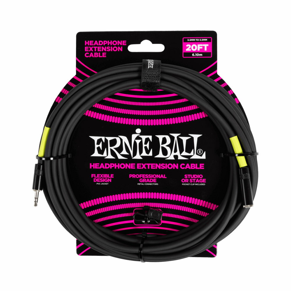 ERNIE BALL ヘッドホン用延長ケーブル 6425 HP CABLE 20FT 3.5 BK 約6メートル 3.5mmステレオ→3.5mmステレオアーニーボールの新しいヘッドフォン・エクステンション・ケーブルは、ステージや自宅での練習、さらにレコーディングでヘッドフォンやインイヤーモニター (IEM) を使用するミュージシャンに向けた、プロフェッショナル・グレードのソリューションです。信頼性の高いパフォーマンスを実現する構造と、便利なポケット・クリップ、そしてケーブル・タイが特徴です。スタジオやライヴ・パフォーマンスなどさまざまな用途に合わせて、3.5mm のプラグを備えたもの、そして 3.5mm と 1/4 インチのプラグを組み合わせたものをラインナップし、それぞれ 10 フィート(約 3m)と 20 フィート(約 6.1m)の長さを用意しました。アーニー・ボールのエクステンション・ケーブル・シリーズを使って、いつでもどこでも繋がっていましょう!プラグ形状：オス：3.5mm メス：3.5mm長さ：20ft（約6m）ポケット・クリップ付属