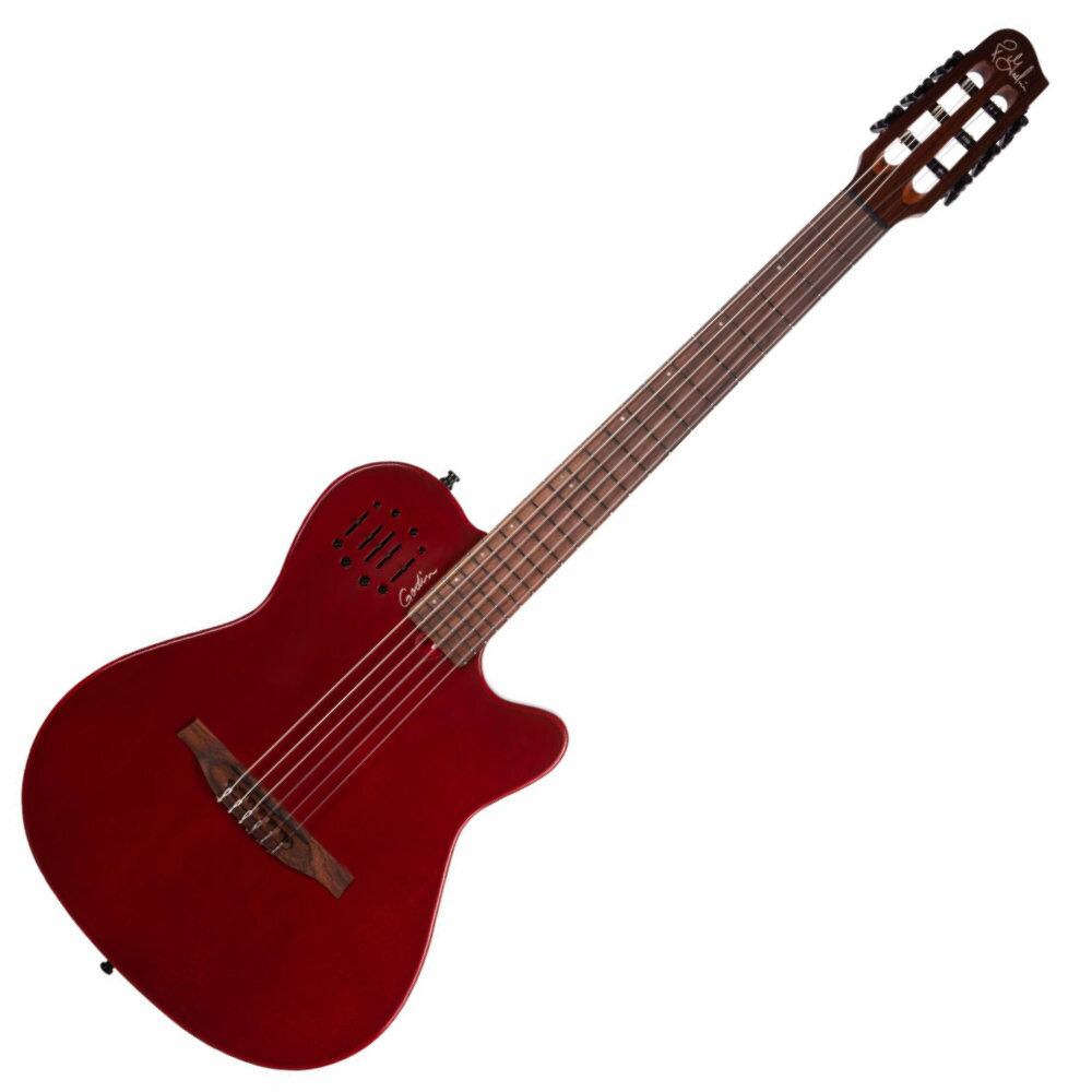 Godin ゴダン Multiac Mundial Aztek Red ナイロンギター30年前のMultiac Nylon SAを発表から、複数のバージョンMultiacを開発し、革新を続けてきました。そして、長年の研究開発の一つの集大成とも言えるモダンでスタイリッシュなモデル Multiac Mundialが完成しました。Multiacシリーズの1.9インチ(48.26 mm)ナット幅はそのままにシダートップ、シルバーリーフメイプルボディ、スパニッシュシダーネックの組み合わせは、ステージミュージシャンや旅のお供に最適な超軽量なモデルに仕上がりました。Godin Double Source Customプリアンプを搭載し、アンダーサドル・ピックアップとギター内のセンサーをミックス可能で、高い汎用性とプラグドでも自然なナイロンサウンドを実現。可能な限り自然なアコースティック・サウンドを実現するため、ホローボディデザインを採用し、より軽量で、ハウリングのリスクは少なく、より深い鳴りを実現しました。豊富なカラーバリエーション、美しいハイグロスフィニッシュで見た目にも美しいモデルに仕上がりました。超軽量シダートップ、シルバーリーフメイプルボディ、スパニッシュシダーネックの組み合わせは、ステージミュージシャンや旅のお供に最適な超軽量なモデルに仕上がりました。高い汎用性Godin Double Source Customプリアンプを搭載し、アンダーサドル・ピックアップとギター内のセンサーをミックス可能で、高い汎用性とプラグドでも自然なナイロンサウンドを実現。ホローボディデザイン可能な限り自然なアコースティック・サウンドを実現するため、ホローボディデザインを採用し、より軽量で、ハウリングのリスクは少なく、より深い鳴りを実現しました。特徴的なコントロールアンダーサドルピックアップとセンサーのブレンドが可能な3BAND EQを搭載。各EQはセンターからブーストorカットが可能なアクティブコントロールです。Specトップ材ソリッドシダーボディ材ダブルチェンバードシルバーリーフメイプルネックスパニッシュシダーナットGraphtechフィンガーボードローズウッドフィンガーボードR16"(406.4mm)ブリッジローズウッドピックアップシステムCustom Godin Dual Source System, 2 body sensors, Undersaddle bridgeコントロールOn-Board Preampフレット数22ナット幅1.9" (48.26 mm)スケール25.5" (647.7 mm)フィニッシュハイグロスサイズL1037 x W361 x D58mm (ボディ厚:45mm)ギグバッグ付属