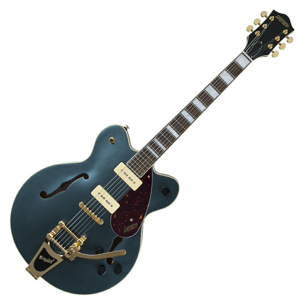 GRETSCH グレッチ G2622TG-P90 Limited Edition Streamliner Center Block P90 with Bigsby and Gold Hardware Gunmetal エレキギター セミアコギター感動的なガンメタルのサテンフィニッシュを採用した、G2622TG-P90 Limited Edition Streamliner Center Block P90 with Bigsbyは、ハイゲインに適したパフォーマンス、滑らかで快適な演奏性、華やかなスタイルという、シンプルな3つのな目的のために設計されています。G2622TG-P90は、チェンバード・スプルースのセンターブロックに、2基のP90 PUを搭載することで、音の力強さと逞しさが見事に調和しています。シングルコイルのP90 Soap Bar PUは、従来のハムバッカーよりも透明感のある音色でありながら、厚いミッドレンジを持ち、独特な力強いサウンドを実現しています。ボディ内部には、軽量のスプルース・センターブロックがボディの長さを這って設置され、それがトップ材を補強すると同時に、不要なフィードバックを排除し、現在のステージに対応する音量と、優れた演奏性を実現します。BigsbyライセンスのB70ゴールド・ビブラートテールピースで、演奏にきらめきと表情を加えましょう。簡単にロックな演奏ができるG2622TG-P90は、その演奏でステージやオーディエンスをコントロールしながら、他のミュージシャンとの差別化を図ることを願う、現代のミュージシャンにとっての“驚異的な楽器”です。【スペック】・モデル番号：2807100568・シリーズ：Limited Edition・オリエンテーション：Right-Hand・カラー：Gunmetal・原産国：ID・ネック：Set-Neck・ネックフィニッシュ：Satin・ネックシェイプ：Thin "U"・ネック：Set-Neck・フィンガーボードラジアス：12" (305 mm)・フィンガーボードの素材：Laurel・ポジションインレイ：Big Block・フレット数：22・ナット：Synthetic Bone・ナット幅：1.685" (42.8 mm)・ナットの素材：Synthetic Bone・ボディ：Laminated Maple・ボディフィニッシュ：Satin・ボディシェイプ：Streamliner Center Block・ボディトップ：Arched Laminated Maple・ボディバインディング：Aged White with B/W/B Purfling・ボディバック：Arched Laminated Maple・Body Style：Gretsch Center Block Guitars・ボディ素材：Laminated Maple・ブレイシング：Center Block・ウェイスト：9.5" (241mm)・Sound Hole：F-Holes・ブリッジ：Anchored Adjusto-Matic・ブリッジカバー/テイルピース：Bigsby-Licensed B70・Bridge Mounting：Anchored・ピックガード：3-Ply Tortoiseshell (べっ甲柄)・コントロールノブ：Black Vintage-Style・ハードウェアフィニッシュ：Gold・チューニングマシーン：Die-Cast・ストリング：Nickel Plated Steel (.010-.046 Gauges)・ネックプレート：None・ストラップボタン：Standard・ブリッジピックアップ：P90 Soap Bar・ネックピックアップ：P90 Soap Bar・ピックアップコンフィギュレーション：P90 / P90・コントロール：Volume 1. (Neck Pickup), Volume 2. (Bridge Pickup), Master Volume, Master Tone・スウィッチ：3-Position Toggle: Position 1. Bridge Pickup, Position 2. Bridge and Neck Pickups, Position 3. Neck Pickup・アッパーバウト：11.5" (29.2 cm)・ローワーバウト：16" (40.6 cm)・Body Depth：1.75" (44.45 mm)・フレットサイズ：Medium Jumbo・スケール：24.75" (629 mm)・ソフトケース付き