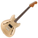 Fender フェンダー Tom DeLonge Starcaster RW CHW Satin Shoreline Gold エレキギターBlink 182のトム・デロングの新しいシグネイチャーモデル、オフセットセミホロウボディデザインのTom DeLonge Starcasterは、Seymour Duncan SH-5 Duncan Customハムバッカーを搭載し、歯切れの良いパワーコードやクランチ感溢れるリフプレイに最適な高出力トーンを提供します。トレブルブリード回路を備えたシングルマスターボリュームというシンプルなコントロールは、あらゆるボリュウームレベルで楽器本来のハイエンドを保ちながら煌びやかなクリーントーンとエッジの効いたドライヴサウンドを奏でます。ミディアムジャンボフレットと12インチラジアスローズウッド指板を採用した インチC インチシェイプネックは、快適でモダンな演奏性を提供します。また、ロッキングチューナーによる安定したチューニングと、ストップテイルピース付きのフルアジャスタブルブリッジにより、クラシックなルックスと柔軟なセットアップ調整、優れたチューニングの安定性を実現します。ヘッドストック裏とネックプレートには、トムのオリジナルサインを配しています。FEATURESSeymour Duncan SH-5 Duncan Customハムバッカーを搭載トレブルブリード回路を備えたマスターボリュームインチC インチシェイプのローストメイプルネックFenderロッキングチューナーミディアムジャンボフレットを採用した12インチラジアススラブローズウッド指板カスタムTom DeLongeネックプレート、ヘッドストック裏にシグネイチャーデカールを貼付●Generalシリーズ：Artist Signatureオリエンテーション：Right-Handカラー：Shoreline Gold原産国：IDPLATFORM：Artist●Neckヘッドストック：Roasted Mapleネックフィニッシュ：Gloss Urethaneネックシェイプ：Modern インチC インチネック：Bolt-Onフィンガーボードラジアス：12 インチ (305 mm)フィンガーボードの素材：Rosewoodポジションインレイ：Pearloid Dotサイドドットフレット数：22トラスロッド：Dual-Action Head Adjustトラスロッドナット：4 mm Hexナット：Synthetic Boneナット幅：1.650 インチ (42 mm)ナットの素材：Synthetic Bone●Bodyボディ：Laminated Maple with Center Blockボディフィニッシュ：Satin Urethaneボディシェイプ：Starcasterボディバインディング：Aged Whiteボディ素材：Laminated Maple with Center Block●Hardwareブリッジ：6-Saddle Adjustable Bridgeブリッジカバー/テイルピース：Stop Tailコントロールノブ：White Speedハードウェアフィニッシュ：Chromeチューニングマシーン：Fender Deluxe Staggered Cast/Sealed LockingSTRING TREES：Dual-Wingストリング：Nickel Plated Steel (.009-.042 Gauges)ネックプレート：4-Bolt Engravedストラップボタン：Standard●Electronicsブリッジピックアップ：Seymour Duncan Duncan Custom SH-5ミドルピックアップ：N/Aネックピックアップ：N/Aピックアップコンフィギュレーション：Hコントロール：Master Volume with Treble Bleedスウィッチ：N/A●Measurementsフレットサイズ：Medium Jumboスケール：25.5 インチ (64.77 cm)●AccessoriesRECOMMENED GIG BAG：0991612406 FENDER FE1225 ELECTRIC GUITAR GIG BAG●その他スタイル：1 Humbucking