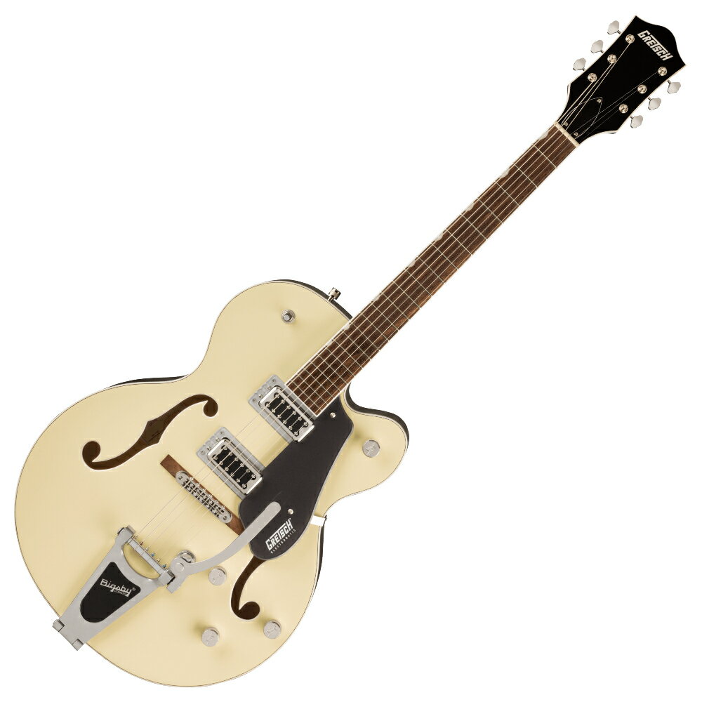 GRETSCH グレッチ G5420T Electromatic Classic Hollow Body Single-Cut with Bigsby Two-Tone VWT GRY エレキギターElectromatic Classic Hollow Bodyギターは、クラシックな'50年代と'60年代のグレッチギターにインスパイアされたサウンドとスタイリングを現代プレイヤー向けに再構築したモデルです。グレッチには欠かせないホロウボディサウンド、スタイリング、そしてプレイアビリティを備えたこれらのギターは、音楽的に次のステップを求めるプレイヤーにおすすめのモデルです。G5420T Electromatic Classic Hollow Body Single-Cut with Bigsbyは、洗練されたアーチ構造と、フィードバックを抑制するトレッスルブロックブレーシングを備えた、ヴィンテージギターにインスパイアされた外観のラミネートメイプルボディを採用しています。ボディトップとバックの剛性と接触効率を改善するトレッスルブロックデザインにより、サウンドの明瞭度、歯切れの良さ、そしてサスティンが増強さえれており、より速いアタックが得られます。またFT-5E Filter'Tronピックアップが、フルボディサウンドのパンチ感、クラシックな煌びやかさ、存在感、明瞭度、音の輪郭をさらに際立たせます。12インチラジアスのローレル指板を採用した新設計の"C"シェイプメイプルネックは、快適な弾き心地で演奏性とパフォーマンスを向上させます。コントロール部には、トレブルブリード回路付きマスターボリューム、マスタートーン、各ピックアップのボリュームコントロール、3ポジションピックアップトグルスイッチなど、多彩なアップグレードをフィーチャーしています。その他、バインディングされたオーバーサイズFホール、マルチプライボディバインディング、小さめの50年代後期G6120バウンドヘッドストック、ヴィンテージスタイルのオープンバックチューニングマシン、Graph Tech NuBoneナット、パーロイドNeo-Classicサムネイルインレイ、固定式Adjusto-Maticブリッジ、Bigsby B60ヴィブラートテイルピースといった特徴を備えています。●Generalシリーズ：Electromaticオリエンテーション：Right-Handカラー：Two-Tone Vintage White/London Grey原産国：CN●Neckヘッドストックバインディングネック：Mapleネックフィニッシュ：Glossネックシェイプ：Classic "C"ネック：Set-Neckフィンガーボードラジアス：12" (305 mm)フィンガーボードの素材：Laurelポジションインレイ：Pearloid Neo-Classic Thumbnailサイドドットフレット数：22ナット：Graph Tech NuBoneナット幅：1.6875" (42.86 mm)ナットの素材：Graph Tech NuBone●Bodyボディ：Laminated Mapleボディフィニッシュ：Glossボディシェイプ：Electromatic Hollow Bodyボディトップ：Arched Laminated Mapleボディバインディング：White with B/W/B Purflingボディバック：Arched Laminated MapleBODY STYLE：Gretsch Hollow Body Guitarsボディ素材：Laminated MapleCUTAWAY：Single Cutawayブレイシング：Trestle Blockウェイスト：9.625" (244.48 mm)SOUND HOLE：F-Holes, Bound●Hardwareブリッジ：Adjusto-Matic with Secured Laurel Baseブリッジカバー/テイルピース：Bigsby B60BRIDGE MOUNTING：Securedピックガード：London Grey with White Gretsch & Electromatic Logoピックアップカバー：Nickelコントロールノブ：G-ArrowSWITCH TIP：Nickelハードウェアフィニッシュ：Nickelチューニングマシーン：Vintage-Style Open-Backストリング：Nickel Plated Steel (.011-.049 Gauges)ストラップボタン：Gretsch Knurled Strap Retainer Knobs●Electronicsブリッジピックアップ：FT-5E Filter’Tronネックピックアップ：FT-5E Filter’Tronピックアップコンフィギュレーション：Filter'Tron / Filter'Tronコントロール：Volume 1. (Neck Pickup), Volume 2. (Bridge Pickup), Master Volume with Treble Bleed, Master Toneスウィッチ：3-Position Toggle: Position 1. Bridge Pickup, Position 2. Bridge And Neck Pickups, Position 3. Neck Pickup●Measurementsアッパーバウト：11.625" (295 mm)ローワーバウト：16" (406 mm)BODY DEPTH：2.75" (70 mm)フレットサイズ：Medium Jumboスケール：24.6" (625 mm)