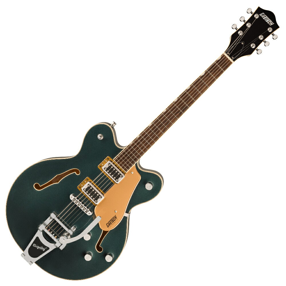 GRETSCH グレッチ G5622T Electromatic Center Block Double-Cut with Bigsby Cadillac Green エレキギターElectromatic Center Blockギターは、ピュアでパワフルなグレッチサウンドを大音量で存分にお楽しみいただけるモデルです。G5622 Electromatic Center Block Double-Cut with V-Stoptailは、ダブルカッタウェイのメイプルボディに、ダイナミックなレゾナンス、ハイゲインパワー、軽量で優れた弾き心地を実現するチェンバードスプルースをセンターブロックに採用しています。2基のBlack Top Broad'Tronハムバッカーはダイナミックで明瞭なトーンとともにキメの細かいハイエンドを奏で、サウンドにパンチを与えます。トレブルブリード回路付きマスターボリューム、マスタートーン、ブリッジとネックピックアップの独自ボリュームコントロール、3ポジションのピックアップトグルスイッチといったコントロール類により、そのパワフルなサウンドをフレキシブルにデザインすることができます。その他、固定式Adjusto-Maticブリッジ、Graph Tech NuBoneナット、Gアローノブなどの特徴を備えています。G5622は全モデル、エイジドホワイトカラーのボディバインディングにマルチプライのパーフリング、ニッケルハードウェアを採用しています。●Generalシリーズ：Electromaticオリエンテーション：Right-Handカラー：Cadillac Green原産国：CN●Neckヘッドストックバインディングネック：Mapleネックフィニッシュ：Glossネックシェイプ：Thin "U"ネック：Set-Neckフィンガーボードラジアス：12" (305 mm)フィンガーボードの素材：Laurelポジションインレイ：Pearloid Neo-Classic Thumbnailサイドドットフレット数：22ナット：Graph Tech NuBoneナット幅：1.6875" (42.86 mm)ナットの素材：Graph Tech NuBone●Bodyボディ：Laminated Mapleボディフィニッシュ：Glossボディシェイプ：Center Blockボディトップ：Arched Mapleボディバインディング：Aged White with B/W/B Purflingボディバック：Arched Laminated MapleBODY STYLE：Gretsch Center Block Guitarsボディ素材：Laminated Mapleブレイシング：Center BlockSOUND HOLE：F-Holes●Hardwareブリッジ：Adjusto-Maticブリッジカバー/テイルピース：Bigsby B70BRIDGE MOUNTING：Anchoredピックガード：Gold Plexi with Black Gretsch and Electromatic Logosピックアップカバー：Nickelコントロールノブ：G-ArrowSWITCH TIP：Nickelハードウェアフィニッシュ：Nickelチューニングマシーン：Die-Cast Sealedストリング：Nickel Plated Steel (.010-.046 Gauges)ネックプレート：Noneストラップボタン：Gretsch Knurled Strap Retainer Knobs●Electronicsブリッジピックアップ：Black Top Broad’Tronネックピックアップ：Black Top Broad'Tronピックアップコンフィギュレーション：Broad'Tron / Broad'Tronコントロール：Volume 1. (Neck Pickup), Volume 2. (Bridge Pickup), Master Volume, Master Toneスウィッチ：3-Position Toggle: Position 1. Bridge Pickup, Position 2. Bridge and Neck Pickups, Position 3. Neck Pickup●MeasurementsBODY DEPTH：1.75" (44.45 mm)フレットサイズ：Medium Jumboスケール：24.6" (625 mm)