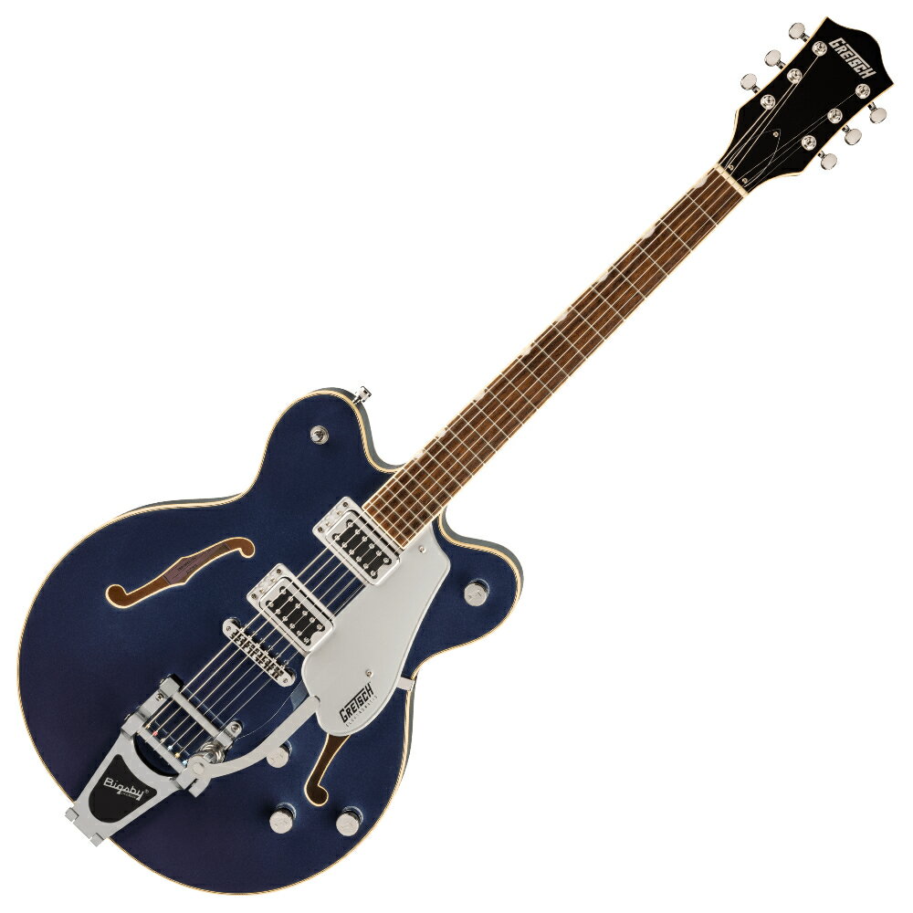 GRETSCH グレッチ G5622T Electromatic Center Block Double-Cut with Bigsby Midnight Sapphire エレキギターElectromatic Center Blockギターは、ピュアでパワフルなグレッチサウンドを大音量で存分にお楽しみいただけるモデルです。G5622T Electromatic Center Block with Bigsbyは、ダブルカッタウェイのメイプルボディに、ダイナミックなレゾナンス、ハイゲインパワー、軽量で優れた弾き心地を実現するチェンバードスプルースをセンターブロックに採用しています。2基のBlack Top Broad'Tronハムバッカーはダイナミックで明瞭なトーンとともにキメの細かいハイエンドを奏で、サウンドにパンチを与えます。トレブルブリード回路付きマスターボリューム、マスタートーン、ブリッジとネックピックアップの独自ボリュームコントロール、3ポジションのピックアップトグルスイッチといったコントロール類により、そのパワフルなサウンドをフレキシブルにデザインすることができます。その他、固定式Adjusto-Maticブリッジ、Bigsby B70ヴィブラートテイルピース、Graph Tech NuBoneナット、Gアローノブなどの特徴を備えています。G5622Tは全モデル、エイジドホワイトカラーのボディバインディングにマルチプライのパーフリング、ニッケルハードウェアを採用しています。●Generalシリーズ：Electromaticオリエンテーション：Right-Handカラー：Midnight Sapphire原産国：CN●Neckヘッドストックバインディングネック：Mapleネックフィニッシュ：Glossネックシェイプ：Thin "U"ネック：Set-Neckフィンガーボードラジアス：12" (305 mm)フィンガーボードの素材：Laurelポジションインレイ：Pearloid Neo-Classic Thumbnailサイドドットフレット数：22ナット：Graph Tech NuBoneナット幅：1.6875" (42.86 mm)ナットの素材：Graph Tech NuBone●Bodyボディ：Laminated Mapleボディフィニッシュ：Glossボディシェイプ：Center Blockボディトップ：Arched Laminated Mapleボディバインディング：Aged White with B/W/B Purflingボディバック：Arched Laminated MapleBODY STYLE：Gretsch Center Block Guitarsボディ素材：Laminated Mapleブレイシング：Center BlockSOUND HOLE：F-Holes●Hardwareブリッジ：Anchored Adjusto-Maticブリッジカバー/テイルピース：Bigsby B70BRIDGE MOUNTING：Anchoredピックガード：Silver Plexi w/ Black Gretsch & Electromatic Logosピックアップカバー：Nickelコントロールノブ：G-ArrowSWITCH TIP：Nickelハードウェアフィニッシュ：Nickelチューニングマシーン：Die-Cast Sealedストリング：Nickel Plated Steel (.010-.046 Gauges)ネックプレート：Noneストラップボタン：Knurled Strap Retainer Knobs●Electronicsブリッジピックアップ：Black Top Broad’Tronネックピックアップ：Black Top Broad'Tronピックアップコンフィギュレーション：Broad'Tron / Broad'Tronコントロール：Volume 1. (Neck Pickup), Volume 2. (Bridge Pickup), Master Volume, Master Toneスウィッチ：3-Position Toggle: Position 1. Bridge Pickup, Position 2. Bridge and Neck Pickups, Position 3. Neck Pickup●MeasurementsBODY DEPTH：1.75" (44.45 mm)フレットサイズ：Medium Jumboスケール：24.6" (625 mm)