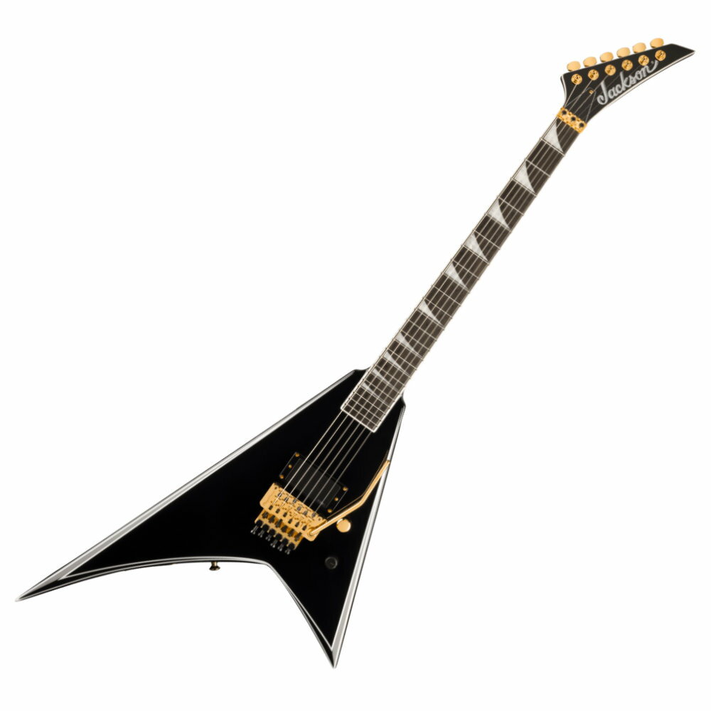 Jackson ジャクソン Concept Series Limited Edition Rhoads RR24 FR H Black with White Pinstripes エレキギターハイパフォーマンスを象徴するJacksonギターシェイプに、カスタムショップモデルに見られるようなアップグレードや特性を備えた、本格志向のハイパフォーマンスギタリストのためにデザインされた楽器を魅力的な価格帯で実現したConceptシリーズ。ランディ・ローズによって開拓されたメタルレガシーを進化させ続ける、Concept Series Rhoads RR24 FR Hは、洗練されたオフセットボディと先鋭的なシェイプを特徴とし、アグレッシブなトーンと快適なプレイアビリティを優れた価格で実現しました。人間工学に基づいて設計されたスルーネックは、圧倒的なサスティンを誇る24本のジャンボステンレスフレットを備え、長時間のプレイにおいても快適な演奏性を実現します。3ピースメイプルネックには環境変化の影響を最小限に止めるグラファイト補強ロッドを内蔵し、グロスカラーのマッチングネックが魅力的なタッチを添えています。12〜16インチコンパウンドラジアスのバウンドドエボニー指板は、ナット部からハイポジションに向けて徐々にフラットな形状に変化していき、弦落ちを気にせずに素早いリードプレイが弾けるようにデザインされています。またネックサイドには高視認性の蓄光式Luminlayサイドドットを備え、暗いステー上でも正確なフレットポジションを把握することが可能です。ブリッジポジションに搭載されたEMG 81ピックアップは高出力仕様で、ミッドレンジの豊かなハーモニクスと、インパクトのあるクランチ感を提供します。EMG Afterburnerプッシュ／プルポットは、フル回転時に最大20dBのブーストが可能で、ソロ時の出力を最大化したいプレイヤーに最適です。トップマウントのFloyd Rose 1000 Seriesダブルロッキングトレモロは、大胆なアーミングを行なってもチューニングの安定性を保ちます。洗練されたスタイリングのRhoads RR24 FR Hアルダーボディは、ブラックフィニッシュにホワイトのピンストライプが施され、Jacksonチューニングマシンやロッキングストラップボタンを含むゴールドハードウェア、特徴的なパーロイドシャークフィンインレイ、6インラインのマッチングJacksonポインティヘッドを装備しています。【spec】Body Material: AlderBody Finish: GlossNeck: 3-Piece Maple,Neck Finish: Gloss Color MatchedFingerboard: Ebony, 12” to 16” Compound Radius (304.8 mm to 406.4 mm) Frets: 24, Jumbo Stainless SteelPosition Inlays: Pearloid Sharkfin (Ebony)Nut (Material/Width): Floyd Rose 1000 Series Locking, 1.6875” (42.86 mm)Tuning Machines: Jackson Sealed Die-Cast Scale Length: 25.5” (64.77 cm)Bridge: Floyd Rose 1000 Series Double-Locking Tremolo (Recessed) Pickups: EMG 81 (Bridge), (Middle), (Neck)Pickup Switching: NoneSpecial Electronics: EMG AB (Afterburner)Controls: Volume Control Knobs: Dome-StyleHardware Finish: GoldStrings: Nickel Plated Steel (.009-.042 Gauges)Case/Gig Bag: Included Jackson RR Foam Core Case (p/n 299-7742-100)