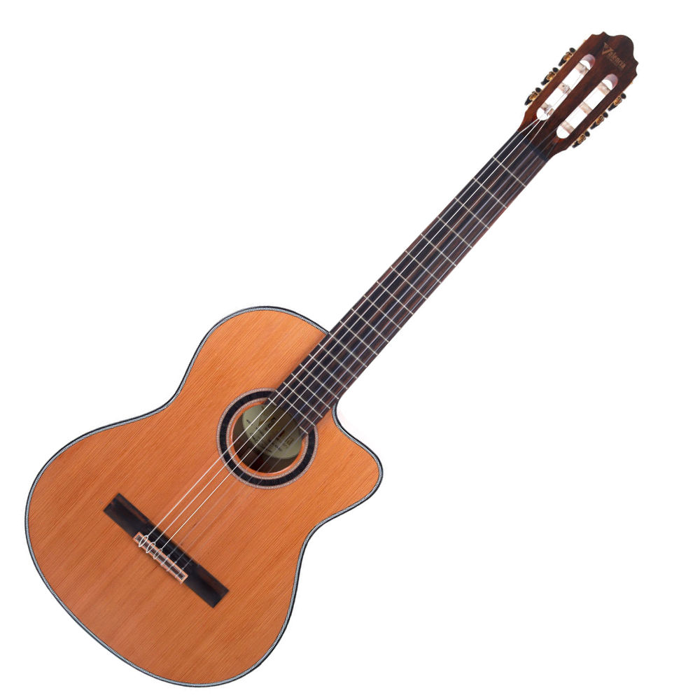 Valencia バレンシア VC774TCE 4/4サイズ エレガットギター クラシックギター4/4サイズのシンボディ（薄型ボディ）Fishman Sonitone搭載のエレガットギター4/4サイズの70mm厚のシンボディ（薄型ボディ）エレガットギターです。シンボディによりアコースティックギターやエレキギターの持ち替えでの演奏も違和感を少なくしていますが、革新的なToneFlowブレーシングを施したソリッドシダートップと厳選されたマホガニー・バック＆サイドの組み合わせで、暖かく力強くはっきりとしたバランスの良いサウンドを奏で、豊かな音色を保つよう設計されています。マホガニーネックを採用し、弦の振動を無駄なく表板に伝えます。また、カッタウェイを採用し、ハイフレットでの演奏性を向上、Fishman Sonitoneを搭載し、幅広い現場で活躍できるモデルです。アマラエボニーフィンガーボードとブリッジ、ウッドロゼッタ、オリジナルの糸巻きがエレガントなルックスを演出しています。Specタイプ：シンボディクラシックギターサイズ：4/4トップ：ソリッドレッドシダーバック&サイド：ウォルナットネック：マホガニーフィンガーボード：アマラエボニーブリッジ：アマラエボニーナット：Graphtech NuBoneフレット数:19スケール：650mmナット幅：53mmボディフィニッシュ：トップ：サテン /バック&サイド:グロスネックフィニッシュ：グロスピックアップシステム：Fishman Sonitoneギグバッグ付属