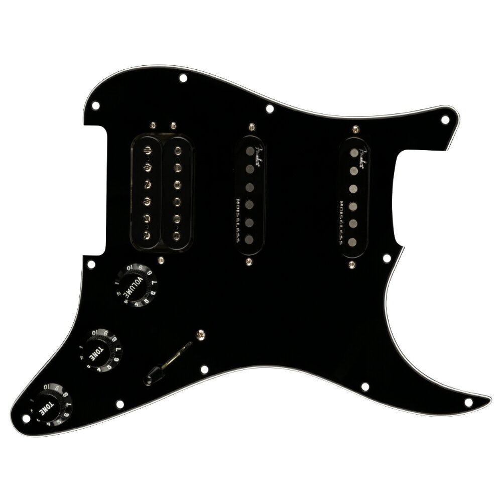 Fender フェンダー Pre-Wired Strat Pickguard Shawbucker Black ストラトキャスター用 ピックガード ピックアップ ギターパーツ※ギターパーツの取り扱いには、相応の技術と知識が必要になります。自己責任にて取り扱い可能な方のみ、ご検討下さい。取り付け時に起った、楽器及びパーツの破損・損傷等につきましては当店は保証出来ません。あらかじめご了承下さい。ピックアップとピックガードが一体型になったプリワイヤードピックガードアッセンブリー。フェンダーのアイコニックなギター製品と同じ工場で、プレミアムなコンポーネントを使用し製造されています。古いピックガードとピックアップを取り外し、ギターのアウトプットジャックとグランドに半田付けするだけで、ピュアなフ ェンダートーンが得られます。Shawbucker 1ブリッジピックアップ、第4世代Noiselessミドル＆ネックピックアップアルニコ2マグネットを採用したShawbucker 1エナメルコーティングされたマグネットワイヤーノイズフリーなヴィンテージStratocasterトーンを実現した第4世代Noiselessピックアップスタッガードアルニコ5マグネットを採用Treble bleedサーキットを搭載●Generalシリーズ：Pre-Wired Pickguardsオリエンテーション：Right-Handカラー：Black機器タイプ：Stratocaster原産国：US●Hardwareピックガード：3-Ply BlackPICKGUARD PLY：3-Plyピックアップカバー：Aged Whiteコントロールノブ：Aged White PlasticSWITCH TIP：Aged Whiteハードウェアフィニッシュ：Chromeマウントタイプ：11-Hole Modern●Electronicsブリッジピックアップ：Shawbuckerミドルピックアップ：4th Generation Noiselessネックピックアップ：4th Generation Noiselessピックアップコンフィギュレーション：HSSリード線：Vinyl-coveredマグネット線：Enamel-coatedシールドされた：Yesポールピース：Neck/Middle: Staggeredコントロール：Master Volume, Tone 1. (Neck Pickup), Tone 2. (Bridge/Middle Pickup)DC抵抗Bridge: 7.6k, Neck/Middle: 10.3kインダクタンスBridge: 4.5, Neck/Middle: 3.2 Henriesポテンショメーター：CTS 500K (Volume), CTS 1 MEG (Tone 1 & 2)●その他スタイル：2 Single-Coil / 1 Humbucking