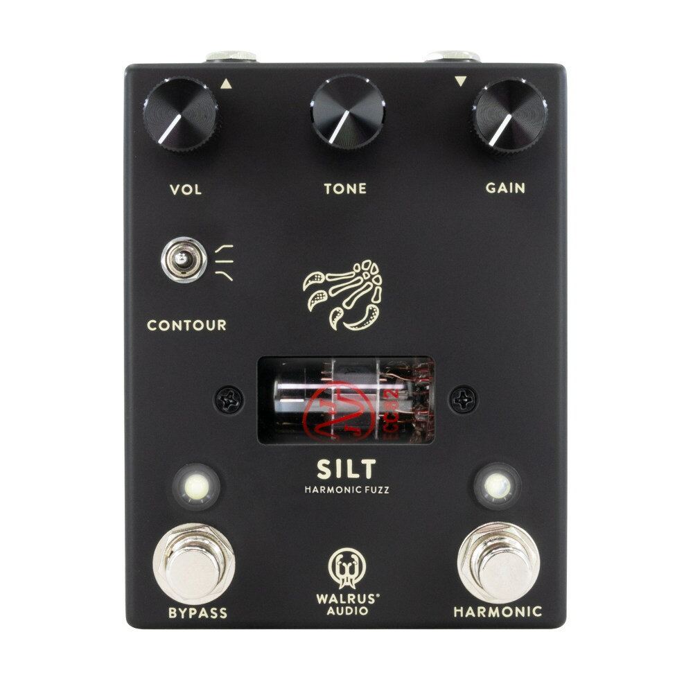 WALRUS AUDIO ウォルラスオーディオ WAL-SILT #BK Silt Harmonic Fuzz BLACK ファズ ギターエフェクター【衝撃の真空管ファズサウンド】真空管のエクスパートJim Hagermanとのコラボレーション・プロジェクトであるSILTは、豊かな倍音のファズを求める人のために特別に作られました。12AU7チューブの独特の暖かさを備えたアナログ回路をドライブセクションとして搭載しており、ユニークでワイルドなサウンドを探究できます。ハーモニックスイッチを押せばコードやリズミカルなパートに最適な、非常に豊かなファズトーンを作り出せる2 in 1ファズです。■ 12AU7 Tube Drive：12AU7チューブセクションは、ウォームで骨太なファズサウンド生み出します。この音の化石を発掘し、サウンドを琥珀色の暖かさで包み込みながら、チューブ・ファズならではのザラザラ感、うなり、ハーモニックで複雑なテクスチャーを提供します。■ Harmonic Mode：Harmonic Modeは、ペダルのドライブ・セクションの前で周波数ダブラーが機能します。歯切れのよいオクターブのようなサウンドが作り出され、リード・トーンに独特なエッジを与えます。ギターのトーン・ノブをオフにしてお試しください。■ Contour Control：Contourコントロールでは精密にファズトーンを洗練し、幅広い音色を実現します。プリチューブEQステージで、ハイパス（アップ）、フラット（ミドル）、ローパス（ダウン）のカーブを切り替えます。異なるスタイルのピックアップを切り替える際に特に役立ちます。焼けつくようなリードも、ウールのようなリズムにも、Siltは驚くほどあなたのスタイルに適応します。■ 電源9V〜12Vに対応：SILTは9V〜12Vで動作するように設計されており、その電圧よって更なるファズを体験できます。ペダルを12Vで使用すると、ゲインがさらにブーストされ、ファズの根本の限界を押し広げ、焼けつくようなトーンを実現します。・電源：9V-12V DC センターマイナス（アダプター専用）300mA minimum・SIZE：9.3cm(W)× 5.8(H)×12.3(D)cm・WEIGHT：362g・COLOR：#BK（BLACK）