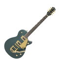 GRETSCH グレッチ G5230TG Electromatic Jet FT Single-Cut with Bigsby and Gold Hardware Laurel Fingerboard Cadillac Green エレキギター65 年間にわたり、Gretsch Jet は象徴的なプレーヤーの象徴的なサウンドであり続けています。 Bigsby および Gold Hardware を備えたまったく新しい G5230TG Electromatic Jet FT シングルカットは、驚くべき価格で重要な Jet パワーと忠実度を実現します。チェンバード・マホガニー・ボディ - 大音量でクリアなサウンドクラシックなジェットトーンは、メイプルトップを備えたチェンバードマホガニーボディで始まり、非常にスムーズで存在感のあるハイエンドを備えた完全な低域と中域を生成します。 その結果、堅牢でありながらバランスの取れた深い音響基盤が得られます。Black Top Filter'Tron ピックアップ - 典型的なパワーとクラリティBlack Top Filter'Tron ピックアップは、Electromatic Jet FT のチャンバードボディを増幅して強調し、ワイドでバランスのとれた透明なトーンを生み出します。 大音量でパンチの効いたこの Jet は、どのゲインレベルでも驚くべき解像度でサウンドを鳴らします。 ボディとピックアップが一体となって、フルで反応の良い低域と中域を轟かせ、スパイクのない輝きを放つ高域を実現します。トータルトーンコントロールElectromatic Jet FT には、完全な音質コントロールを実現する重要な機能が装備されています。 個別のピックアップボリュームコントロール、マスタートーン、トレブルブリード回路を備えたマスターボリュームの組み合わせにより、ピックアップとトーン設定を直感的にグローバルにコントロールできます。【スペック】・プロダクトネーム：G5230TG Electromatic Jet FT Single-Cut with Bigsby and Gold Hardware, Laurel Fingerboard, Cadillac Green・モデル番号：2507310546・シリーズ：Electromatic・オリエンテーション：Right-Hand・カラー：Cadillac Green・原産国：CN・ネック：Mahogany・ネックフィニッシュ：Gloss Urethane・ネックシェイプ：Thin "U"・フィンガーボードラジアス：12" (305 mm)・フィンガーボードの素材：Laurel・ポジションインレイ：Pearloid Neo-Classic Thumbnail・フレット数：22・ナット：Synthetic Bone・ナット幅：1.6875" (42.86 mm)・ナットの素材：Synthetic Bone・ボディ：Chambered Mahogany・ボディフィニッシュ：Gloss・ボディシェイプ：Jet・ボディトップ：Arched Laminated Maple・ボディバインディング：White with B/W Purfling・Body Style：Gretsch Chambered Body Guitars・ボディ素材：Chambered Mahogany・ブレイシング：Chambered・ウェイスト：8.5" (216 mm)・ブリッジ：Adjusto-Matic・ブリッジカバー/テイルピース：Bigsby B50・Bridge Mounting：Anchored・ピックガード：Gold Plexi with Black Gretsch and Electromatic Logos・コントロールノブ：G-Arrow・ハードウェアフィニッシュ：Gold・チューニングマシーン：Die-Cast・ストリング：Nickel Plated Steel (.010-.046 Gauges)・ネックプレート：NA・ブリッジピックアップ：Black Top Filter'Tron・ミドルピックアップ：N/A・ネックピックアップ：Black Top Filter'Tron・ピックアップコンフィギュレーション：HH・コントロール：Volume 1. (Neck Pickup), Volume 2. (Bridge Pickup), Master Volume, Master Tone・スウィッチ：3-Position Toggle: Position 1. Bridge Pickup, Position 2. Bridge And Neck Pickups, Position 3. Neck Pickup・Special Electronics：N/A・フレットサイズ：Medium Jumbo・スケール：24.6" (625 mm)