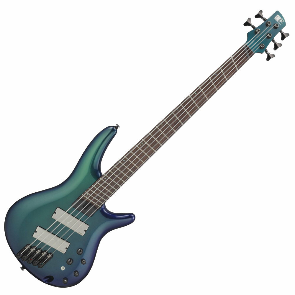 Ibanez アイバニーズ SRMS725-BCM SR BASS WORKSHOP 5弦エレキベース- ジャンル・レスに多くのプレイヤーが弾けることを意識しつつ採用したマルチ・スケール・システム 平行フレットを9フレットに設定、極端な角度を付ける事無く低音弦でもテンション感を確保しながら全弦に渡りロー~ハイ・フレット側ともに弾き難さを感じさせないフレットの傾き(スケール:34.5in~33.5in)を採用しています。- ネック材として定番のメイプル材と硬質なウォルナット材をラミネートした5pc スリム・ネック- 中低音域特性に富むオコウメ材をなめらかに両面アーチを描くよう成型したSRボディ- 各弦独立構造のMono-Railブリッジをさらに進化させたMR5Sブリッジ サドルが左右方向に±1.5mm可動する構造を持ち、弦間ピッチを一定幅自在に設定できます。- 3つのモード切替(ボイス・チェンジ)が可能なFishman FluenceTMピックアップ トップカバーはブラッシュド・ステンレス仕上げです。- 3バンド・コントロールを備えたFishman製アクティブ・イコライザー ボリューム・コントロールにはシングル・コイル・モードへの切り替え機能も備えた新開発のEQシステムです。(006P9Vアルカリ乾電池x1駆動)- 1回転のピッチ変化に着目し各弦で異なるギア比を採用するGraph Tech RATIOマシンヘッド - 角度によってカメレオンのように色味が変わる、BCM(Blue Chameleon)フィニッシュSpecs- Neck type：RMS4 for Multi Scale 5pc Maple/Walnut neck- Body：Okoume body- Fretboard：Panga Panga fretboard w/Off-set white dot inlay- Fret：Medium frets- Bridge：MR5S bridge (19mm string spacing)- Neck pickup：Fishman FluenceTM neck pickup- Bridge pickup：Fishman FluenceTM bridge pickup- Equalizer：Fishman 3-band EQ w/Single Coil Mode switch (push/pull), 3-way Voice Select switch- Hardware color：Blackカラー：BCM (Blue Chameleon)