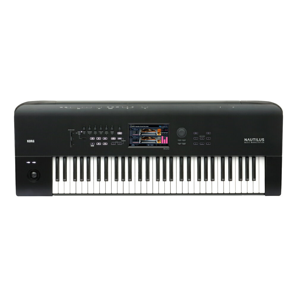 KORG NAUTILUS-61 アウトレット 61鍵盤 デジタルシンセサイザー※本商品はアウトレット品となっております。元箱の傷み、開封痕、小傷などありますのでご了承いただける方のみご検討ください。通常品新品との交換はいかなる場合でもお受け出来ませんのであらかじめご了承ください。動作面に関しては通常品と同じ基準でメーカー保証が受けられます。眩いサウンドのすべてがここにある。ワークステーションだからできること。NAUTILUS（ノーチラス）はこのテーマに対する回答を模索しました。音源からエフェクト、アナログ回路に至るまで、これまでの膨大なノウハウを活かしつつ、トータルで自社設計することによるアドバンテージ。指でノブを動かすとダイレクトに音が変化していく快感。人と一体となって音楽という芸術の高みを追求し、そこから生みだされた美しい響きが、演奏や楽曲をさらに輝かしいものにする。そんな楽器としての本来の姿を再確認しました。これを選んでくれた人にとって愛着の湧くものでありたい。史上最強にして、唯一無二のミュージック・ワークステーション、NAUTILUS。【特長】・圧倒的な表現力を誇る9種類のサウンド・エンジン・3つのテーマに沿った新しい音色・繊細な表現を可能にするダイナミクス・ノブ・直感的にサウンドを変化させるRTノブ・操作性を追求したユーザー・インターフェース・便利なアルペジエーター、ドラム・トラック・コルグ独自のタッチ・ビュー機能・ライブや現場で威力を発揮するセット・リスト・モード・サンプリング機能・16トラックMIDIシーケンサー/16トラック・オーディオ・レコーダー・全16系統を同時使用可能、専用機を凌駕するリッチで高品位なエフェクト・nanoPAD2など、USB MIDIコントローラー接続が可能・全モードで常に有効、音色切り替え時の音切れを解消したスムース・サウンド・トランジション・ピアノ・タッチの88-keyモデル、ライト・タッチの73、61-keyモデル【Specifications】●システム、鍵盤：・システム NAUTILUS System Version 1.0・鍵盤：61鍵：ナチュラル・タッチ・セミ・ウェイテッド、C〜C / ベロシティ対応、アフター・タッチ非対応●一般：・メディア：　ロード、セーブ、ユーティリティ、データ・ファイラー機能　（MIDIシステム・エクスクルーシブ・データのロード/セーブ）、CD-R/RW（UDF Format read/write）　ISO9660 Level 1・コントローラー：　ジョイ・スティック、SW1、2 　アルペジエーター・コントロール：ボタンON/OFF、LATCH、GATE、VELOCITY、LENGTH、SWING、TEMPO 　DRUMコントロール：ボタンON/OFF、SWING、DRUM SD、TEMPO・ディスプレイ：　タッチビュー・グラフィカル・ユーザー・インターフェイス、7インチ・カラーTFT液晶ディスプレイ、WVGA（800x480ピクセル）、明るさ調節付き・主要規格：　周波数特性：20Hz〜22kHz、±1.0dB、10kΩ負荷 　THD+N：20Hz〜22kHz、0.01%、10kΩ負荷（標準）　S/N比：95dB（標準） 　ダイナミック・レンジ：95dB（標準）　クロストーク：95dB @ 1kHz（標準）・オーディオ・アウトプット：　・L/MONO、R、インディビジュアル1-4： 　　Φ6.3mm TRSフォーン・ジャック（平衡） 　　出力インピーダンス：350Ω（ステレオ）、175Ω（モノ） 　　規定レベル：+4.0dBu 　　最大レベル：+16.0dBu 　　負荷インピーダンス：600Ω以上、 　　L/MONOのみ、MASTER VOLUMEスライダーによるコントロールが可能 　・ヘッドホン： 　　Φ6.3mm TRSフォーン・ジャック 　　出力インピーダンス：33Ω 　　最大レベル：60+60mW（33Ω） 　　MASTER VOLUMEスライダーによるコントロールが可能 　・USB B：　　フォーマット：24bit 　　サンプル・レート：48kHz 　　2チャンネル（L/MONO、Rと同じ出力）・オーディオ・インプット：　・AUDIO INPUT1、2： 　　Φ6.3mm TRSフォーン・ジャック（平衡） 　　入力インピーダンス：10kΩ 　　規定レベル（LINE）：+4.0dBu 　　最大レベル（LINE）：+16.0dBu 　　規定レベル（MIC）：-22dBu 　　最大レベル（MIC）：-10dBu 　　ソース・インピーダンス：600Ω 　・USB B： 　　フォーマット：24bit 　　サンプル・レート：48kHz 2チャンネル・コントロール・インプット：ダンパー・ペダル（ハーフ・ダンパー対応） /　アサイナブル・スイッチ、アサイナブル・ペダル・MIDI：IN、OUT、THRU・USB：　USB A（TYPE A）：QWERTYキーボード、USB MIDI、USBストレージ・デバイス、USBEthernetアダプターとの接続用 　USB B（TYPE B）：MIDI/オーディオ・インターフェース、MIDI 1（16ch）イン/1（16ch）アウト、オーディオ：2chイン/2chアウト 　USB規格Ver.2.0に準拠、ハイ・スピード（480Mbps対応）・ディスク・ドライブ：60GB SSD・電源：AC電源端子、電源ボタン・外形寸法：61鍵モデル：1,062（W） x 386（D）x 116（H） mm・質量：61鍵モデル：13.0 kg・消費電力：40W【付属品】・電源コード・クイック・スタート・ガイド【別売アクセサリー】・ボリューム/エクスプレッション・ペダル：XVP-20 ・フット・コントローラー：EXP-2 ・ダンパー・ペダル：DS-1H ・ペダル・スイッチ：PS-1, PS-3